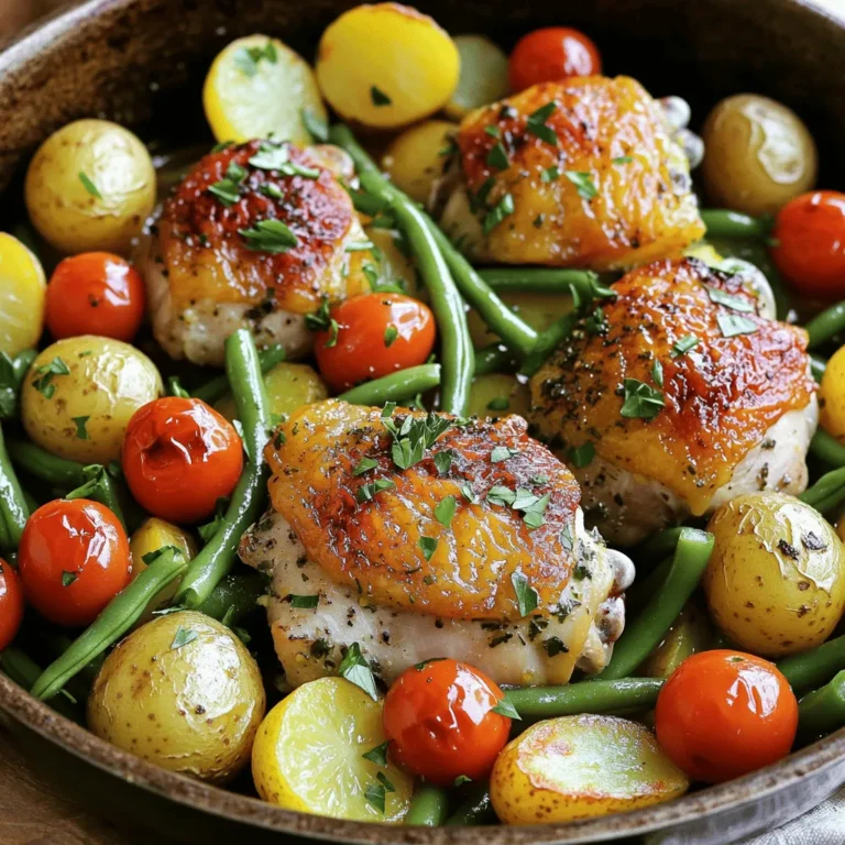 - 4 bone-in, skin-on chicken thighs - 2 tablespoons olive oil - 1 lemon (zest and juice) - 3 cloves garlic, minced To make this dish sing, start with chicken thighs. They are juicy and flavorful. The skin helps keep the meat moist while it cooks. Next, grab some olive oil to bring everything together. The lemon zest and juice add brightness. Garlic gives that lovely savory punch. - 1 teaspoon dried oregano - 1 teaspoon dried thyme - 1 teaspoon dried rosemary - Salt and pepper to taste Herbs are key for flavor. Oregano, thyme, and rosemary work well here. They blend perfectly with lemon and chicken. Use salt and pepper to bring out all the tastes. - 2 cups baby potatoes, halved - 1 cup green beans, trimmed - 1 cup cherry tomatoes - Fresh parsley, chopped (for garnish) Now, let’s talk veggies. Baby potatoes add heartiness. Green beans give a nice crunch. Cherry tomatoes burst with sweetness. Finally, fresh parsley adds color and a fresh taste. Together, they create a colorful and tasty meal. For the complete list of steps, you can check the Full Recipe. - Preheat your oven to 425°F (220°C). - In a bowl, mix olive oil, lemon zest, lemon juice, minced garlic, oregano, thyme, rosemary, salt, and pepper to make a marinade. - Take your chicken thighs and coat them in the marinade. Let them sit for at least 15 minutes. This step helps the flavors soak in. - Use a large oven-safe skillet. Arrange halved baby potatoes in a single layer. - Place the marinated chicken thighs on top, skin-side up. - Scatter trimmed green beans and cherry tomatoes around the chicken and potatoes. - Drizzle any leftover marinade over the veggies for extra flavor. - Roast everything in the oven for 35-40 minutes. Check that the chicken reaches 165°F (75°C). The skin should be crispy and golden, and the potatoes should be tender. - If you want crispier skin, broil for 2-3 minutes. - After cooking, let it rest for 5 minutes. Garnish with fresh chopped parsley before serving. - Refer to the Full Recipe for comprehensive guidance. To get that perfect crispy skin, I always use the broil step at the end. Broiling gives the chicken a golden and crunchy layer. Keep an eye on it to avoid burning. After baking, let the chicken cool for a few minutes. This helps the juices settle. Resting it also makes the meat tender and juicy. Want to take your dish to the next level? Add more herbs like basil or cilantro. You can also mix in spices like smoked paprika or cumin. These can enhance the flavors. For more zing, splash in extra lemon juice or a bit of vinegar. This will brighten the dish and balance the flavors. Choosing the right vegetables is key. Look for seasonal veggies like asparagus in spring or squash in fall. These taste better and are fresher. If you have favorites, feel free to swap them in. Broccoli, bell peppers, or zucchini all work great. Adjust based on what you enjoy. {{image_2}} You can switch the chicken thighs for chicken breasts or drumsticks. Chicken breasts cook faster and are leaner. Drumsticks have more flavor and a crispy texture. If you want a lighter option, try fish like salmon or cod. Fish cooks quickly and adds a fresh taste. For a vegan choice, use tofu. Tofu absorbs flavors well and gives a nice texture. Instead of baby potatoes, sweet potatoes add a hint of sweetness. You can also use squash for a different taste. For greens, swap green beans with broccoli or zucchini. Both add crunch and color to your dish. Don't be afraid to mix in seasonal veggies based on what you have! You can use a slow cooker for a hands-off meal. Just add all the ingredients and cook on low for 6-8 hours. An instant pot can speed things up. Cook on high pressure for about 15 minutes. If grilling, marinate the chicken first, then grill over medium heat. For stovetop cooking, sear the chicken in a pan, then add veggies and cover until cooked. Each method gives you a tasty result! To keep your One-Pan Lemon Herb Chicken and Veggies fresh, cool it down first. Place leftovers in shallow containers. This helps them cool faster and reduces bacteria growth. Use airtight containers for best results. Glass or plastic containers work well. Store in the fridge for up to three days. To reheat chicken, use the oven. Preheat it to 350°F (175°C). Place the chicken on a baking sheet. Cover it with foil to keep it juicy. Heat for about 15-20 minutes. For vegetables, use a skillet. Add a splash of water to prevent drying out. Cook on low heat until warm. You can freeze this dish for later meals. Let it cool completely before freezing. Store in freezer-safe containers or bags. Label them with the date. It lasts for about three months in the freezer. To thaw, place it in the fridge overnight. Reheat in the oven as mentioned before. Marinate the chicken for at least 15 minutes. This short time allows the flavors to soak in. For even better taste, try marinating for up to 4 hours. If you have time, longer marinating makes the chicken even more flavorful. Just keep it in the fridge during this time to stay fresh. Yes, you can prepare this dish ahead of time. You can marinate the chicken and chop the veggies a day before. Store the marinated chicken in the fridge. Keep the veggies in a separate container. When you’re ready to cook, just arrange them in the pan. This will save you time on a busy day. This dish pairs well with many sides. Here are some great options: - Rice or quinoa: They soak up the juices well. - Crusty bread: Perfect for dipping in the sauce. - Salad: A fresh green salad adds crunch. - Pasta: Toss with olive oil and herbs for a nice touch. Choose what you like best to make your meal complete! This dish combines vibrant flavors with simple steps. We started with key ingredients, like chicken thighs and fresh veggies, then moved to marinating techniques that enhance taste. Cooking it all in one pan simplifies the process and minimizes cleanup. Remember, experimenting with herbs can elevate your meal. So, don't hesitate to mix and match! These tips and variations will help you adjust recipes to your taste. Enjoy your cooking journey, and make every meal a success.