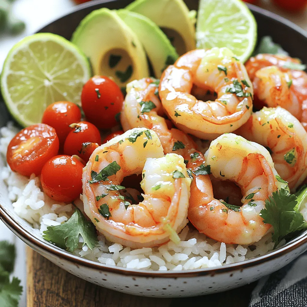 - 1 pound large shrimp, peeled and deveined - 4 cloves garlic, minced - 2 tablespoons lime juice - Zest of 1 lime - 2 tablespoons olive oil - 1 teaspoon paprika - 1 cup jasmine rice - 2 cups vegetable broth - 1 cup cherry tomatoes, halved - 1 avocado, sliced - Fresh cilantro, chopped (for garnish) These ingredients make up the heart of the garlic-lime shrimp bowls. Each one plays a vital role in creating the bright, zesty flavor. The shrimp provide protein, while lime juice and zest add that perfect tang. Garlic gives depth, and the olive oil helps everything cook nicely. - Lime wedges for serving - Substitute options for shrimp (e.g., chicken, tofu) You can use lime wedges to add extra flavor at the table. If you want to change things up, try chicken or tofu instead of shrimp. Both options work well and keep the meal tasty. - Tips on selecting fresh shrimp - Recommended brands for jasmine rice When selecting shrimp, look for bright shells and a mild ocean scent. Fresh shrimp should feel firm and not sticky. I recommend brands like Lundberg or Royal Asia for jasmine rice. They offer great flavor and texture, making your bowls even more delicious. For the full recipe and step-by-step guide, check out the Full Recipe. Preparing the rice Start by making the jasmine rice. In a medium saucepan, boil 2 cups of vegetable broth. When it boils, add 1 cup of jasmine rice. Lower the heat, cover it, and let it simmer for about 15 minutes. The rice will absorb the broth and become fluffy. Once done, fluff it with a fork and set it aside. Marinating the shrimp Next, let’s marinate the shrimp. In a bowl, mix 4 cloves of minced garlic, 2 tablespoons of lime juice, zest from 1 lime, 2 tablespoons of olive oil, 1 teaspoon of paprika, salt, and pepper. Add 1 pound of peeled and deveined shrimp to this mixture. Make sure the shrimp are well-coated. Let them sit for 15 minutes. This step adds a lot of flavor. Cooking the shrimp in a skillet Now it’s time to cook the shrimp. Heat a large skillet over medium-high heat. Add the marinated shrimp to the skillet. Cook each side for 2-3 minutes. The shrimp will turn pink and opaque when done. Don’t overcook them, or they will be tough. Assembling the bowls To assemble your garlic-lime shrimp bowls, take a portion of the cooked jasmine rice and place it in each bowl. Top it with the cooked shrimp. Add the halved cherry tomatoes and sliced avocado. You want to make it look colorful and inviting! Ideas for plating For a nice look, use a deep bowl. This helps show off the layers. Start with rice, then shrimp, and top with fresh veggies. You can even arrange the shrimp in a circle for a fancy touch. How to garnish for best appearance Finish with a sprinkle of chopped fresh cilantro for color. Add a lime wedge on the side for extra flavor. This makes the dish look fresh and bright. It’s a simple touch that impresses! For the full recipe, check out the [Full Recipe]. To avoid overcooking shrimp, cook them quickly. They only need 2-3 minutes on each side. When they turn pink and opaque, they are done. Keep an eye on them; overcooked shrimp become tough and rubbery. Marination time is key for flavor. A good 15-minute soak allows the shrimp to absorb the garlic and lime. This step enhances taste and gives the shrimp a nice zing. You can add extra spices or herbs to boost flavor. Try a pinch of cayenne for heat or fresh basil for an aromatic touch. Fresh herbs can elevate the dish and make it more vibrant. Pairing sauces or sides can also enhance your meal. A creamy avocado sauce or a tangy yogurt sauce works well. You can serve the shrimp bowls with a side salad for extra crunch. Meal prep can save time on busy days. Cook a batch of rice ahead and store it in the fridge. You can also marinate shrimp a day before to save time later. Utilizing leftover ingredients helps reduce waste. If you have extra cherry tomatoes or avocado, toss them into salads or wraps. This way, you can enjoy different meals throughout the week. For the complete guide, check the Full Recipe. {{image_2}} You can make this recipe fit your needs. For a gluten-free meal, use rice instead of grains. The shrimp and veggies are naturally gluten-free. For a dairy-free option, skip any cheese or creamy sauces. You can enjoy the bright flavors without adding dairy. If you want low-carb, swap rice for cauliflower rice. This keeps the dish light and fresh. Want some spice? Add chopped jalapeños to the shrimp marinade. This gives a nice kick and makes the dish exciting. For a Mediterranean twist, sprinkle feta cheese and add olives on top. This mix of flavors adds a unique touch. You can experiment with herbs like oregano or basil for a fresh taste. If you have a big group, you can easily scale the recipe. Just double or triple the ingredients. Make sure to adjust cooking times based on the amount of shrimp. For a single serving, use a quarter of the ingredients. Cook it in a smaller skillet for best results. This way, you can enjoy a quick meal without wasting food. To keep your garlic-lime shrimp bowls fresh, follow these tips: - Store any leftovers in airtight containers. - Let the shrimp cool down before sealing. - Place them in the fridge for up to three days. This meal tastes best when eaten fresh, but proper storage keeps it safe. If you want to freeze your shrimp bowls, here’s how: - Use freezer-safe containers or bags. - Label them with the date for easy tracking. - They can be frozen for up to three months. When you’re ready to eat, thaw them in the fridge overnight. To reheat, warm them in a skillet over low heat. Choosing the right containers makes meal prep easier: - Use glass or BPA-free plastic containers. - Opt for containers that are microwave-safe. - Portion out meals for grab-and-go convenience. This way, each bowl is ready for a quick meal. For the full recipe, check the details above! Can I use frozen shrimp? Yes, you can use frozen shrimp. Just make sure to thaw them first. Place them in the fridge overnight or run them under cold water until thawed. This keeps the shrimp fresh and tasty. What can I substitute for jasmine rice? You can use brown rice, quinoa, or cauliflower rice. Each option offers different benefits. Brown rice is nutty, quinoa is high in protein, and cauliflower rice is low in carbs. Choose what fits your meal best. How to know when shrimp are done cooking? Shrimp are done when they turn pink and opaque. They should curl into a "C" shape. If they curl into an "O," they may be overcooked. Keep an eye on them for the best texture. Can I make the garlic-lime shrimp ahead of time? Yes, you can make the shrimp ahead. Just store them in the fridge after cooking. They will last for about two days. Reheat gently to avoid overcooking. What's the benefit of fresh lime juice vs. bottled? Fresh lime juice has a brighter flavor and more nutrients. Bottled juice can taste flat and may contain preservatives. For the best taste, always use fresh lime juice in your recipes. Can I replace garlic with garlic powder? You can replace garlic with garlic powder, but the flavor will be less intense. Use about 1/4 teaspoon of garlic powder for each clove. Fresh garlic gives a better taste and aroma. For the full recipe, check out the Garlic-Lime Shrimp Bowls. In this blog post, we explored a delicious garlic-lime shrimp bowl. We covered key ingredients, preparation, cooking steps, and storage tips. You learned how to select fresh shrimp and enhance flavors with spices. Keep the optional ingredients in mind for more variety. Whether you follow the basic recipe or add your own twist, these bowls offer great taste. Enjoy your cooking journey, and share this meal with friends and family for a great dining experience!