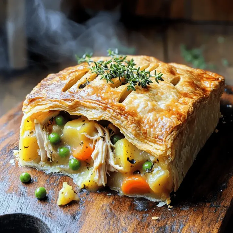 - 2 cups cooked chicken, shredded - 1 cup carrots, diced - 1 cup peas - 1 cup potatoes, diced and parboiled Classic chicken pot pie starts with its heart: the filling. For this, you need cooked chicken. I like to use rotisserie chicken for ease. Shredding it makes it easy to mix with the other flavors. Next, I add carrots. Diced carrots give sweetness and color. Then, you can’t forget the peas; they add a nice pop of green. Finally, I add parboiled potatoes. These provide a satisfying, hearty texture. - 1/2 cup heavy cream - 2 cups chicken broth - Dried thyme, rosemary, salt, and black pepper Now, onto the seasonings. For a rich flavor, I use heavy cream. It makes the filling creamy and smooth. Chicken broth adds depth and moisture. The dried thyme and rosemary are key herbs. They bring warmth and aroma. A touch of salt and black pepper rounds out the taste. This combination makes the filling truly delicious. - 1 package (2 crusts) refrigerated pie crusts - 1 egg, beaten for egg wash The pie crust is what holds it all together. I love using refrigerated pie crusts for their ease. They save time and still taste great. The egg wash is crucial for a golden finish. Brushing it on the crust makes it shiny and appetizing. This step adds the final touch to your classic chicken pot pie. For the full recipe, check out the detailed instructions. Enjoy making this warm family meal! First, preheat your oven to 425°F (220°C). This step is key for a crispy crust. Next, gather your ingredients. You will need cooked chicken, diced carrots, peas, parboiled potatoes, onion, garlic, and celery. In a large skillet, heat one tablespoon of olive oil and one tablespoon of butter over medium heat. Add the chopped onion, minced garlic, diced carrots, and celery. Sauté these vegetables until they are tender, which should take about 5 to 7 minutes. Now it's time to mix in the chicken and seasonings. Stir in 2 cups of shredded chicken, 1 cup of peas, and 1 cup of parboiled potatoes. Add 1 teaspoon of dried thyme, 1 teaspoon of dried rosemary, 1/2 teaspoon of black pepper, and 1/4 teaspoon of salt. Cook this mixture for another 2 minutes. Next, pour in 2 cups of chicken broth and 1/2 cup of heavy cream. Stir the mixture well until it thickens slightly, which should take about 5 minutes. Remove it from the heat and let it cool for a few minutes. Roll out one of the pie crusts. Place it in a 9-inch pie dish. Pour your chicken filling into the crust evenly. Now, cover this filling with the second pie crust. Trim any excess dough. Seal the edges by crimping them with a fork or your fingers. Don’t forget to cut a few slits in the top crust. This allows steam to escape. Brush the top crust with the beaten egg for a beautiful golden finish. Now, bake it in your preheated oven for about 30 to 35 minutes. Watch for the crust to turn golden brown. Once done, let the pie cool for about 10 minutes before serving. This cooling time helps the filling set nicely. For the full recipe, check out the details provided earlier. To prevent a soggy bottom crust, try these simple tips: - Blind bake the bottom crust for 10 minutes before adding the filling. This helps set it. - Use a thick layer of filling. Too much liquid can make the crust soggy. For a golden-brown top crust, follow these steps: - Brush the crust with beaten egg before baking. This gives a nice shine. - Bake at a high heat, around 425°F (220°C). This ensures a crisp finish. Adding fresh herbs can make your pot pie shine. Try these: - Use fresh thyme and rosemary instead of dried. They add a vibrant taste. - Chop herbs finely and mix them in with the filling for an even flavor. When it comes to broth, homemade chicken broth beats store-bought every time: - Homemade broth adds depth and richness. - It also allows you to control the salt and flavor levels. Pair your classic chicken pot pie with these sides for a full meal: - Simple green salad with a light vinaigrette. - Garlic bread or crusty rolls for a comforting touch. For presentation, consider these tips: - Serve the pot pie on a rustic wooden board. - Add a sprinkle of fresh thyme on top for color and aroma. - Place it on a colorful tablecloth to enhance the dish's warmth. These tips will help you create a perfect chicken pot pie every time! For the full recipe, check out the Full Recipe section. {{image_2}} You can easily change the veggies in your chicken pot pie. Adding mushrooms, corn, or green beans makes it more colorful and tasty. These vegetables bring different textures and flavors. If you want a vegetarian version, try using tofu or lentils instead of chicken. Tofu absorbs flavors well, while lentils add a hearty touch. While chicken is classic, you can swap it for turkey or beef. Both options work great and give the dish a new twist. If you want to try something different, use seafood like shrimp or crab. It adds a fresh flavor that surprises your taste buds. Not everyone can eat regular pie crust. For gluten-free options, look for pre-made gluten-free crusts. You can find them in most stores. Another fun idea is to use biscuit topping instead of a crust. This gives your pot pie a fluffy, soft layer that pairs well with the filling. For more ideas and details, check out the Full Recipe. To store leftover chicken pot pie, let it cool completely. Then, cover it tightly with plastic wrap or aluminum foil. You can also use an airtight container. This helps keep the flavors fresh. You should eat the pie within 3 to 4 days for the best taste. If you want to freeze your chicken pot pie, follow these steps. First, let the pie cool down. Wrap it tightly in plastic wrap, then place it in a freezer bag. This will prevent freezer burn. You can freeze it for up to three months. When you’re ready to eat, take it out and thaw it in the fridge overnight. To reheat your chicken pot pie, the oven is the best method. Preheat your oven to 350°F (175°C). Place the pie in the oven for about 20 to 30 minutes. This will warm the filling and crisp the crust. You can also use a microwave, but this may make the crust soft. If you use the microwave, heat it in short bursts to avoid overheating. Enjoy your meal! If you want a lighter option, use half-and-half. You can also try whole milk. For a dairy-free choice, use coconut milk or almond milk. Each option gives a unique taste. Just remember, the texture might change a bit. Yes, you can make the filling a day in advance. Just let it cool first. Store it in an airtight container in the fridge. When ready to bake, bring it to room temp. This saves you time and makes assembly quick. Look for a golden-brown crust. The filling should bubble slightly. You can also use a knife to check if the center is hot. If it is, your pot pie is ready to serve. Enjoy every slice of this hearty meal. You’ve learned how to make a delicious chicken pot pie, step by step. From the main ingredients to the perfect crust, each part matters. Remember, you can adapt this recipe to suit your taste. Whether adding veggies, using different meats, or trying a new crust, the choices are endless. Store leftovers right and enjoy them later. With these tips and tricks, you’ll create a pot pie that impresses everyone. Happy cooking!