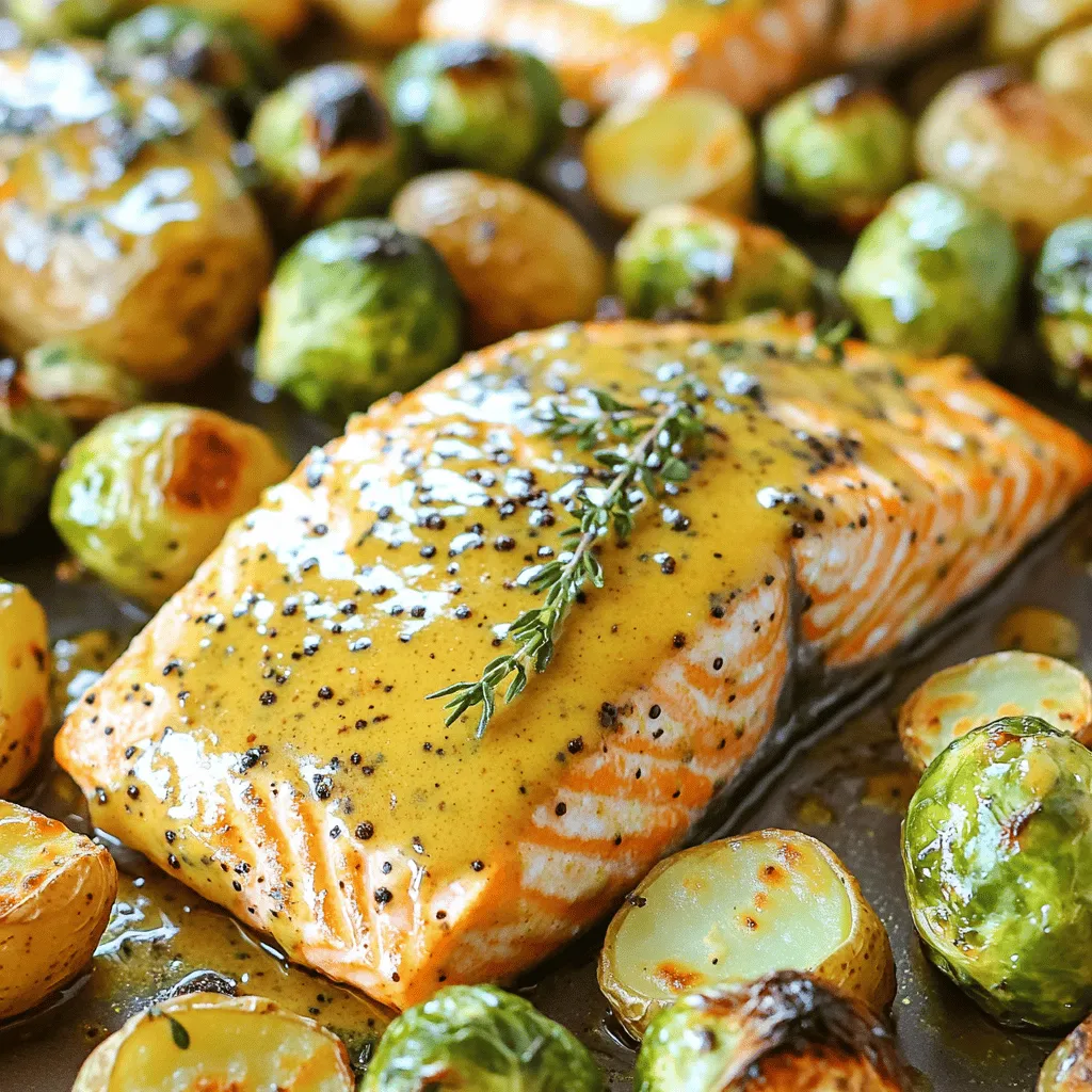This Sheet Pan Maple Mustard Salmon recipe is simple and tasty. It takes just 30 minutes to make. You will enjoy a meal that is good for you and your family. The blend of maple syrup and Dijon mustard gives a sweet and tangy taste. The salmon pairs well with roasted Brussels sprouts and baby potatoes. Here are the key items you need for the recipe: - 4 salmon fillets (6 oz each) - 1/4 cup pure maple syrup - 1/4 cup Dijon mustard - 2 tablespoons olive oil - 2 cloves garlic, minced - 1 teaspoon fresh thyme leaves (or 1/2 teaspoon dried thyme) - 1 teaspoon lemon juice - Salt and pepper to taste - 1 lb Brussels sprouts, trimmed and halved - 1 lb baby potatoes, halved These ingredients are easy to find. The salmon is rich in omega-3 fatty acids. The Brussels sprouts and potatoes add great texture. You can add more flavor with these options: - A pinch of red pepper flakes for heat - A tablespoon of honey for extra sweetness - Lemon zest for a fresh citrus note These optional ingredients can elevate your dish even more. Feel free to mix and match them based on your taste. This way, you can create a meal that feels unique to you. Check the full recipe for step-by-step details on how to prepare this delightful dish! First, set your oven to 400°F (200°C). This step is key for cooking everything evenly. I always line my sheet pan with parchment paper. This makes cleanup easy and helps prevent sticking. Next, grab a medium bowl. In it, whisk together the following: - 1/4 cup pure maple syrup - 1/4 cup Dijon mustard - 2 tablespoons olive oil - 2 cloves garlic, minced - 1 teaspoon fresh thyme leaves (or 1/2 teaspoon dried thyme) - 1 teaspoon lemon juice - Salt and pepper to taste Mix until it’s smooth. This marinade adds a rich, tasty layer to the salmon. I love how the sweet and tangy flavors blend together. Now, take your salmon fillets and place them on one side of the sheet pan. Brush or spoon half of the marinade over the salmon. Make sure it’s covered well for flavor. In the same bowl with the remaining marinade, toss the Brussels sprouts and baby potatoes. Coat them well so they soak up all that flavor. Spread the Brussels sprouts and baby potatoes on the other side of the sheet pan. Keep them in a single layer. This helps them cook evenly. Now, it's time to roast! Place the sheet pan in the oven. Cook for about 15-20 minutes. The salmon should flake easily, and the veggies will be tender and caramelized. For extra color, you can broil for 2-3 minutes at the end. This really enhances the dish! Afterward, let it rest for a few minutes before serving. You can find the Full Recipe above to guide you through this delicious meal. To get perfectly cooked salmon, focus on the cooking time. Salmon cooks fast, so check it often. Aim for 15 to 20 minutes in the oven. The salmon is done when it flakes easily with a fork. If you want a crispy top, broil for 2-3 minutes at the end. This adds nice color and flavor. You can boost the flavor with simple tweaks. Try adding a splash of soy sauce to the marinade. A bit of sriracha gives a nice kick too. Fresh herbs like dill or parsley also work well. For a sweet twist, add a pinch of brown sugar. These small changes make a big difference. Prep work can be quick and easy. Chop the vegetables while the oven heats up. You can also make the marinade ahead of time and store it in the fridge. Use pre-cut veggies to save even more time. This way, you can enjoy your meal sooner. Check out the Full Recipe for more details. {{image_2}} You can mix up the veggies in this dish. Try using asparagus or green beans instead of Brussels sprouts. Both add a nice crunch and color. Carrots or bell peppers also work well. Just cut them into similar sizes for even cooking. Feel free to get creative with the marinade. Instead of Dijon mustard, you can use whole grain mustard. It adds texture. You might also swap maple syrup for honey or agave for a different sweetness. Adding a splash of soy sauce can give it a savory kick. If you want to switch proteins, chicken thighs are a great choice. They stay juicy and absorb flavors well. You could also use firm tofu for a plant-based option. Just make sure to press the tofu to remove excess moisture before marinating. Each protein brings its own unique taste. After you enjoy your sheet pan maple mustard salmon, store any leftovers in an airtight container. This keeps the salmon and veggies fresh. Place the container in the fridge. They will last for about 3 days. If you want to save it longer, consider freezing it. To reheat your leftovers, preheat your oven to 350°F (175°C). Place the salmon and vegetables on a baking sheet. Cover them with foil to keep moisture in. Bake for about 10 to 15 minutes or until warmed through. You can also use the microwave. Heat on low power for 1 to 2 minutes, stirring halfway for even warmth. If you want to freeze the dish, let it cool completely first. Then, wrap each portion tightly in plastic wrap. Place the wrapped portions in a freezer-safe bag. It can stay in the freezer for up to 2 months. When you’re ready to eat, thaw overnight in the fridge before reheating. Enjoy your meal with ease any day! For the [Full Recipe], check back to make this amazing dish again. Yes, you can use frozen salmon. Just remember to thaw it first. Place it in the fridge overnight. If you're in a hurry, run it under cold water for quick thawing. Once thawed, follow the same steps as fresh salmon in the recipe. The flavor will still shine through. This recipe goes well with many sides. Here are some great options: - Steamed broccoli - Quinoa salad - Garlic bread - Rice pilaf - Mixed greens with lemon vinaigrette These sides add balance and texture to your meal. They complement the sweet and tangy flavors of the salmon. To check if the salmon is done, look for a few signs. The fish should be opaque and flake easily with a fork. An internal temperature of 145°F (63°C) is perfect. If you have a meat thermometer, use it for best results. When it's cooked through, you can enjoy the rich taste and flaky texture. This blog post covered how to make a delicious salmon dish. We looked at essential and optional ingredients, plus step-by-step cooking instructions. I shared tips to perfect your salmon and save time. You can also try variations with veggies or proteins. Lastly, we discussed how to store your leftovers and answered common questions. Cooking salmon can be easy and fun if you follow these steps. Enjoy your meal and explore your flavors!