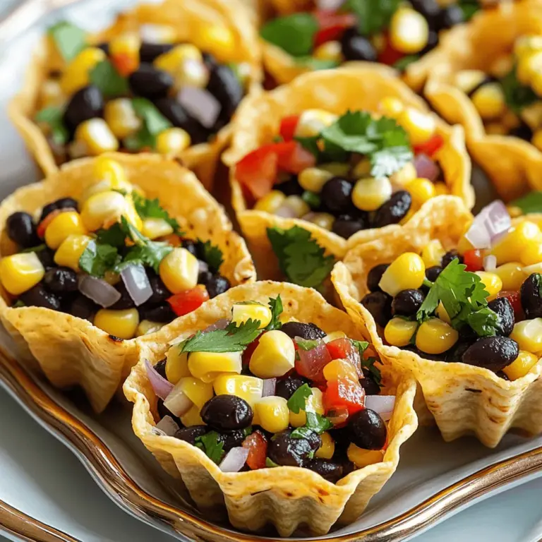 To make these tasty salsa cups, gather these main ingredients: - 2 cups fresh corn kernels (or canned, drained) - 1 can black beans, rinsed and drained - 1 red bell pepper, diced - 1/2 red onion, finely chopped - 1 jalapeño, deseeded and minced - 1/4 cup fresh cilantro, chopped - Juice of 2 limes - 2 tablespoons olive oil - Salt and pepper to taste - 12 small tortilla cups or baked tortilla chips These ingredients create a fresh and vibrant salsa. The corn brings sweetness, while black beans add protein. The peppers and onion provide crunch and flavor. Lime juice and cilantro add brightness and freshness. You can add a few optional ingredients to make your salsa unique: - Avocado, diced - Corn salsa mix or seasoning - Diced tomatoes for extra juiciness - Crumbled feta or cotija cheese for creaminess - A pinch of cumin for warmth Feel free to mix and match these options to fit your taste. Each addition can change the flavor profile and make it your own. Understanding the nutrition in your salsa cups is key: - Calories: About 120 per cup - Protein: 5g from black beans - Fiber: 4g from corn and beans - Fat: 4g from olive oil - Carbs: 18g mostly from corn and beans This salsa is not only tasty but also healthy. It’s a great snack or appetizer for gatherings. You can find the full recipe linked above for more details. To start, fire-roasting corn adds a special flavor. If you use fresh corn, heat your grill or grill pan to medium-high. Place the corn kernels in a grill basket or a foil packet. Grill them for about 8 to 10 minutes. Stir them often to get that nice char. The corn should be tender and slightly blackened. If you use canned corn, you can skip this step. Just drain it and get ready to mix. Next, grab a large mixing bowl. Add your fire-roasted corn, black beans, diced red bell pepper, chopped red onion, minced jalapeño, and chopped cilantro. This mix is colorful and full of flavor. Drizzle lime juice and olive oil over the top. Season with salt and pepper to taste. Gently toss everything together until well mixed. Be careful not to mash the beans. Now comes the fun part! Take your tortilla cups or baked tortilla chips. Fill each one generously with the corn and black bean salsa mixture. Arrange the filled cups on a colorful platter. For a nice touch, garnish them with extra cilantro leaves and lime wedges. This makes your dish pop and look inviting. If you have time, chill the cups for 15 to 30 minutes. This allows the flavors to meld beautifully. You can find the full recipe to guide you through all the steps. Grilling corn brings out its sweet flavor. If you use fresh corn, pick ears that feel heavy and look bright. For fire-roasting, heat your grill to medium-high. Place the corn kernels in a grill basket. Cook for 8 to 10 minutes. Stir often to get even charring. If using canned corn, just drain it well. No need to grill; it’s already cooked. Want to add a twist? Try seasoning the corn before grilling. Use smoked paprika or chili powder for a kick. You can also add diced avocado for creaminess. If you love spice, add more jalapeño or a dash of hot sauce. Fresh lime juice brightens flavors, so don’t skip it. When filling your cups, do it gently. This keeps them from breaking. Use a spoon to scoop the salsa into each cup. Arrange the filled cups on a bright platter. Garnish with extra cilantro and lime wedges. This makes your dish pop. For a fun twist, serve with tortilla chips on the side. You can find the Full Recipe for more details. {{image_2}} You can easily adapt Fire-Roasted Corn & Black Bean Salsa Cups to fit many diets. For a vegan option, this recipe is already perfect since it has no animal products. If you want a gluten-free version, ensure you use certified gluten-free tortilla cups. You can also swap black beans for chickpeas. They add a nice twist while keeping the protein high. For those watching carbs, use lettuce leaves instead of tortilla cups. They make great low-carb cups that are still fun to eat. These salsa cups shine as snacks or appetizers. You can serve them at parties, picnics, or family gatherings. Try pairing them with a refreshing drink like lemonade or iced tea. If you're feeling fancy, add a dollop of sour cream or guacamole on top. This adds a creamy touch that many will love. You can also present them on a vibrant platter, adding lime wedges or extra cilantro for a colorful look. Think beyond the traditional serving style! You can make mini versions of these cups using small tortilla rounds. Just bake them in a muffin tin for a fun bite-sized treat. Another idea is to layer the salsa in clear cups for a visual feast. This way, you can see all the vibrant colors of the ingredients. You can even add a layer of diced avocado for richness. Each of these ideas makes serving more exciting and can impress your guests. For the full recipe, check out the detailed instructions above. After you enjoy your fire-roasted corn and black bean salsa cups, store leftovers right away. Place any remaining salsa in an airtight container. Make sure to cover it well. Keep it in the fridge for up to three days. If you used tortilla cups, store them separately. This keeps them crisp and fresh. If you want to keep the salsa longer, freezing works well. First, place the salsa in a freezer-safe container. Leave some space at the top, as it will expand when frozen. Seal it tight and label the container. You can freeze it for up to three months. Just remember, the texture may change a bit after thawing. When you're ready to enjoy your frozen salsa, take it out and let it thaw in the fridge overnight. For quick reheating, you can use the microwave. Heat it in short bursts of 30 seconds, stirring in between. You can also warm it on the stove over low heat. Stir gently until it's nice and warm. Avoid boiling, as it can change the taste and texture. Enjoy your salsa cups again with ease! Yes, you can use frozen corn. Just thaw and drain it before mixing. The texture may differ from fresh corn but will still taste great. If you want the smoky flavor, you can briefly sauté the thawed corn in a pan over medium heat. This adds a nice char to your salsa. If you do not like cilantro, you can use parsley. It has a fresh taste that works well in salsa. Another option is green onions. They add a mild onion flavor. You can even skip it and still enjoy a tasty salsa. I recommend serving the salsa cups within two hours at room temperature. After that, the ingredients may not stay fresh. If it’s a hot day, try to serve them sooner. Keeping them cool helps maintain their crispness and flavor. Enjoy the full recipe for the best results! Fire-roasted corn and black bean salsa cups are simple and tasty. We covered key ingredients and preparation steps. I shared tips for optimal flavor and presentation. You can customize the recipe based on your needs. Remember, proper storage can keep leftovers fresh. Enjoy experimenting with variations, from different diets to serving ideas. These cups are fun and versatile for any gathering. Dive in and make your own unique version!