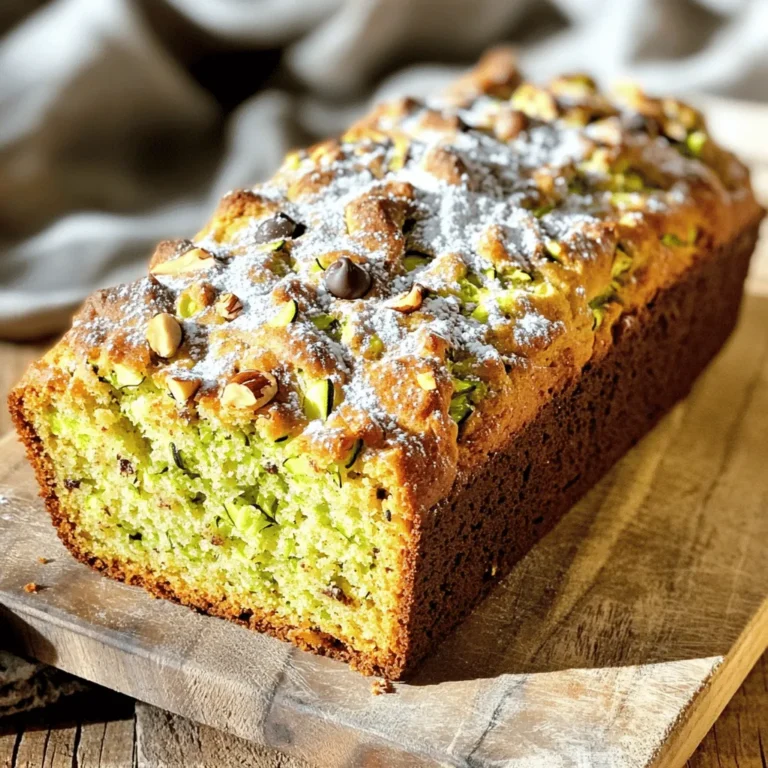 To make a yummy zucchini bread, you need some key ingredients. Here’s the list: - 2 cups grated zucchini (about 2 medium zucchinis) - 1 ½ cups all-purpose flour - 1 cup granulated sugar - ½ cup brown sugar, packed - ½ cup vegetable oil (or melted coconut oil) - 3 large eggs - 1 teaspoon vanilla extract - 1 teaspoon baking soda - ½ teaspoon baking powder - ½ teaspoon salt - 1 teaspoon ground cinnamon - ½ teaspoon nutmeg (optional for warmth) These ingredients work together to create a moist and flavorful bread. The zucchini adds moisture and nutrients. The sugars give it sweetness, while the spices add warmth. You can make your zucchini bread even better with fun add-ins. Here are some tasty options: - ½ cup chopped walnuts or pecans - ½ cup chocolate chips These add-ins can give your bread a nice crunch or a sweet twist. I love to add chocolate chips for a treat. Nuts also add a great texture. When picking zucchini, look for ones that feel firm and heavy. Here are some tips to find the best zucchini: - Choose zucchinis that are bright green. - Avoid ones with soft spots or blemishes. - Smaller zucchinis are often sweeter and more tender. Fresh zucchini makes your bread taste amazing. It helps keep the bread moist, too. Always wash your zucchini before grating it for your recipe. I recommend using organic zucchini when possible for the best flavor. For the full recipe, check out the Ultimate Zucchini Bliss Bread! Start by gathering all your ingredients. You’ll need grated zucchini, flour, sugars, oil, eggs, and spices. It’s best to use fresh zucchinis for great flavor. Preheat your oven to 350°F (175°C). Grease a 9x5-inch loaf pan or line it with parchment paper. This step helps with easy removal after baking. Next, take two medium zucchinis and grate them. You want about two cups of grated zucchini. Once grated, mix the zucchini with both sugars in a large bowl. Let it sit for about five minutes. This helps draw out moisture from the zucchini. In a separate bowl, whisk together your oil, eggs, and vanilla extract. Mix until the mixture is smooth. Afterward, pour this wet mixture into the bowl with zucchini. Stir until all ingredients combine well. Now, it’s time to mix the dry ingredients. In another bowl, whisk together the flour, baking soda, baking powder, salt, cinnamon, and nutmeg if you like. Gradually add the dry mix to the wet mix. Stir gently until just combined. Avoid overmixing to keep your bread light and fluffy. If you want, fold in chopped nuts or chocolate chips for extra flavor. Pour the batter into your prepared loaf pan and smooth the top with a spatula. Place the pan in the oven and bake it for 50-60 minutes. To check if it’s done, insert a toothpick into the center. If it comes out clean, your bread is ready. Let it cool in the pan for about 10 minutes. Then, turn it out onto a wire rack to cool completely. For more details, refer to the Full Recipe for optimal results. Enjoy your freshly baked zucchini bread! To make your zucchini bread moist, use fresh zucchini. Grate it finely and measure it well. The moisture in the zucchini is key. Letting it sit with sugar helps draw out even more moisture. Use a light hand when mixing the batter. Overmixing can make the bread tough. One common mistake is not squeezing out excess liquid from the zucchini. This can make the bread too wet. Another mistake is using old baking soda or powder. Always check their freshness before baking. Lastly, don’t skip the eggs; they help bind the ingredients together. Spices bring out the best in zucchini bread. Cinnamon is a classic choice, adding warmth and depth. Nutmeg gives a cozy touch. You can also try ginger for a zesty kick. For more flavor, add a splash of vanilla or almond extract. These small tweaks can elevate your bread to new heights. For the full recipe, check out the Ultimate Zucchini Bliss Bread. {{image_2}} You can make zucchini bread gluten-free. Use a gluten-free all-purpose flour mix. This swap keeps the texture light. You may need to add a bit more liquid. A tablespoon of milk or water usually works well. Nuts and fruits add fun to your zucchini bread. Try walnuts or pecans for a nice crunch. You can also add raisins or dried cranberries. These fruits give a sweet bite. If you want a richer taste, use dark chocolate chips. They melt nicely and pair well with zucchini. Think outside the box with flavors! Adding lemon or orange zest brightens the bread. Simply mix a tablespoon of zest into the batter. You can also use spices like cardamom or ginger for warmth. These twists make your zucchini bread unique and fun. For more details, check the Full Recipe. Once you bake your zucchini bread, let it cool completely. Wrap it tightly in plastic wrap or foil. Store it in an airtight container at room temperature. This will keep it fresh for up to three days. If you prefer it cold, place it in the fridge. Just remember, the bread may dry out a bit in the fridge. To maintain moisture, always wrap it well. If you want to save zucchini bread for later, freezing is a great option. First, slice the bread into pieces. Place the slices in a single layer on a baking sheet. Freeze them for about an hour until firm. Then, wrap each slice in plastic wrap and place them in a freezer bag. This method keeps them fresh for up to three months. When you're ready to enjoy, simply thaw the slices at room temperature or warm them in the oven. If your zucchini bread starts to feel stale, don’t worry! You can easily bring it back to life. Preheat your oven to 350°F (175°C). Wrap the bread in foil and place it in the oven for about 10 to 15 minutes. This will warm it up and add moisture back to the bread. You can also sprinkle a bit of water on the loaf before wrapping it. Enjoy your revived zucchini bread warm and fresh! You can tell your zucchini bread is done by using a toothpick. Simply insert it into the center of the loaf. If it comes out clean, the bread is ready. If not, give it another 5-10 minutes in the oven. The top should be golden brown and spring back when you touch it. This simple test ensures your bread is baked perfectly. Yes, you can use yellow squash instead of zucchini. Both have a similar texture and moisture level. The taste may differ slightly, but it will still be delicious. Be sure to grate the yellow squash just like zucchini. This way, your bread stays moist and flavorful. The best way to serve zucchini bread is warm or at room temperature. Slice it into thick pieces. You can add a sprinkle of powdered sugar on top for a sweet touch. For extra flavor, try spreading cream cheese on each slice. This adds a nice contrast to the sweetness of the bread. Enjoy your creation with friends or family for a delightful treat! In this post, we explored the key ingredients for easy zucchini bread and how to choose fresh zucchini. You learned step-by-step instructions to bake delicious bread, along with tips for moist results and common mistakes to avoid. We discussed variations, including gluten-free options and creative flavor twists. Finally, we covered how to store leftover bread and refresh stale slices. With these insights, you can enjoy perfect zucchini bread that suits your taste. Happy baking!