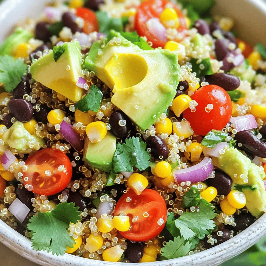 - 1 cup quinoa, rinsed - 2 cups vegetable broth (or water) - 1 can (15 oz) black beans, rinsed and drained - 1 cup corn (fresh, frozen, or canned) - 1 red bell pepper, diced - 1 avocado, diced - 1/4 cup red onion, finely chopped - 1/2 cup cherry tomatoes, halved - 1/4 cup fresh cilantro, chopped - Juice of 2 limes - 3 tablespoons olive oil - 1 teaspoon chili powder - Salt and pepper to taste Each serving of this salad offers a balanced mix of nutrients. You get protein from quinoa and beans. Each serving has around: - Calories: 300 - Protein: 10g - Carbohydrates: 45g - Dietary Fiber: 12g - Fat: 10g This salad is filling and healthy. It supports energy and keeps you satisfied. Choosing fresh ingredients is key for this salad's taste. Here are simple tips: - Quinoa: Look for clear, shiny grains. Avoid any that are broken or dull. - Vegetables: Choose firm, bright-colored veggies. They should feel heavy for their size. - Avocado: Pick avocados that yield slightly to pressure. They should not be too soft. - Cilantro: Fresh cilantro should smell strong and have bright green leaves. Discard any wilted leaves. Using fresh ingredients boosts flavor and nutrition in your meal. For the full recipe, check out the details provided above. To cook the quinoa, start by rinsing 1 cup of quinoa in a fine mesh strainer. This step removes the bitter coating called saponin. Next, in a medium saucepan, combine the rinsed quinoa with 2 cups of vegetable broth or water. Bring it to a boil over medium-high heat. Once boiling, reduce the heat to low. Cover the saucepan and let it simmer for 15 minutes. The quinoa is done when the liquid is absorbed and it looks fluffy. Remove it from heat and allow it to cool slightly. While the quinoa cools, prepare the veggies and beans. In a large mixing bowl, add 1 can of black beans, drained and rinsed. Next, toss in 1 cup of corn—this can be fresh, frozen, or canned. Then, add in 1 diced red bell pepper, 1 diced avocado, and 1/4 cup of finely chopped red onion. Finally, include 1/2 cup of halved cherry tomatoes and 1/4 cup of chopped fresh cilantro. This colorful mix adds great flavor and texture. Now, let’s make the lime dressing. In a small bowl, whisk together the juice of 2 limes, 3 tablespoons of olive oil, 1 teaspoon of chili powder, and a pinch of salt and pepper. Make sure it’s well combined. Once your quinoa has cooled to room temperature, add it to the large bowl with the veggies and beans. Drizzle the lime dressing over this mixture. Toss gently to combine everything, being careful not to mash the avocado. - Final Mixing and Serving Suggestions Taste your salad. You may want more lime juice or salt. Adjust to your liking. Serve the salad right away for the best flavor, or refrigerate it for up to 2 hours. This time lets the flavors meld together nicely. Enjoy the fresh and zesty taste of your Chili-Lime Quinoa Power Salad. For the complete recipe, check out the Full Recipe section. To cook quinoa well, first rinse it. This step removes bitter taste. Use two cups of vegetable broth for every cup of quinoa. Bring the broth to a boil in a medium saucepan. Once it boils, lower the heat and cover the pot. Let it cook for 15 minutes. After that, remove it from heat. Fluff the quinoa with a fork and let it cool. This method gives you fluffy quinoa for your Chili-Lime Quinoa Power Salad. This salad is great for meal prep. You can cook the quinoa a day before. Store it in the fridge in an airtight container. Also, chop your veggies ahead of time. Keep them in separate containers in the fridge. Mix everything together just before serving. This keeps the salad fresh and bright. Don’t add the dressing until right before eating. This way, the flavors stay crisp and vibrant. A few mistakes can ruin your salad. First, don’t skip rinsing the quinoa. This makes a big difference in taste. Second, avoid overcooking the quinoa. It should be fluffy, not mushy. Lastly, be careful with the lime juice. Too much can make the salad too sour. Always taste before adding more. Following these tips helps you make a delicious Chili-Lime Quinoa Power Salad. For the complete recipe, refer to the Full Recipe. {{image_2}} To boost the protein in your Chili-Lime Quinoa Power Salad, try adding grilled chicken, shrimp, or tofu. Each adds a unique taste and texture. For a vegetarian option, chickpeas or hemp seeds work great. They mix well with the quinoa and beans. You can add about one cup of your chosen protein. This makes the salad more filling and nutritious. Feel free to switch up the veggies in this salad. Try using diced cucumber, shredded carrots, or zucchini instead of bell pepper. Each veggie brings its own flavor. You can also use black-eyed peas or green beans for a different crunch. Experiment with seasonal vegetables for freshness and variety. Aim to keep about four cups of veggies in total for balance. This salad is already vegan and dairy-free, but you can enhance it. Use avocado or cashew cream as a dressing alternative for creaminess. Sprinkle some nutritional yeast for a cheesy flavor without dairy. If you want a kick, add jalapeños or hot sauce. These options keep the salad flavorful while staying true to vegan choices. Check the [Full Recipe] for more ideas on how to customize your dish! To store your Chili-Lime Quinoa Power Salad, first let it cool. Use an airtight container. This keeps the salad fresh and tasty. You can store it in the fridge for up to three days. I recommend enjoying it within two days for the best flavor. Reheating this salad is easy. Just take out what you need. Place it in a bowl and use the microwave. Heat it for about 30 seconds. Stir and check if it’s warm. Remember, don’t overheat it. This can make the quinoa mushy. If you prefer it cold, you can enjoy it straight from the fridge. You can freeze the salad, but some parts may change. The avocado and tomatoes don’t freeze well. They can become mushy. For freezing, put the quinoa, beans, and corn in a freezer-safe bag. Press out the air before sealing. You can freeze it for up to three months. When ready to eat, thaw it in the fridge overnight. Then, add fresh avocado and tomatoes before serving. This way, you keep the salad fresh and bright. For the full recipe, check out the details above. This salad is a "power" salad because it packs a punch of nutrients. Quinoa is a complete protein, which means it has all nine essential amino acids. Black beans add fiber and protein, while fresh veggies give vitamins and minerals. The lime juice and chili powder bring flavor and zest. Together, these ingredients create a healthy meal that fuels your body. Yes, you can make this salad in advance. Prepare it a few hours before serving. This gives the flavors time to blend. Just keep it in the fridge until you are ready to eat. If making it a day early, hold off on adding the avocado. Add it just before serving to keep it fresh and green. The salad lasts about 3 to 5 days in the fridge. Store it in an airtight container to keep it fresh. Over time, the veggies may soften, but it will still taste great. You can enjoy it cold or at room temperature. If you want to enhance the flavor, add a little extra lime juice before eating. For the full recipe, check out the earlier section. This blog post covered key steps to make Chili-Lime Quinoa Power Salad. You learned about selecting fresh ingredients, cooking quinoa, and mixing it all together. I shared tips to avoid mistakes and how to adapt the salad to your taste. Remember, this salad is not just tasty but also packed with nutrients. Don’t fear experimenting with protein or vegetables. With proper storage, your leftovers can last for days. Enjoy this colorful dish that is easy to make and full of flavor.