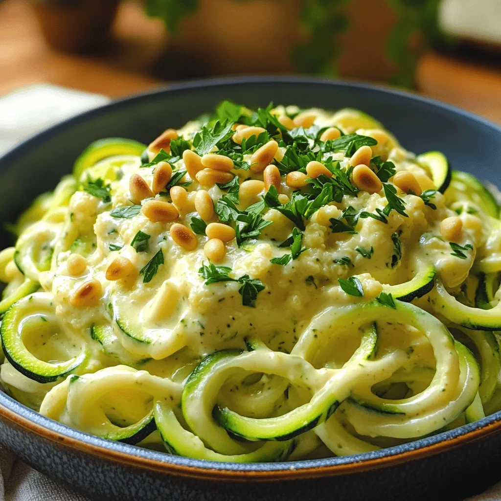 To make Zucchini Noodle Alfredo, gather these key items: - 3 medium zucchinis, spiralized into noodles - 1 cup cauliflower florets - 1 cup vegetable broth - 1/2 cup unsweetened almond milk (or any plant-based milk) - 3 cloves garlic, minced - 2 tablespoons nutritional yeast - 1 tablespoon olive oil - 1 teaspoon lemon juice - Salt and pepper to taste - Fresh parsley, chopped (for garnish) - Pine nuts or walnuts (toasted, for topping) These ingredients blend together to create a rich, creamy sauce that coats the zucchini noodles perfectly. To prepare this dish, you will need some handy tools: - Spiralizer for noodles - Medium pot for cooking cauliflower - Blender or food processor for the sauce - Large skillet for sautéing the noodles - Measuring cups and spoons for accuracy Having these tools makes the cooking process smoother and more enjoyable. Want to take your dish up a notch? Consider these optional ingredients: - Fresh basil or spinach for added greenery - A pinch of red pepper flakes for spice - Vegan cheese for extra creaminess - A squeeze of fresh lemon juice for brightness These additions can enhance the flavor and make your Zucchini Noodle Alfredo even more delicious. First, grab your spiralizer. Cut the ends off the zucchinis. Place one zucchini in the spiralizer and twist to create noodles. Repeat this with the other zucchinis. You want long, thin strands. Once done, set the zucchini noodles aside on a plate. Now, fill a medium pot with water and bring it to a boil. Add the cauliflower florets to the boiling water. Let them cook for about 5 to 7 minutes until they are soft. After cooking, drain the florets and place them in a blender or food processor. In the blender, add the vegetable broth, unsweetened almond milk, minced garlic, nutritional yeast, lemon juice, salt, and pepper to the cooked cauliflower. Blend all the ingredients until the mixture is smooth and creamy. Taste and adjust the seasoning if needed. In a large skillet, heat the olive oil over medium heat. Once hot, add the zucchini noodles. Sauté them for about 2 to 3 minutes. You want them to soften a bit but stay firm. Now, pour the creamy cauliflower Alfredo sauce over the sautéed zucchini noodles in the skillet. Gently toss everything to coat the noodles evenly. Cook for an additional 2 minutes to heat everything through. Serve the dish warm, garnished with fresh parsley and toasted pine nuts or walnuts for a nice crunch. Enjoy your meal! For the full recipe, check out the details above. To make great zucchini noodles, choose firm zucchinis. Look for ones that feel heavy for their size. Cut off both ends of the zucchini before spiralizing. Use a spiralizer, as it gives the best noodles. Twist the zucchini firmly to get even noodles. Aim for long, thin strands for a nice texture. If your sauce feels too thick, add more vegetable broth. You can also mix in a little almond milk. Blend until smooth and creamy. If it is too thin, cook it a bit longer. This helps it thicken naturally. Taste the sauce and adjust seasoning if needed. Zucchini noodles cook quickly. Sauté them for just 2-3 minutes. This keeps them tender but firm. Overcooking makes them mushy. Remember, the noodles will cook a bit more when you add the sauce. Always check for doneness, so they stay nice and crunchy. {{image_2}} You can easily add protein to your Zucchini Noodle Alfredo. Chicken works well if you grill or sauté it. Simply slice it into strips and mix it in with the noodles. For a meatless option, try tofu. Press it to remove extra water, then cube and sauté until golden. Toss it into the dish for added texture. If you want to skip nutritional yeast, there are other options. You can use cashew cream for a rich flavor. Soak raw cashews in water and blend them until smooth. Another choice is miso paste; just use a smaller amount to avoid overpowering the dish. Both options bring depth to the sauce while keeping it plant-based. You can make this dish your own with different herbs and spices. Basil and oregano add a nice Italian touch. For a kick, try red pepper flakes. You can also add fresh lemon zest for brightness. Experimenting with flavors keeps the dish exciting and helps you find your favorite mix. Check out the Full Recipe for more ideas on how to personalize your meal! Store leftover zucchini noodle Alfredo in an airtight container. This keeps it fresh. Make sure to cool the dish to room temperature first. Once cooled, seal it well. You can store it in the fridge for up to three days. If you notice excess liquid, drain it before serving. To reheat, use a skillet over medium heat. Add a splash of water or broth. This helps to keep the noodles from drying out. Stir gently for about five minutes until heated through. Avoid using the microwave if possible, as it can make the noodles mushy. You can freeze zucchini noodle Alfredo, but it's best to freeze the sauce separately. Pour the cooled sauce into a freezer-safe container. Pour the zucchini noodles into another container. Label them with dates. You can freeze both for up to three months. When ready, thaw them in the fridge overnight. Reheat the sauce in a skillet and add fresh zucchini noodles for the best taste. For the full recipe, check the [Full Recipe]. Yes, you can make zucchini noodles in advance. Store them in a sealed bag in the fridge. They stay fresh for about 2-3 days. To keep them from getting soggy, do not rinse them before storing. When ready to use, just sauté briefly to warm them up. If you don't have nutritional yeast, try using grated Parmesan cheese. It adds a nice flavor and creaminess. For a dairy-free option, you can blend cashews. Soak them in water, then blend until smooth. This gives a creamy texture with a nutty taste. Yes, zucchini noodle Alfredo is gluten-free. The main ingredient, zucchini, is naturally gluten-free. The sauce uses plant-based items, which are also free from gluten. Always check labels on your broth and any optional ingredients. This way, you can be sure they are gluten-free. To enhance the flavor of zucchini noodles, try these tips: - Add salt to the water while boiling. - Sauté them with garlic for extra taste. - Mix in fresh herbs like basil or parsley after cooking. - Drizzle a bit of lemon juice for brightness. For the complete recipe, check out the detailed steps above. It’s simple and fun to make, perfect for a light dinner. Enjoy the creamy goodness of this dish while keeping it healthy! In this post, we explored how to make creamy Zucchini Noodle Alfredo. We discussed key ingredients, steps for preparing your dish, and handy tips for success. You learned ways to store leftovers and even variations to try. This dish is a great way to enjoy a classic recipe with a healthy twist. Experiment with flavors and proteins to make it your own. Enjoy your cooking and share this delightful meal with others!
