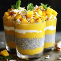 - 1/2 cup chia seeds - 2 cups coconut milk (canned or box) - 1/4 cup honey or maple syrup (for vegan option) Chia seeds are tiny but powerful. They soak up liquid and become thick. Coconut milk adds creaminess and a tropical flavor. You can use honey or maple syrup to sweeten your pudding, depending on your taste. - 1 ripe mango, diced - 1 teaspoon vanilla extract - A pinch of salt Adding ripe mango gives a fresh taste. The vanilla extract adds depth to the flavor. A little salt helps balance the sweetness. - Toasted coconut flakes - Fresh mint leaves Toasted coconut flakes add crunch and extra coconut flavor. Fresh mint leaves brighten up the dish and make it look pretty. They make your mango coconut chia pudding feel special. For the full recipe, check out the details above! Start by taking a mixing bowl. Add 1/2 cup of chia seeds. Pour in 2 cups of coconut milk. Use canned or boxed coconut milk; both work well. Stir the mixture well. This prevents the chia seeds from clumping. Next, add 1/4 cup of honey or maple syrup. This sweetens the pudding just right. Then, mix in 1 teaspoon of vanilla extract and a pinch of salt. Stir until everything blends smoothly. Now, cover the bowl with plastic wrap. You can also use a jar with a lid. Place it in the refrigerator. Chill for at least 4 hours or overnight. This step is key for thickening the pudding. The chia seeds will absorb the liquid and expand. When you take it out, the pudding should be thick and creamy. When you are ready to serve, give the pudding a good stir. If it’s too thick, add a bit more coconut milk. For a fun presentation, layer the pudding in clear glasses. Start with a layer of chia pudding at the bottom. Then, add a layer of diced mango. Repeat the layers until the glasses are full. For a nice touch, sprinkle toasted coconut flakes on top. You can also add fresh mint leaves for a pop of color. Enjoy this vibrant treat! To make your mango coconut chia pudding just right, focus on the texture. You can adjust the thickness easily by adding more coconut milk. If your pudding feels too thick after chilling, simply stir in a splash of coconut milk until it feels perfect. This helps create a creamy, smooth pudding that tastes great. Even distribution of chia seeds is key. When you first mix the chia seeds with coconut milk, stir well. This helps prevent clumps. No one wants a clump of seeds in their pudding! Stirring well ensures every bite has the same delicious flavor. Not everyone likes the same kind of sweetener. If you want to switch things up, there are great alternatives. You can use agave syrup or stevia for a low-calorie option. Both options work well and keep the flavor tasty. Just remember to adjust the amount to match your taste. A little goes a long way with stronger sweeteners. Presentation makes a big difference. To impress, serve your pudding in clear glasses. This shows off the pretty layers of chia pudding and mango. Start with a layer of pudding, then add diced mango, and repeat. This layering not only looks beautiful but also gives you a nice mix of flavors in every bite. For a final touch, sprinkle on toasted coconut flakes. They add crunch and flavor. You can also add fresh mint leaves for a pop of color and freshness. These small details make your treat look and taste even better. Enjoy your beautiful, tasty dessert! {{image_2}} You can make mango coconut chia pudding even more fun. Adding different fruits can change the taste. Try berries like strawberries or blueberries for a fresh twist. Bananas also work well. They add creaminess and sweetness. Infusing flavors gives a new vibe to your pudding. Adding lime zest brightens the taste. It brings a zesty touch that pairs well with mango. If you want a spicy kick, add a bit of ginger. This creates a warm flavor that surprises your taste buds. This recipe is quite flexible. If you follow a vegan diet, simply use maple syrup instead of honey. This keeps the treat sweet while staying plant-based. If gluten is a concern, you’re in luck! Chia seeds and coconut milk are both gluten-free. This means everyone can enjoy this tasty pudding without worry. Making chia pudding for a crowd? It’s easy to adjust the recipe. Simply double or triple the ingredients. Just keep the same mixing method. You can prepare it in larger bowls or jars. This way, everyone gets a chance to enjoy this delightful treat. Store your mango coconut chia pudding in an airtight container. This keeps it fresh and tasty. Make sure to use a container that is clean and dry. You can also cover the bowl with plastic wrap. The key is to prevent air from getting in. This helps the pudding stay thick and creamy. The pudding lasts for about 5 days in the fridge. After that, the chia seeds may lose their texture. If you notice any odd smells or colors, toss it out. Always trust your senses. Fresh pudding is always better. If you have leftovers, try using them in smoothies. Blend it with some fruits for a tasty drink. You can also layer it in parfaits with yogurt and granola. Another fun idea is to use it as a topping on pancakes or waffles. The flavor and texture add a nice twist to your breakfast! Refrigerate chia pudding for at least 4 hours. This time helps the chia seeds soak up the coconut milk. If you can wait overnight, that’s even better! It allows the flavors to mix well. The longer it chills, the thicker it gets. Yes, you can use other types of milk. Almond, soy, or oat milk are great options. Each type of milk adds unique flavor and texture. Experiment to find your favorite! Just make sure the milk you choose is unsweetened for better control over sweetness. Absolutely! This recipe is perfect for meal prep. You can make a big batch and store it in the fridge. It stays fresh for about 5 days. This makes it easy to grab a tasty snack or breakfast. Just layer it in jars for quick serving. You can pair this pudding with many delicious snacks. Fresh fruits like berries or banana slices work well. You can also add a scoop of granola for some crunch. Yogurt is another great option. Mixing flavors makes this treat even more fun to enjoy! In this post, we explored how to make delicious Mango Coconut Chia Pudding using simple ingredients. We discussed the key ingredients, preparation steps, and tips for perfecting the texture. You learned how to make variations and adjustments for different diets. Lastly, we covered storage tips and answered common questions about this tasty treat. Now, you can create your own pudding and enjoy its rich flavors and health benefits. Embrace your creativity and make this recipe your own!