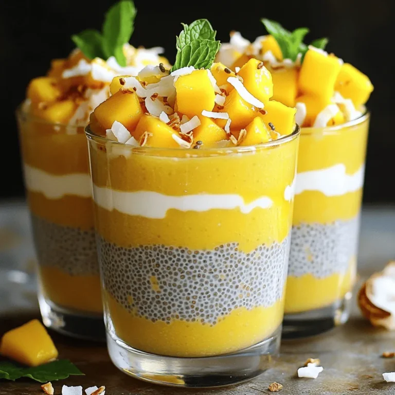 - 1/2 cup chia seeds - 2 cups coconut milk (canned or box) - 1/4 cup honey or maple syrup (for vegan option) Chia seeds are tiny but powerful. They soak up liquid and become thick. Coconut milk adds creaminess and a tropical flavor. You can use honey or maple syrup to sweeten your pudding, depending on your taste. - 1 ripe mango, diced - 1 teaspoon vanilla extract - A pinch of salt Adding ripe mango gives a fresh taste. The vanilla extract adds depth to the flavor. A little salt helps balance the sweetness. - Toasted coconut flakes - Fresh mint leaves Toasted coconut flakes add crunch and extra coconut flavor. Fresh mint leaves brighten up the dish and make it look pretty. They make your mango coconut chia pudding feel special. For the full recipe, check out the details above! Start by taking a mixing bowl. Add 1/2 cup of chia seeds. Pour in 2 cups of coconut milk. Use canned or boxed coconut milk; both work well. Stir the mixture well. This prevents the chia seeds from clumping. Next, add 1/4 cup of honey or maple syrup. This sweetens the pudding just right. Then, mix in 1 teaspoon of vanilla extract and a pinch of salt. Stir until everything blends smoothly. Now, cover the bowl with plastic wrap. You can also use a jar with a lid. Place it in the refrigerator. Chill for at least 4 hours or overnight. This step is key for thickening the pudding. The chia seeds will absorb the liquid and expand. When you take it out, the pudding should be thick and creamy. When you are ready to serve, give the pudding a good stir. If it’s too thick, add a bit more coconut milk. For a fun presentation, layer the pudding in clear glasses. Start with a layer of chia pudding at the bottom. Then, add a layer of diced mango. Repeat the layers until the glasses are full. For a nice touch, sprinkle toasted coconut flakes on top. You can also add fresh mint leaves for a pop of color. Enjoy this vibrant treat! To make your mango coconut chia pudding just right, focus on the texture. You can adjust the thickness easily by adding more coconut milk. If your pudding feels too thick after chilling, simply stir in a splash of coconut milk until it feels perfect. This helps create a creamy, smooth pudding that tastes great. Even distribution of chia seeds is key. When you first mix the chia seeds with coconut milk, stir well. This helps prevent clumps. No one wants a clump of seeds in their pudding! Stirring well ensures every bite has the same delicious flavor. Not everyone likes the same kind of sweetener. If you want to switch things up, there are great alternatives. You can use agave syrup or stevia for a low-calorie option. Both options work well and keep the flavor tasty. Just remember to adjust the amount to match your taste. A little goes a long way with stronger sweeteners. Presentation makes a big difference. To impress, serve your pudding in clear glasses. This shows off the pretty layers of chia pudding and mango. Start with a layer of pudding, then add diced mango, and repeat. This layering not only looks beautiful but also gives you a nice mix of flavors in every bite. For a final touch, sprinkle on toasted coconut flakes. They add crunch and flavor. You can also add fresh mint leaves for a pop of color and freshness. These small details make your treat look and taste even better. Enjoy your beautiful, tasty dessert! {{image_2}} You can make mango coconut chia pudding even more fun. Adding different fruits can change the taste. Try berries like strawberries or blueberries for a fresh twist. Bananas also work well. They add creaminess and sweetness. Infusing flavors gives a new vibe to your pudding. Adding lime zest brightens the taste. It brings a zesty touch that pairs well with mango. If you want a spicy kick, add a bit of ginger. This creates a warm flavor that surprises your taste buds. This recipe is quite flexible. If you follow a vegan diet, simply use maple syrup instead of honey. This keeps the treat sweet while staying plant-based. If gluten is a concern, you’re in luck! Chia seeds and coconut milk are both gluten-free. This means everyone can enjoy this tasty pudding without worry. Making chia pudding for a crowd? It’s easy to adjust the recipe. Simply double or triple the ingredients. Just keep the same mixing method. You can prepare it in larger bowls or jars. This way, everyone gets a chance to enjoy this delightful treat. Store your mango coconut chia pudding in an airtight container. This keeps it fresh and tasty. Make sure to use a container that is clean and dry. You can also cover the bowl with plastic wrap. The key is to prevent air from getting in. This helps the pudding stay thick and creamy. The pudding lasts for about 5 days in the fridge. After that, the chia seeds may lose their texture. If you notice any odd smells or colors, toss it out. Always trust your senses. Fresh pudding is always better. If you have leftovers, try using them in smoothies. Blend it with some fruits for a tasty drink. You can also layer it in parfaits with yogurt and granola. Another fun idea is to use it as a topping on pancakes or waffles. The flavor and texture add a nice twist to your breakfast! Refrigerate chia pudding for at least 4 hours. This time helps the chia seeds soak up the coconut milk. If you can wait overnight, that’s even better! It allows the flavors to mix well. The longer it chills, the thicker it gets. Yes, you can use other types of milk. Almond, soy, or oat milk are great options. Each type of milk adds unique flavor and texture. Experiment to find your favorite! Just make sure the milk you choose is unsweetened for better control over sweetness. Absolutely! This recipe is perfect for meal prep. You can make a big batch and store it in the fridge. It stays fresh for about 5 days. This makes it easy to grab a tasty snack or breakfast. Just layer it in jars for quick serving. You can pair this pudding with many delicious snacks. Fresh fruits like berries or banana slices work well. You can also add a scoop of granola for some crunch. Yogurt is another great option. Mixing flavors makes this treat even more fun to enjoy! In this post, we explored how to make delicious Mango Coconut Chia Pudding using simple ingredients. We discussed the key ingredients, preparation steps, and tips for perfecting the texture. You learned how to make variations and adjustments for different diets. Lastly, we covered storage tips and answered common questions about this tasty treat. Now, you can create your own pudding and enjoy its rich flavors and health benefits. Embrace your creativity and make this recipe your own!