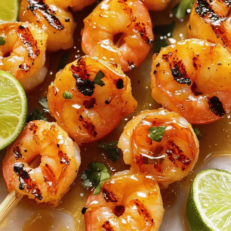 To make Honey-Lime Grilled Shrimp Skewers, gather these key ingredients: - 1 lb large shrimp, peeled and deveined - 1/4 cup honey - 2 tablespoons lime juice (freshly squeezed) - Zest of 1 lime - 2 cloves garlic, minced - 1 teaspoon ground cumin - 1/2 teaspoon red pepper flakes (optional for heat) - Salt and pepper to taste - Bamboo or metal skewers These ingredients come together to create a sweet and tangy flavor that is hard to beat. The honey adds a great touch of sweetness. Lime juice and zest brighten the dish, making it refreshing. Garlic and cumin provide depth, while red pepper flakes add a kick if you like heat. When choosing shrimp, look for these signs: - Opt for fresh shrimp with a slight ocean scent. - Choose firm shrimp that feels springy to the touch. - Check for a clean, translucent appearance. Avoid shrimp with a strong fishy smell or a dull color. If buying frozen shrimp, ensure they are individually quick-frozen (IQF) for the best texture. You can easily swap or add ingredients to suit your taste: - Try different sweeteners like agave syrup or maple syrup. - Use lemon juice instead of lime for a different citrus flavor. - Add herbs like cilantro or parsley for freshness. These changes can help you create a dish that fits your unique flavor preferences. Don't hesitate to experiment! For the full recipe, refer to the earlier section. To start, make the marinade. In a bowl, whisk together the honey, lime juice, lime zest, minced garlic, ground cumin, red pepper flakes, salt, and pepper. This step is key. The honey gives sweetness, while the lime adds a nice tang. Add the shrimp and stir to coat them well. Cover the bowl and let it sit in the fridge for at least 30 minutes. This allows the shrimp to soak in all the flavors. Next, it's time to prep the grill. Preheat your grill to medium-high heat. This ensures a nice sear on the shrimp. If you use bamboo skewers, soak them in water for 20-30 minutes. Soaking prevents them from burning on the grill. If you choose metal skewers, you can skip this step. Once your shrimp have marinated, it's time to skewer them. Thread the shrimp onto your skewers. Leave a little space between each piece. This helps them cook evenly. Place the skewers on the hot grill. Grill the shrimp for about 2-3 minutes on each side. Watch closely; they should turn pink and opaque. Avoid overcooking to keep them tender and juicy. After grilling, you can drizzle extra honey and lime juice on top for a burst of flavor. Enjoy your delightful Honey-Lime Grilled Shrimp Skewers! For the complete recipe, check out the Full Recipe section. To grill shrimp well, choose large shrimp. They cook evenly and stay juicy. Marinate them for at least 30 minutes. This allows the shrimp to soak up all the flavors. When you grill, keep the heat at medium-high. This helps cook them quickly. Cook each side for about 2-3 minutes. Look for a pink color and opaque look to know they are done. Avoid overcooking the shrimp. Overcooked shrimp turn tough and rubbery. Make sure to leave space between shrimp on the skewer. This allows hot air to circulate and cook evenly. If using bamboo skewers, soak them in water first. This keeps them from burning on the grill. Also, don't flip them too often. Let them sear nicely on one side before turning. You can add more zing to your shrimp. Try a dash of soy sauce or a sprinkle of cilantro. These add great flavor. If you like some heat, a few drops of hot sauce work wonders. You can also mix in some fresh herbs like basil or mint. For a citrus twist, add orange juice to the marinade. This will give your shrimp a new flavor depth. For the full recipe, check out the details above. {{image_2}} You can change the flavors of your honey-lime grilled shrimp skewers with different marinades. For a spicy kick, try adding sriracha or chili sauce to your marinade. If you prefer a smoky flavor, use smoked paprika or chipotle powder. A simple marinade of soy sauce, ginger, and garlic can also bring a new twist. Mix and match to find your favorite! You can use other proteins instead of shrimp. Chicken breast or thighs work well and have a nice texture. Just cut the chicken into bite-sized pieces and adjust the cooking time. Firm fish like salmon or swordfish can also be a great choice. For a meatier option, try using pork tenderloin. You will want to marinate them just like the shrimp. If you want a vegetarian option, there are many choices. You can use tofu, mushrooms, or zucchini. Cut them into chunks and marinate as you would the shrimp. Bell peppers, cherry tomatoes, and red onion also make great additions to your skewers. These veggies add color and flavor to the dish. Pair them with the honey-lime marinade for a tasty treat. For the full recipe, check out the detailed instructions above. After a fun meal, you might have some shrimp skewers left. First, let them cool to room temperature. Next, place them in an airtight container. You can also wrap them tightly in plastic wrap. This keeps them fresh for up to three days in the fridge. To enjoy your leftovers, reheat them gently. Use a skillet on medium heat. Add a little olive oil to prevent sticking. Cook for about three to four minutes until they are heated through. You can also microwave them for 30 seconds, but avoid overcooking. If you want to save shrimp skewers for later, freezing is a great option. First, let the skewers cool completely. Then, wrap each skewer in plastic wrap. Place them in a freezer bag, squeezing out the air. They can stay in the freezer for up to three months. When ready to eat, thaw them in the fridge overnight before reheating. For more details on making these tasty shrimp skewers, check out the Full Recipe. Shrimp cook quickly. They turn from gray to pink. The best way to check is to look for a firm texture. When you cut one open, it should be opaque inside. If it looks shiny or translucent, it needs more time. Avoid cooking too long; this makes them tough. Yes, you can! Use a stovetop grill pan or an oven broiler. For a stovetop pan, heat it over medium-high heat. Cook the shrimp for about 2-3 minutes on each side, just like on the grill. If using a broiler, place the skewers on a baking sheet. Broil for about 2-3 minutes per side, keeping an eye on them. You can marinate shrimp for 30 minutes to about 2 hours. The longer you marinate, the more flavor they absorb. Just avoid going over 2 hours. The acid in the lime juice can make the shrimp mushy if left too long. These skewers pair well with many sides. Try a fresh salad or grilled vegetables. Rice or quinoa also works great. You can add a dip like avocado or a spicy sauce for extra flavor. Yes, this recipe is perfect for meal prep. Cook the shrimp skewers and store them in the fridge. They last for up to three days. Reheat them in a pan or microwave. You can also enjoy them cold in salads or wraps. For the full recipe, check the main article. You learned how to make Honey-Lime Grilled Shrimp Skewers. We covered essential ingredients, tips for selecting shrimp, and alternatives to customize your dish. The step-by-step instructions made grilling easy, while the tips helped avoid common mistakes. You now know how to store and reheat leftovers, too. In conclusion, this recipe is simple and fun. Whether for a meal prep or a barbecue, you can impress anyone with these skewers. Enjoy your cooking!