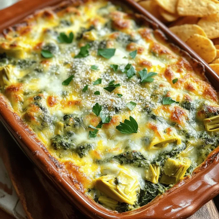 - 1 cup frozen spinach, thawed and well-drained - 1 cup canned artichoke hearts, drained and chopped - 1 cup cream cheese, softened - 1/2 cup sour cream - 1/2 cup mayonnaise - 1 cup shredded mozzarella cheese - 1/2 cup grated Parmesan cheese - 2 cloves garlic, minced Spinach artichoke dip is a crowd-pleaser. The creamy blend of flavors works well for parties. To start, you need high-quality ingredients. Frozen spinach gives you that vibrant green color. Canned artichokes save time, but fresh ones are great if you have them. Cream cheese creates a rich base. Sour cream and mayonnaise add tang. Mozzarella and Parmesan bring cheesy goodness. Garlic adds depth to the flavor. - 1/2 teaspoon onion powder - 1/4 teaspoon crushed red pepper flakes (optional) - Salt and pepper to taste Spices elevate your dip from good to great. Onion powder adds a sweet, savory note. Crushed red pepper flakes give a kick. Adjust salt and pepper to your liking. Seasoning helps tie all the flavors together, making each bite more delicious. - Mixing bowls - Baking dish (8x8 inches) - Oven You don’t need fancy tools to make this dip. A mixing bowl works for combining your ingredients. An 8x8-inch baking dish is perfect for the oven. Preheat your oven to get the dip bubbly and golden. I recommend using the Full Recipe for more detailed steps to create this tasty treat. - Preheat your oven to 350°F (175°C). - In a large bowl, combine cream cheese, sour cream, and mayonnaise until smooth. - Stir in minced garlic, onion powder, crushed red pepper flakes, salt, and pepper. - Add spinach, chopped artichokes, shredded mozzarella, and grated Parmesan cheese. Mix until fully blended. - Transfer the mixture to an 8x8-inch baking dish. - Bake for 25-30 minutes until bubbly and golden brown. This process results in a creamy, cheesy delight that is perfect for sharing. Make sure to check the dip towards the end of baking. You want that golden top to form without burning it. Enjoy the rich flavors that come from the combination of cheeses and vegetables. This recipe is a crowd-pleaser at parties, and you can find the full recipe in the earlier sections. To make a great spinach artichoke dip, start with well-drained spinach. Too much water makes the dip runny. Use a clean kitchen towel or paper towels to squeeze out extra moisture. Next, blend your ingredients until smooth. This ensures a creamy texture that everyone will love. Serve your dip warm with tasty sides. Toasted pita chips are a great choice. Tortilla chips also add a nice crunch. Sliced baguette provides a classic touch. For added flair, garnish your dip with extra Parmesan cheese and a sprinkle of fresh parsley. This makes it look appealing and adds flavor. Making your own dip has many perks. You control the ingredients and flavors. Homemade dip tastes fresh and rich. Store-bought options can be convenient but often lack flavor. They may also contain preservatives. By choosing to make your dip, you can create a unique flavor profile. For the full recipe, check out the details above. {{image_2}} To make a vegan version, swap out the cream cheese and mayonnaise. Use plant-based cream cheese and a vegan mayo. This keeps the dip creamy and delicious without dairy. Add a touch of nutritional yeast for extra cheesy flavor. You can still enjoy that rich taste while being kind to animals. If you're serving guests who need gluten-free choices, pick gluten-free chips or bread. Many options exist today, from corn tortilla chips to gluten-free crackers. This way, everyone can dip in without worry. You can also use sliced veggies like carrots or cucumbers for a fresh crunch. Want to kick up the heat? Just add more crushed red pepper or hot sauce. Start with a small amount to test the heat. You can always add more, but you can't take it out. This adds a nice kick that many guests will love. The spice makes the dip unique and memorable. For more details on making this tasty dip, check out the Full Recipe. To keep your leftover dip fresh, refrigerate it in an airtight container. This way, it will stay good for up to 3 days. Make sure the lid fits tightly. This helps prevent the dip from drying out or absorbing other smells in the fridge. When you want to enjoy the dip again, reheating it is key. The best method is to use the oven. Preheat the oven to 350°F (175°C). Place the dip in an oven-safe dish and cover it with foil. Heat for about 15-20 minutes until warm. This keeps the dip creamy and tasty. You can also use a microwave. Just heat in short bursts of 30 seconds, stirring in between. This prevents hot spots and keeps it smooth. If you want to save the dip for later, freezing works great. First, let the dip cool completely. Then, place it in a freezer-safe container. Make sure to leave some space at the top for expansion. Seal it tightly and label it with the date. You can freeze it for up to 3 months. To thaw, move it to the fridge overnight. When ready to serve, reheat as mentioned above. Enjoy that cheesy goodness even after a long time! Yes, you can prepare this dip ahead of time. Mix the ingredients and place them in a baking dish. Cover it tightly and store it in the fridge. This way, you save time on party day. You can keep it in the fridge for up to two days before baking. Just remember to let it sit at room temperature for about 20 minutes before baking. This helps it cook evenly. To make this dip healthier, swap some ingredients. Use Greek yogurt instead of sour cream and mayonnaise. This adds protein and cuts fat. You can also use low-fat cream cheese. For the cheese, choose part-skim mozzarella. Adding more spinach boosts nutrients without changing the taste. This dip pairs well with many tasty options. Serve it with toasted pita chips or tortilla chips. You can also use sliced baguette or fresh veggies like carrots and celery. For drinks, try serving it with a crisp white wine or a light beer. Enjoy the mix of flavors! Spinach artichoke dip is easy and fun to make with simple ingredients. We covered the main components, spices, and helpful tools. The step-by-step guide helps you prepare, mix, and bake it perfectly. I shared tips for serving and variations to try, plus storage options. You can enjoy this creamy dip in many ways. Whether you prefer homemade or make a healthy version, it’s a crowd-pleaser. Get creative and make this dish your own! Your friends and family will love it.