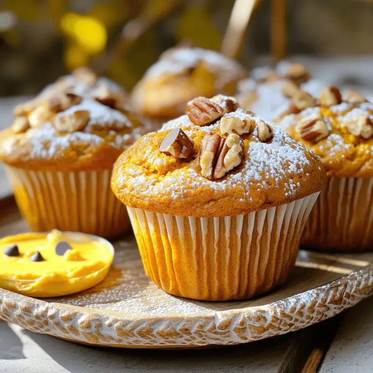 To make the best pumpkin spice muffins, gather these simple ingredients. Each one plays a key role in creating that fluffy texture and rich flavor. - 1 cup canned pumpkin puree - 1/2 cup vegetable oil - 1 cup brown sugar, packed - 2 large eggs - 1 teaspoon vanilla extract - 2 cups all-purpose flour - 1 teaspoon baking soda - 1 teaspoon baking powder - 1 teaspoon cinnamon - 1/2 teaspoon nutmeg - 1/2 teaspoon ginger - 1/2 teaspoon salt - 1/3 cup chopped pecans (optional) - 1/4 cup mini chocolate chips (optional) Using canned pumpkin puree gives the muffins a smooth texture. Vegetable oil keeps them moist. Brown sugar adds sweetness and a hint of caramel. The eggs help everything bind together. Vanilla extract adds a warm flavor. All-purpose flour forms the base of the muffins. Baking soda and baking powder create lift, making them fluffy. The spices—cinnamon, nutmeg, and ginger—give those classic fall flavors. If you want to add a twist, toss in optional mix-ins. Chopped pecans add crunch, while mini chocolate chips provide a sweet surprise. For the full recipe, check the instructions that follow. This mix of ingredients makes your muffins not just tasty but also delightful! Start by preheating the oven to 350°F (175°C). This step is key for even baking. Next, get your muffin tin ready. You can line it with paper liners or spray it with cooking spray. Both methods help the muffins pop out easily. In a large bowl, combine the canned pumpkin puree, vegetable oil, brown sugar, eggs, and vanilla extract. Use a whisk to mix them well. You want a smooth and creamy texture. This mix brings moisture and sweetness to the muffins. In a separate bowl, whisk together the all-purpose flour, baking soda, baking powder, cinnamon, nutmeg, ginger, and salt. This step ensures that the leavening agents and spices are evenly spread. Now, gradually add this dry mix to the wet ingredients. Stir gently until just combined. Be careful not to overmix, as this keeps the muffins fluffy. If you want to add more flavor, fold in the chopped pecans and mini chocolate chips. They add a nice crunch and sweetness. Next, divide the batter evenly among the muffin cups. Fill each cup about 3/4 full. This gives the muffins room to rise without spilling over. Place the muffin tin in the preheated oven. Bake for 18-20 minutes. To check if they are done, insert a toothpick in the center of a muffin. If it comes out clean, they are ready. Once baked, let the muffins cool in the tin for 5 minutes. Then, transfer them to a wire rack to cool completely. Enjoy them warm for the best taste! For the full recipe, check the earlier section. To bake perfect muffins, use a scale for measuring. Accurate amounts give the best results. Always preheat your oven. This helps muffins rise nicely. Use fresh baking powder and baking soda. Old leavening agents can lead to flat muffins. Fill each muffin cup about 3/4 full. This allows room for rising but avoids overflow. To keep muffins light, avoid overmixing the batter. Mix until just combined; lumps are okay. Also, use room-temperature eggs. Cold eggs can shock the batter. Lastly, ensure your oven temperature is correct. An oven thermometer can help with this. Serve these muffins warm for the best flavor. Dust them with powdered sugar for a sweet touch. Pair with cream cheese spread for extra creaminess. Enjoy with a cup of coffee or tea for a cozy snack. Store muffins in an airtight container. They stay fresh at room temperature for three days. To freeze, wrap them tightly in plastic wrap before placing them in a freezer bag. For reheating, microwave for 10-15 seconds. This brings back their fluffy texture. You can also warm them in the oven at 350°F for about 5 minutes. Enjoy your Pumpkin Spice Muffins from the Full Recipe! {{image_2}} You can make gluten-free pumpkin spice muffins. Start by swapping all-purpose flour with a gluten-free blend. Look for a blend that includes xanthan gum. This helps keep the muffins fluffy. Use the same amount of the gluten-free flour as the recipe states. Check the baking time; it may change slightly. To make vegan pumpkin spice muffins, replace eggs with flaxseed meal. Mix 1 tablespoon of flaxseed meal with 2.5 tablespoons of water. Let it sit for 5 minutes to thicken. Use a plant-based oil instead of vegetable oil. You can also use almond milk instead of any dairy milk. This keeps the muffins moist and tasty. You can add different nuts or spices for fun twists. Try walnuts or almonds for crunch. You can also mix in dried fruits like cranberries or raisins. For a spicier kick, add cloves or allspice. Experiment and find your favorite combo! This keeps every batch exciting. For the full recipe, check above. To keep your pumpkin spice muffins fresh, store them in an airtight container. This helps prevent them from drying out. You can use a zip-top bag or a plastic container. If you plan to eat them within a few days, just leave them on the counter. If you want to keep them longer, refrigerate them. Avoid stacking muffins, as they can get squished. Freezing is a great way to save muffins for later. To freeze them, first let them cool completely. Then, wrap each muffin in plastic wrap. Place the wrapped muffins in a freezer-safe bag or container. They will stay fresh for about three months in the freezer. When you want to eat them, simply thaw them at room temperature or heat them in the microwave. Pumpkin spice muffins can last about three to four days at room temperature. If stored in the fridge, they can last up to a week. Keep an eye out for signs of spoilage. If you see mold or if the muffins smell off, it is best to throw them away. Fresh muffins will be soft and have a sweet aroma. Enjoy your pumpkin spice muffins with these storage tips for the best taste! For the full recipe, check out the details above. These muffins stay moist due to the canned pumpkin puree and the vegetable oil. The pumpkin adds moisture while the oil helps keep the texture soft. Together, they make each bite light and fluffy. Yes, you can use fresh pumpkin. Just cook it until soft, then puree it. Make sure to drain any excess water. This gives you a rich flavor and a great texture, just like canned pumpkin. To lower the sugar, you can cut the brown sugar by half. You can also use a sugar substitute like stevia or monk fruit. Just remember that this may change the taste and texture slightly. Some easy substitutions include: - Using applesauce for oil to cut fat - Replacing all-purpose flour with whole wheat flour - Adding walnuts instead of pecans for a different nut flavor These swaps can change the taste but still keep the muffins yummy. Yes, you can make mini muffins! Simply fill the mini muffin tins 3/4 full. Bake for about 12-15 minutes instead of 18-20 minutes. Check with a toothpick for doneness. These mini treats are perfect for snacks or lunchboxes. For the full recipe, see above. In this post, we explored everything needed for perfect pumpkin spice muffins. You learned about key ingredients, step-by-step instructions, and helpful tips for great results. We also shared tasty variations and storage methods. Baking these muffins is fun and simple. Enjoy the warm, spiced aroma in your kitchen. With practice, you'll impress everyone with your baking skills. Happy baking!
