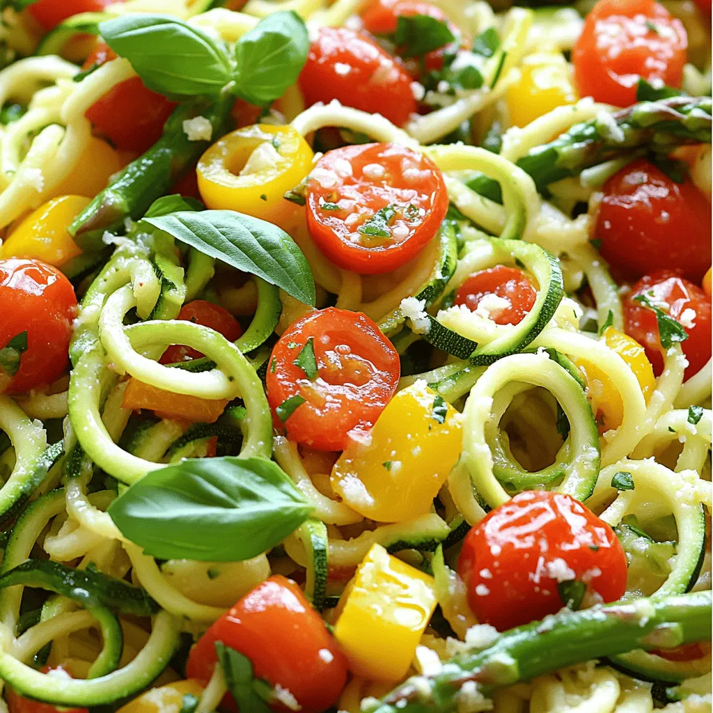 - 4 medium zucchinis, spiralized into zoodles - 1 cup cherry tomatoes, halved - 1 red bell pepper, diced - 1 yellow bell pepper, diced - 1 cup asparagus, chopped into 1-inch pieces - 2 cloves garlic, minced - 3 tablespoons olive oil - 1 teaspoon dried Italian herbs (basil, oregano, thyme) - Salt and pepper to taste - Fresh basil leaves for garnish - Grated Parmesan cheese (optional for serving) This dish is packed with nutrients. Each serving is low in calories but high in vitamins. Zucchini adds fiber, while tomatoes offer antioxidants. The bell peppers bring in vitamin C. Asparagus is a great source of folate. Olive oil provides healthy fats. Overall, this meal is light yet satisfying. You can swap zucchinis for spiralized carrots for a sweeter taste. If you dislike asparagus, try green beans or broccoli. Cherry tomatoes can be replaced with grape tomatoes. For a dairy-free option, skip the Parmesan or use a vegan substitute. Fresh herbs like parsley or cilantro can also work well in place of basil. Adjust the recipe to fit your taste! For the full recipe, check the instructions provided above. Start by washing your zucchinis. Use a spiralizer to turn them into zoodles. The zoodles should look like long, curly noodles. Place them in a colander and sprinkle with salt. Let them sit for 10 minutes. This draws out extra water and helps keep them firm. Grab a large skillet and add 2 tablespoons of olive oil. Heat it over medium heat. Once hot, add minced garlic and stir for about 30 seconds. The garlic will smell amazing. Now, toss in the halved cherry tomatoes, diced red and yellow bell peppers, and chopped asparagus. Sprinkle the dried Italian herbs over the veggies. Cook this mix for about 5 to 7 minutes. Stir often until the veggies soften and the tomatoes burst open. After cooking the veggies, pat your zoodles dry with a paper towel. This step helps remove more moisture. Add the zoodles to the skillet and pour in the last tablespoon of olive oil. Gently toss everything together. Cook for an additional 2 to 3 minutes. You want the zoodles to be tender but still a bit firm. Season with salt and pepper to your liking. Once done, remove from heat. Let it rest for a minute before serving. The Burst Tomato Zoodle Primavera is now ready to enjoy! For the complete cooking process, check the Full Recipe. To cook zoodles well, start by salting them. This step removes extra moisture. Let them sit for about 10 minutes. After that, pat them dry with a paper towel. This helps keep zoodles firm when you cook them. When you add the zoodles to the pan, cook them just until tender. This usually takes 2 to 3 minutes. Watch closely so they don’t get mushy. For this dish, you need a few key tools. A spiralizer is a must for making zoodles. A large skillet is great for sautéing your veggies. Use a spatula to stir and toss everything together. A colander is helpful for draining excess water from the zoodles. Having these tools makes cooking easier and more fun. Herbs and spices make a big difference in taste. I love using dried Italian herbs like basil, oregano, and thyme. They add depth and aroma to the dish. Fresh herbs, like basil leaves, give a bright finish. You can also try adding red pepper flakes for heat. Experiment with what you like best. The right herbs will take your Burst Tomato Zoodle Primavera to the next level. {{image_2}} You can add protein to make this dish heartier. Grilled chicken or shrimp pairs well. Simply cook the protein separately and mix it in when you add the zoodles. You can also use chickpeas or lentils for a plant-based option. Both add great flavor and texture. Feel free to swap out any veggies you don’t like. Broccoli, spinach, or even carrots can work. Just remember to cut them into small pieces. This dish is all about fresh flavors, so use what you enjoy most. Think of what’s in season or what you have on hand. To keep this dish low-carb, stick with the zoodles. For a vegan twist, skip the Parmesan cheese and use nutritional yeast instead. It gives a cheesy flavor without dairy. You can also add nuts or seeds for crunch and extra nutrition. This dish is fun to customize, so let your taste guide you! To keep leftovers fresh, store them in an airtight container. Place the zoodle mix and sauce together. If you separate them, the zoodles may become mushy. Use the dish within three days for the best taste. Avoid storing it longer, as the flavors will fade. Reheat leftovers gently. Use a skillet over low heat. Add a splash of olive oil to help revive the flavors. Stir often to heat evenly. You can also microwave it for about one minute. Just be careful not to overcook the zoodles. If you want to freeze the dish, it’s best to store the sauce and zoodles separately. Use freezer-safe bags or containers. The sauce can last up to three months. Zoodles may lose some texture but will still taste good. Thaw in the fridge overnight before reheating. This makes it easy to enjoy a quick meal later! Zucchini noodles, or zoodles, are long strands made from zucchini. You can make them using a spiralizer. They are a fun, healthy twist on pasta. Zoodles are low in carbs and calories. They soak up flavors well, making them great in many dishes. Yes, you can make Burst Tomato Zoodle Primavera ahead of time. Cook the dish fully and let it cool. Store it in an airtight container in the fridge. Enjoy it within three days for the best taste. Zoodles last about two to three days in the fridge. Store them in a sealed container to keep them fresh. If they get slimy or brown, it’s time to toss them. Yes, Burst Tomato Zoodle Primavera is gluten-free. The main ingredient, zucchini, has no gluten. This makes it perfect for those with gluten sensitivities. Just ensure all other ingredients are also gluten-free, like the seasonings. For the full recipe, you can refer to the instructions above. In this blog post, I covered the key ingredients for zoodles, their nutritional benefits, and substitution tips. I detailed step-by-step instructions for making perfect zoodles, including cooking methods and combining them with sauce. You learned helpful cooking tips, utensil recommendations, and ways to enhance flavors. I also shared variations with proteins and vegetables to suit your taste. Finally, I gave you storage insights and answered common questions. Zoodles are a fun, healthy choice for meals. Enjoy experimenting with them!