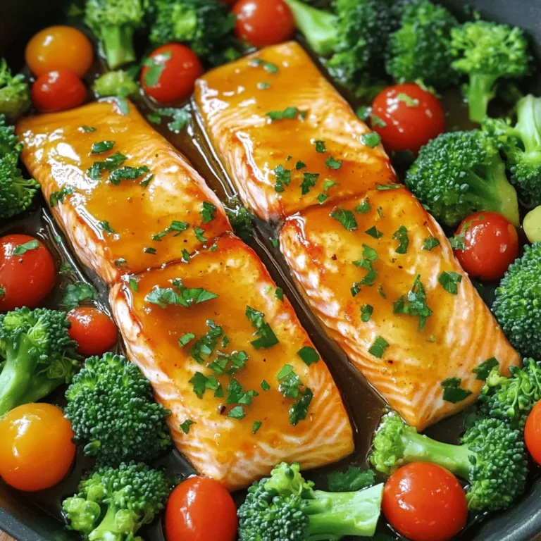 - 4 salmon fillets (about 6 oz each) - 1/4 cup honey - 3 cloves garlic, minced - 2 tablespoons soy sauce (or tamari for gluten-free) - 2 cups broccoli florets - 1 cup cherry tomatoes, halved - Fresh parsley, chopped (for garnish) - 1 tablespoon olive oil - 1 tablespoon lemon juice - Salt and pepper to taste This dish shines with fresh salmon, sweet honey, and savory garlic. The soy sauce adds a rich depth. Broccoli and cherry tomatoes bring color and crunch. Fresh parsley gives a final touch to this meal. You can add olive oil for extra richness. Lemon juice brightens the dish and adds zing. Salt and pepper enhance all the flavors. Together, these ingredients create a tasty dinner delight. For the full recipe, check out the complete instructions to make this easy one-pan meal. - Preheat Oven to 400°F (200°C) Start by preheating your oven. This step is key for cooking the salmon evenly. - Preparing the Honey Garlic Sauce In a small bowl, mix together the honey, minced garlic, soy sauce, lemon juice, and olive oil. Add a pinch of salt and pepper too. Whisk it until smooth. This sauce is what makes the salmon shine. - Lay Out Salmon Fillets On a large baking sheet lined with parchment paper, place the salmon fillets. Make sure to space them out. This helps them cook evenly. - Add Broccoli and Cherry Tomatoes Next, add the broccoli florets and halved cherry tomatoes around the salmon. These veggies add color and nutrients. - Pouring Sauce Over Ingredients Pour half of the honey garlic sauce over the salmon. Make sure each fillet is coated well. Drizzle the rest over the veggies and toss gently. - Baking Time and Temperature Place the baking sheet in the oven. Bake for about 15-20 minutes. The salmon should flake easily with a fork, and the veggies should be tender. Enjoy your One Pan Honey Garlic Salmon as it comes together in one simple meal! For the full recipe, check out the detailed instructions above. To make the best honey garlic sauce, you need to balance sweetness and saltiness. I recommend starting with equal parts honey and soy sauce. This mix gives a nice flavor without being too sweet. If you want more flavor, add more garlic. This lets you control the taste. You can also customize garlic intensity. If you love garlic, use more minced garlic. For a milder taste, use fewer cloves. This way, you get a sauce just right for your palate. To check doneness, look for the salmon to flake easily with a fork. It should be opaque in color. This usually takes about 15-20 minutes at 400°F. You can also use a food thermometer. Salmon is done at 145°F. Keeping the salmon moist is key. Always coat it well with the honey garlic sauce. You can even brush on some extra sauce halfway through cooking. This adds flavor and keeps it juicy. To ensure even cooking, cut the vegetables into similar sizes. This helps them bake at the same rate. Broccoli florets and cherry tomatoes work well together. Spread them out on the baking sheet for better heat circulation. If you want to swap vegetables, try asparagus or bell peppers. They will also roast nicely and add great flavor. Just remember to adjust cooking time if you use different veggies. For the full recipe, check out the One Pan Honey Garlic Salmon section. {{image_2}} Using Different Fish Types You can switch up the fish if you want. Try using trout or cod instead of salmon. Both provide a nice, flaky texture. Each fish has its own taste, which can change the dish. Just adjust the cooking time slightly for thicker or thinner fillets. Substituting Honey with Maple Syrup If you want to change the sweetness, use maple syrup. It adds a rich flavor and works well with garlic. You can mix it in the same way you do with honey. Gluten-Free Adaptations To make this dish gluten-free, use tamari instead of soy sauce. Tamari is a great choice and tastes similar. This small swap keeps the dish safe for gluten-free diets while still delivering that savory flavor. Low-Carb Variations For a low-carb option, skip the honey. Use a sugar substitute like erythritol. This keeps the sweetness without the carbs. You can also add more vegetables to fill your plate and keep it healthy. Pairing with Rice or Quinoa This salmon dish pairs well with rice or quinoa. The grains soak up the honey garlic sauce nicely. You can use white or brown rice, or even cauliflower rice for a lighter option. Serving with a Side Salad A fresh side salad complements this meal. A mix of greens and colorful veggies brightens the plate. Toss in some nuts or seeds for crunch and flavor. It makes a balanced meal full of nutrients. For the full recipe, refer to the section above. Refrigeration Tips After your meal, let the salmon cool down. Place it in an airtight container. You can store it in the fridge for up to three days. Keep the veggies in a separate container to maintain their crunch. Freezing Guidelines If you want to store it longer, freezing is a great option. Wrap the salmon tightly in plastic wrap, then place it in a freezer-safe bag. You can freeze leftovers for up to three months. Make sure to label the bag with the date. This helps you track freshness. Best Methods for Keeping Salmon Flaky When reheating, the oven is best. Preheat it to 350°F (175°C). Place the salmon on a baking sheet. Cover it with foil to keep it moist. Heat for about 10-15 minutes. This helps keep the salmon flaky and tasty. How to Reheat Vegetables For veggies, use the microwave. Place them in a bowl and add a splash of water. Cover it with a plate. Heat for about 1-2 minutes. This method helps to keep them crisp and bright. Understanding Freshness Duration Cooked salmon lasts in the fridge for three days. If you freeze it, it stays fresh for three months. Always check the smell and look for any changes in texture. Signs of Spoilage Watch for a sour smell or dull color. If the salmon feels slimy, it’s best to toss it. Fresh salmon should be firm and have a bright color. Trust your senses to ensure safety. - Key Steps to Follow: To make this dish, you begin with fresh salmon fillets. Preheat your oven to 400°F (200°C). In a bowl, mix honey, minced garlic, soy sauce, lemon juice, and olive oil. This is your honey garlic sauce. Place the salmon on a baking sheet. Pour half the sauce over the salmon. Then, add broccoli florets and halved cherry tomatoes around the salmon. Drizzle the rest of the sauce over the veggies. Bake for 15-20 minutes until the salmon is flaky. This simple process makes a healthy meal in one pan. You get tender salmon and perfectly cooked veggies, all with a lovely flavor from the honey garlic sauce. The recipe is quick and uses common ingredients. For a detailed guide, check out the Full Recipe. - Pairing Suggestions for a Balanced Meal: Honey garlic salmon pairs well with many sides. Here are some ideas: - Steamed rice or quinoa for a hearty base. - A fresh side salad with mixed greens for crunch. - Roasted potatoes for a comforting touch. - Garlic bread for a tasty addition. These options help create a balanced meal. Each side brings its own flavor and texture, making your dinner more exciting. - Recommended Cooking Time and Tips for Best Results: Baking salmon at 400°F usually takes about 15-20 minutes. The exact time can vary based on the thickness of the fillets. To check if it’s done, use a fork to see if it flakes easily. If it does, it’s ready! Keep an eye on the salmon to avoid overcooking. The key is to ensure it stays moist and tender. One Pan Honey Garlic Salmon is easy, tasty, and full of flavor. You learned about key ingredients like salmon, honey, and garlic. I shared steps to prep, arrange, and bake your meal to perfection. You now have tips to make the sauce just right. Plus, I covered how to store leftovers and offered answers to common questions. Try this simple dish tonight. It brings joy to any meal! You can impress your friends and family with very little work. Enjoy every bite!