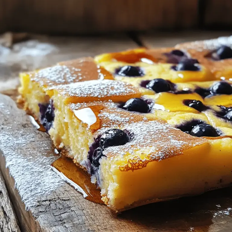 Gathering the right ingredients makes all the difference. Here’s what you need for the Blueberry Pancake Bake: - 2 cups all-purpose flour - 2 tablespoons baking powder - 1/2 teaspoon salt - 1 tablespoon sugar - 2 cups milk - 2 large eggs - 1/4 cup melted butter (plus extra for greasing) - 1 teaspoon vanilla extract - 2 cups fresh blueberries (or frozen, if fresh are unavailable) - Maple syrup and powdered sugar for serving (optional) Each ingredient plays a key role. The flour provides structure. Baking powder helps it rise. Salt enhances flavor, while sugar adds a hint of sweetness. Milk and eggs bind everything together, creating a fluffy texture. The melted butter gives a rich taste, and vanilla adds warmth. Fresh blueberries burst with flavor, making each bite a treat. You can even top it with maple syrup or a dusting of powdered sugar for extra delight. For the full recipe, see the main section. - Preheat your oven to 350°F (175°C). - Grease a 9x13 inch baking dish with melted butter. - In a large bowl, combine: - 2 cups all-purpose flour - 2 tablespoons baking powder - 1/2 teaspoon salt - 1 tablespoon sugar Stir these dry ingredients well. This mix gives the pancake bake its fluffy texture. - In another bowl, prepare your wet mix. Combine: - 2 cups milk - 2 large eggs - 1/4 cup melted butter - 1 teaspoon vanilla extract Whisk these together until smooth. This mixture adds moisture and flavor. - Now, pour the wet mixture into the dry mix. - Stir gently until just combined. It’s okay if the batter is a bit lumpy; do not overmix. - Carefully fold in 2 cups of blueberries. Be gentle to avoid smashing them. - Pour the batter into the prepared baking dish and spread it evenly. - Bake in the preheated oven for about 30-35 minutes. - The pancake bake is done when it is set and lightly golden on top. A toothpick should come out clean. Enjoy the ease of this dish! For the full recipe, refer to the earlier section. To make the best blueberry pancake bake, you need to mix well but not too much. When adding the wet ingredients to the dry, stir gently. It’s okay if the batter is a bit lumpy. Overmixing can lead to a tough bake. Ovens can vary, so check your bake at 25 minutes. If it looks a bit wet, give it a few more minutes. The bake should be golden on top and a toothpick should come out clean. This dish shines with tasty toppings. Try drizzling warm maple syrup over each piece. A sprinkle of powdered sugar adds a nice touch too. For extra color, top with fresh blueberries or slices of banana. Pair it with crispy bacon or sausages for a hearty breakfast. A side of fresh fruit makes it even better. Enjoy with coffee or a glass of milk for a balanced meal. Watch out for a soggy pancake bake. This can happen if you add too many blueberries or don’t bake it long enough. To fix this, try reducing the blueberries next time. If your bake is uneven, check your oven temperature. An oven thermometer can help. Make sure the batter spreads evenly in the dish. This way, each piece bakes just right. {{image_2}} You can make your blueberry pancake bake even more exciting. Adding spices can enhance the flavor. Try mixing in a little cinnamon or nutmeg. These spices add warmth and depth. They work well with the sweetness of blueberries. You can also swap in different fruits. Raspberries or sliced bananas give a nice twist. Each fruit changes the taste and texture. Experimenting here opens up a world of flavors. If you need to make this dish gluten-free, use gluten-free flour. Many brands offer great options that work well in baking. For dairy-free versions, choose almond or oat milk. You can replace the butter with coconut oil. If you're vegan, swap eggs for flax eggs. Mix one tablespoon of flaxseed meal with three tablespoons of water. Let it sit for a few minutes to thicken. These changes keep the dish tasty and inclusive. You can serve this bake in fun ways. Try making mini muffins instead of a large bake. This gives a bite-sized treat that’s easy to grab. Just pour the batter into a muffin tin. Bake for about 15-20 minutes. Another idea is to create a layered pancake bake. Use different fruits for each layer. This adds color and flavor. It also makes for a beautiful presentation. To keep your blueberry pancake bake fresh, proper storage is key. First, let it cool completely. After that, place it in an airtight container. You can also wrap it tightly with plastic wrap. If you plan to store it longer, freeze it. Use a freezer-safe container or a heavy-duty freezer bag. This way, you prevent freezer burn and keep it tasty. Reheating your pancake bake can be simple. The best method is to use the oven. Preheat it to 350°F (175°C). Place the slices on a baking sheet and cover them with foil. This helps keep them moist. Heat for about 10 to 15 minutes. You can also use a microwave. Just warm a slice for 30 seconds. If it feels dry, add a splash of milk to moisten it. When stored in the fridge, your pancake bake lasts about 3 to 4 days. If you freeze it, it can last up to 2 months. Just remember, the longer it stays in the freezer, the more it may lose flavor. Always label your containers with the date. This helps you know when it's time to eat or toss! Yes, you can use frozen blueberries! They work well in this recipe. Frozen blueberries may release more juice during baking. This can change the texture a bit. You might find the pancake bake a little softer. If you have fresh blueberries, they are always a good choice. They keep their shape better and add a nice burst of flavor. Absolutely! You can prepare the batter the night before. Simply mix the dry and wet ingredients separately. Then, store them in the fridge. In the morning, combine them and pour the batter into the baking dish. Bake it fresh for breakfast. This saves time on busy mornings. This pancake bake is great on its own, but you can add more! Serve it with maple syrup for sweetness. Whipped cream makes it extra special. You can also enjoy it with yogurt for a creamy touch. A side of crispy bacon or sausage pairs well too. For drinks, try coffee or fresh orange juice. Look for a golden top! The pancake bake should be set and not jiggly. You can insert a toothpick into the center. If it comes out clean, it’s ready. The edges may pull away slightly from the dish. Let it cool for a few minutes before cutting. Enjoy this warm treat! You now have a complete guide to making blueberry pancake bake. We covered ingredients, step-by-step instructions, tips, and variations. Remember to preheat your oven and mix carefully. Follow the storage tips to keep leftovers fresh. Enjoy experimenting with flavors and serving styles. This dish is perfect for any breakfast or brunch. You’ll impress friends and family with this simple yet tasty recipe. Happy baking!