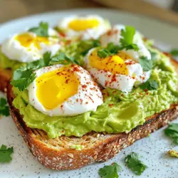 To make Spicy Avocado Egg Toast, you will need the following ingredients: - 2 ripe avocados - 4 slices of whole-grain bread - 4 large eggs - 1 small red chili, finely chopped - 1 tablespoon lime juice - Salt and pepper to taste - 1 teaspoon smoked paprika - Fresh cilantro for garnish (optional) - Chili flakes (optional, for additional heat) Each ingredient plays a key role in creating a tasty dish. The ripe avocados give a creamy texture and rich flavor. Whole-grain bread adds a hearty base. The eggs provide protein, while the chili and lime juice add a spicy zing. Smoked paprika deepens the flavor profile. Adjust salt and pepper to suit your taste. Fresh cilantro brightens the dish, and chili flakes can kick up the heat if you like it spicy. For the full recipe, check out the steps in the next section! Start by toasting the whole-grain bread slices. Use a toaster or a pan. Toast them until they turn golden brown and crisp. This step adds a nice crunch to your dish. Next, take the ripe avocados. Cut them in half and scoop out the flesh into a bowl. Use a fork to mash the avocado gently. Aim for a creamy yet chunky texture. Add in lime juice, chopped red chili, smoked paprika, salt, and pepper. Mix well to combine. This makes the avocado spicy and flavorful. Now, let’s cook the eggs. Fill a small pot with water and bring it to a gentle simmer. Crack each egg into a small bowl. Carefully slide the eggs into the water. Poach them for 3 to 4 minutes. The whites should be set while the yolks remain runny. Use a slotted spoon to remove the eggs and pat them dry. It’s time to assemble your toast. Take your toasted bread and spread a layer of the spicy avocado mix on top. Make sure to cover the bread evenly. Then, place one poached egg on top of each slice. Finally, garnish with extra salt, pepper, and chili flakes if you want more heat. You can also add fresh cilantro on top for a pop of color. Serve the toast right away for the best taste. Enjoy your delicious Spicy Avocado Egg Toast! For the detailed recipe, check out the Full Recipe section. For this recipe, pick ripe avocados. They should feel soft but not mushy. A good avocado will yield slightly when you press it gently. Avoid any with dark spots or bruises. These can spoil quickly. When you cut into a ripe avocado, the flesh should be a vibrant green. This color means it is fresh and ready to use. Poaching eggs can seem tricky, but it is easy with practice. Use fresh eggs for the best results. Fresh eggs hold their shape better in water. Bring a pot of water to a gentle simmer. Do not let it boil. Crack each egg into a small bowl. Slowly slide the egg into the water. This helps keep the egg together. Cook for 3 to 4 minutes until the whites are set. The yolk should remain runny. Use a slotted spoon to lift the eggs out carefully. To make this dish even better, try adding different spices. You can mix in garlic powder or onion powder for more depth. Fresh herbs like chives or basil also add a nice touch. If you like heat, sprinkle more chili flakes on top. For a tangy kick, add a bit of lemon zest to the avocado mix. These small changes can elevate your toast to a new level of deliciousness. For the full recipe, check out the earlier section. {{image_2}} You can make a vegan version of this dish easily. Instead of eggs, use firm tofu. Cut the tofu into slices and sauté them for a few minutes until golden. You can also use chickpea flour to make a scramble. Just mix chickpea flour with water and spices, then cook it in a pan until set. This keeps it tasty and full of protein. Feel free to play with spices to suit your taste. You can use cumin for a warm kick. If you want more heat, try cayenne pepper or chili powder. Fresh herbs like basil or parsley can add a nice touch too. Experimenting with spices lets you find your perfect flavor. You can boost the nutrition of your toast with some easy add-ons. Try adding sliced tomatoes or radishes for crunch. You can also sprinkle on some seeds, like pumpkin or sunflower seeds, for healthy fats. If you love greens, top your toast with spinach or arugula for added vitamins. The more you add, the better it gets! For the full recipe, check out the complete instructions above. To keep your spicy avocado egg toast fresh, store leftovers in a sealed container. Place the toast in the fridge. The bread can get soft, but it will still taste good. Eat it within 1-2 days for the best flavor. If you have extra avocado mix, store that too. Just cover it tightly with plastic wrap. It may brown, so add a bit of lime juice on top. When you want to enjoy your toast again, you can reheat it. Use a toaster for the bread. It will become crispy again. For the avocado and egg, use the microwave. Heat them in short bursts, about 15-20 seconds at a time. Check often to avoid overheating. You want it warm, not hot. This keeps the flavors fresh and nice. If you want to save your toast for later, freezing is an option. However, I recommend freezing the avocado mix separately. Spread it in a freezer-safe container. When you're ready to eat, thaw it in the fridge overnight. You can freeze the bread too, but it may lose its crunch. Toast it straight from the freezer for the best results. Enjoy your meal anytime! Yes, you can use other bread types. Sourdough, rye, or even gluten-free bread work well. Each type adds its own flavor. Choose what you like best. Ripe avocados feel slightly soft when you squeeze them gently. They should not feel mushy or hard. If they are dark green to black, they are likely ripe. Always check the color and firmness. If you don't like poached eggs, try scrambled eggs or even a fried egg. You can also use tofu or chickpea scramble for a vegan option. These substitutes still taste great with the avocado. Yes, this toast is healthy. It has good fats from avocados and protein from eggs. Whole-grain bread adds fiber. It gives you energy and keeps you full. You can pair this toast with fresh fruits, like berries or oranges. A light salad or yogurt also works well. For drinks, try fresh juice or herbal tea. These options make a balanced meal. For more details, check the Full Recipe for Spicy Avocado Egg Toast. This blog post covered how to make Spicy Avocado Egg Toast. We discussed key ingredients, step-by-step instructions, and helpful tips. You learned variations and storage info, plus how to answer common questions. Spicy Avocado Egg Toast is a simple and tasty meal. It’s perfect for breakfast or a snack, and you can customize it to your liking. Get creative with flavors and enjoy this healthy dish!
