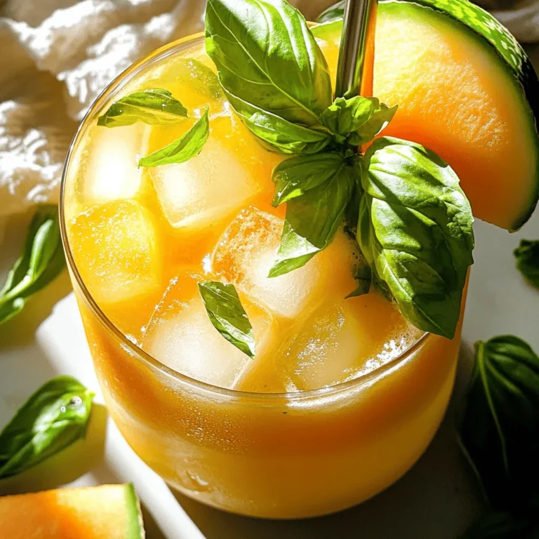- 2 cups ripe cantaloupe, cubed - 2 cups ripe honeydew melon, cubed - 1/4 cup fresh basil leaves, packed - 2 tablespoons honey or agave syrup (adjust for sweetness) For a refreshing Melon Basil Agua Fresca, start with ripe cantaloupe and honeydew. These melons add sweetness and a light flavor. Fresh basil gives a nice herbal note that pairs well. If you like sweeter drinks, use honey or agave syrup to taste. - 1 tablespoon freshly squeezed lime juice - Pinch of salt Adding lime juice brightens the drink and adds a zesty kick. A small pinch of salt enhances the sweetness of the melons. This simple touch makes a big difference in the flavor. - Blender for mixing - Fine mesh sieve for straining - Pitcher for serving You'll need a blender to mix the ingredients smoothly. A fine mesh sieve helps strain out pulp for a smoother drink. Finally, use a pitcher to serve your refreshing drink. For the full recipe, check the complete instructions and ingredients list. First, grab your ripe cantaloupe and honeydew. Cut them into cubes. Make sure the pieces are small for easy blending. Use about 2 cups of each melon. Next, place the melon cubes into your blender. Blend them until smooth. This step creates a delicious base for your drink. The sweet flavor of the melons shines through. Now, it's time to add some flair. If you want a smoother drink, strain the blended melon juice. Use a fine mesh sieve for this. It helps remove any pulp, making it silky. This step is optional, so do what you prefer. After straining, add fresh basil leaves to the juice. You’ll need about 1/4 cup. Then, mix in 2 tablespoons of honey or agave syrup. Adjust this amount based on your taste. Add 1 tablespoon of freshly squeezed lime juice. Finish with a pinch of salt to enhance the sweetness. Blend everything again. This time, blend gently. You want the basil to mix in well without over-blending. Pour the mixture back into your pitcher. Now, add 1 1/2 cups of water. Stir it well to combine. Taste it and adjust the sweetness if needed. Chill your agua fresca in the fridge for at least 30 minutes. This wait allows the flavors to meld. When ready, serve it over ice. You can garnish it with extra basil leaves or melon slices, if you like. Enjoy your refreshing drink! To make your Melon Basil Agua Fresca just right, you can adjust the sweetness to your taste. Start with two tablespoons of honey or agave syrup. Blend it in and taste. If you want it sweeter, add more. This drink should feel refreshing, not overly sweet. Blending the basil properly is also key. If you blend it too much, it can taste bitter. I suggest pulsing the blender gently. This way, you get the flavor without the bitterness. Presentation matters! For a nice touch, garnish with fresh basil leaves and melon slices. These colorful garnishes make your drink look inviting. You can also serve it in clear glasses to show off the beautiful colors. Pair this drink with light meals or snacks. It goes well with salads, grilled chicken, or fish tacos. The bright flavors will complement your food nicely. One common mistake is over-blending the ingredients. This can make the drink taste off. Blend just enough to mix, and remember to pulse gently when adding basil. Another mistake is not chilling the drink adequately. Let it chill in the refrigerator for at least 30 minutes. This allows the flavors to mingle, making each sip refreshing and delightful. {{image_2}} You can switch up the melons in this drink. Try using watermelon or even cantaloupe alone. Each fruit brings its own taste. You can also add other fruits like strawberries or peaches for a twist. Adding herbs like mint or cilantro can give it a fresh spin. Each combination offers a unique flavor that will surprise your taste buds. If you like your agua fresca thicker, use less water. This makes it more like a smoothie. For a fizzy drink, mix in some soda. Sparkling water adds bubbles and makes it fun. Adjust the water or soda to get the perfect texture you enjoy. For a keto-friendly option, try using erythritol or stevia. These sweeteners keep the drink low in carbs. If you want natural sweeteners, maple syrup or coconut sugar work well. Each sweetener changes the taste slightly, so feel free to experiment. You can find the complete instructions and ingredients in the Full Recipe section for more ideas. To keep Melon Basil Agua Fresca fresh, store it in an airtight container. Make sure to refrigerate it right after serving. The cool temperature helps maintain its bright flavors. You can keep it in the fridge for up to three days. After that, the taste may fade. Yes, you can freeze Melon Basil Agua Fresca! Freezing locks in the flavor and makes a refreshing treat. To freeze, pour the drink into ice cube trays or freezer-safe containers. When you want to enjoy it, simply take it out. To thaw, place the frozen agua fresca in the fridge overnight. For a quick option, you can run the container under warm water. Once thawed, stir well and serve over ice. It’s a great way to enjoy summer flavors all year long! Melon Basil Agua Fresca is a refreshing drink made from ripe melons and fresh basil. It comes from Mexico, where agua fresca means "fresh water." This drink combines sweet flavors and aromatic herbs. It is perfect for hot summer days or any time you need a cool drink. Yes, you can use frozen melons! However, it may change the taste and texture. Frozen melons can be less sweet and may have a slushy feel. If you blend them well, they still make a tasty drink. Just remember that fresh melons give a better flavor. Yes, this drink is healthy! It has vitamins from the melons, like vitamin C and A. Fresh basil adds antioxidants, which are good for your body. The sweetener can be adjusted for less sugar. Overall, this drink is low in calories and very hydrating. You can keep Melon Basil Agua Fresca in the fridge for about 3 days. To store it, use a tight container. Make sure to stir it well before serving, as some ingredients may separate. Always check for freshness before drinking! Yes, you can make it ahead! This drink tastes even better when the flavors blend. Prepare it a few hours or the day before. Just chill it in the fridge. If you want to keep it fresh, avoid adding ice until you are ready to serve. For the complete instructions and ingredients list, check out the Full Recipe. Enjoy making this delicious and refreshing drink! Making Melon Basil Agua Fresca is simple and fun. You’ve learned about the key ingredients, like fresh melons and basil. I guided you through each step, from blending to chilling. Remember to adjust the sweetness and avoid over-blending to keep it smooth. You can even try different fruits or herbs to mix it up. Store leftovers properly to enjoy later. This drink is refreshing and great for meals or snacks. Enjoy creating your own version of this tasty treat!