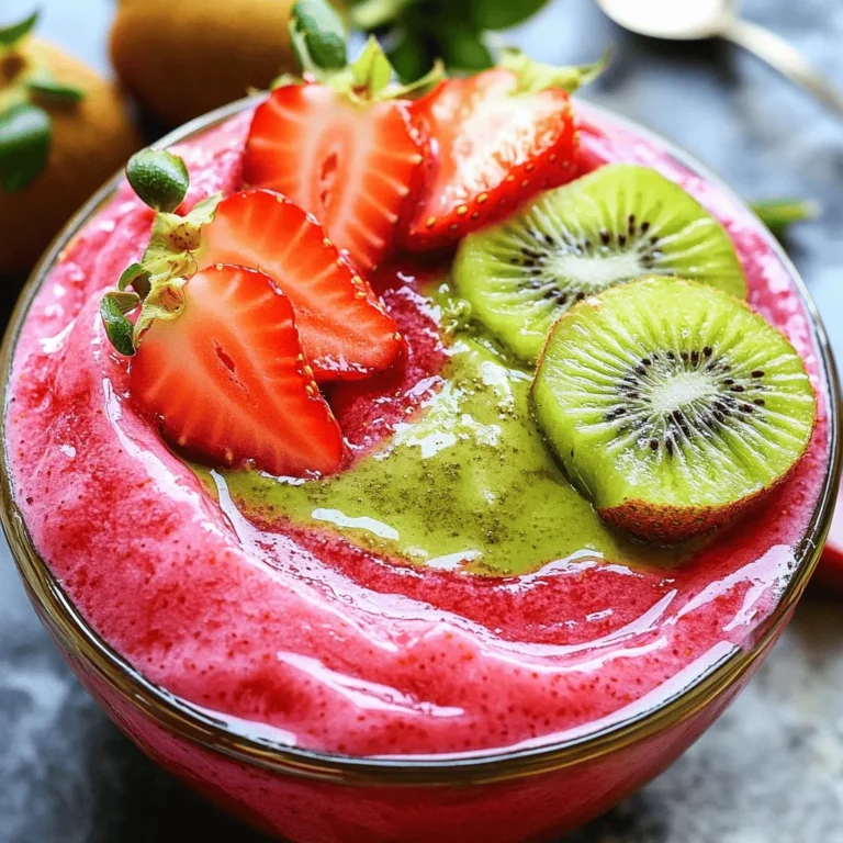 - 2 cups fresh strawberries, hulled and sliced - 2 ripe kiwis, peeled and chopped Fresh fruit is key for this recipe. Strawberries bring sweetness and vibrant color. Their juicy texture will make each bite burst with flavor. The kiwis add a tangy twist that balances the sweetness. Together, they create a refreshing treat perfect for summer. - 1 tablespoon matcha green tea powder - 2 tablespoons honey or maple syrup Matcha green tea powder gives this freeze a unique taste. It adds a slight earthiness and boosts health benefits. Honey or maple syrup sweetens the mix. You can adjust the amount based on your taste. If you like it sweeter, add more! - 1 cup coconut water - Juice of 1 lime - A pinch of sea salt Coconut water serves as a light base. It hydrates and enhances the fruity flavors. Lime juice adds zest, brightening the overall taste. A pinch of sea salt rounds it all out, bringing everything together. This mix creates a refreshing experience that feels like summer in every bite. For the full recipe, check out the Strawberry Kiwi Matcha Freeze. Preparing the Fruit First, gather all the fresh fruit you need. You will want 2 cups of strawberries and 2 ripe kiwis. Remove the tops from the strawberries and slice them. Peel the kiwis and chop them into smaller pieces. Blending the Mixture Now, place the sliced strawberries, chopped kiwis, 1 cup of coconut water, the juice of 1 lime, 2 tablespoons of honey, and a pinch of sea salt into a blender. Blend this mixture on high speed. Keep blending until it is smooth. If needed, scrape down the sides to mix everything well. Incorporating Matcha into Fruit Blend Once your fruit mixture is smooth, it is time to add the matcha. Add 1 tablespoon of matcha green tea powder to the blended fruit. Pulse the blender a few times until the matcha is fully mixed in. Taste the mixture and add more honey if you want it sweeter. Pouring into Molds Next, take the blended mix and pour it into your ice cube tray or silicone molds. If you use molds, insert sticks into each one. This will make it easier to enjoy your freeze later. Freezing Duration Now, place the filled molds in the freezer. Allow them to freeze for at least 4 to 6 hours. This will ensure they are solid and ready to eat. When frozen, they will make a refreshing summer treat. To get the best texture in your Strawberry Kiwi Matcha Freeze, blending is key. Start with fresh, ripe fruit. Cut them into small pieces to help the blender. Blend in short bursts. This method helps mix everything evenly. If you blend too long, it can get too warm. Ice crystals can ruin your freeze. To prevent this, blend the mixture until it's smooth. Pour it into molds right away. If you let it sit, it might start to freeze in the blender. Sweetness can make or break your freeze. Taste the mixture after blending. If it's not sweet enough, add more honey or maple syrup. You can also try mashed bananas or agave. These options work well and bring their own flavor. Remember, everyone has different taste buds. Some like it sweeter, while others prefer it less sweet. Adjust the sweetness to fit your liking. Presentation matters! Pour the freeze into colorful bowls or fun molds. You can also use sticks for easy eating. Top it with fresh fruit slices or a sprig of mint for flair. Pair this treat with light snacks. Crackers or a fruit platter balance the flavors. The freshness of this freeze goes well with a nice tea or lemonade. For the full recipe, check the section above. Enjoy your refreshing summer treat! {{image_2}} Adding other fruits makes this treat even better. You can try bananas, mangoes, or blueberries. Each fruit gives a new taste and adds more color. For a tropical twist, add pineapple chunks. The mix of flavors will delight your taste buds. You can also experiment with other teas. If you want a stronger flavor, try using hojicha or genmaicha. These teas add a warm, nutty taste. They pair well with the sweetness of strawberries and kiwis. You can even blend different teas for a unique flavor profile. For vegan options, you can skip honey. Use maple syrup or agave nectar instead. Both are great choices that keep the sweetness. They blend well with the fruit and matcha. If you want sugar-free alternatives, try using stevia or erythritol. These sweeteners are low in calories. They can give you the sweetness you crave without the sugar rush. Just adjust the amount to fit your taste. Remember, you can find the full recipe for this delicious Strawberry Kiwi Matcha Freeze at the beginning of the article. Enjoy mixing it up! How do you store leftovers? After you make the Strawberry Kiwi Matcha Freeze, place any leftovers in an airtight container. This keeps them fresh and prevents freezer burn. You can also wrap individual servings in plastic wrap for easy access later. How long can you keep it in the freezer? The freeze stays good for up to three months. Just remember to label your containers with the date. This way, you always know how fresh your treat is. What’s the best way to thaw it? To enjoy your frozen treat, take it out and let it sit at room temperature for about 10-15 minutes. This softens it enough for easy eating. You can also run warm water over the outside of the mold if you're in a hurry. Can you use it in other recipes? Yes! You can blend it into smoothies or use it as a topping for yogurt. It adds a fruity, tasty twist to many dishes. You can even chop it up and mix it into oatmeal for breakfast. A Strawberry Kiwi Matcha Freeze is a fun, fruity treat. It blends strawberries, kiwis, and matcha into a cool dessert. This drink is perfect for hot days. The matcha gives it a unique flavor and a boost of energy. You can enjoy it as a snack or dessert. It’s refreshing and perfect for summer. You can find the full recipe for this delightful treat above. Yes, you can use frozen fruits! Frozen fruits can make the drink colder and creamier. They are usually picked at peak ripeness. This means they can taste just as good as fresh. Plus, using frozen fruits saves time. Just toss them in the blender with the other ingredients. This way, you can whip up your Strawberry Kiwi Matcha Freeze even faster. To make this recipe healthier, you can swap some ingredients. Use less sweetener or skip it altogether. Instead, let the fruit's natural sweetness shine. You can also use unsweetened coconut water. This way, you cut down on added sugar. Add more fruits or even leafy greens for extra nutrients. These small changes can keep your treat tasty and nutritious. Freezing takes about 4 to 6 hours. This gives the mix enough time to turn solid. If you want it to freeze faster, spread it in a thin layer. Check it after a few hours to see if it’s ready. Once it’s frozen, you can take it out and enjoy your treat! In this blog post, we explored making a tasty Strawberry Kiwi Matcha Freeze. You learned about the fresh ingredients and pantry staples needed for this treat. I shared easy steps to prepare, blend, and freeze the mixture. You also got tips for texture and sweetness and ideas for fun variations. Finally, we discussed how to store and reheat your freeze. Enjoy this refreshing drink and experiment with your own flavors! It's simple, healthy, and perfect for any occasion.