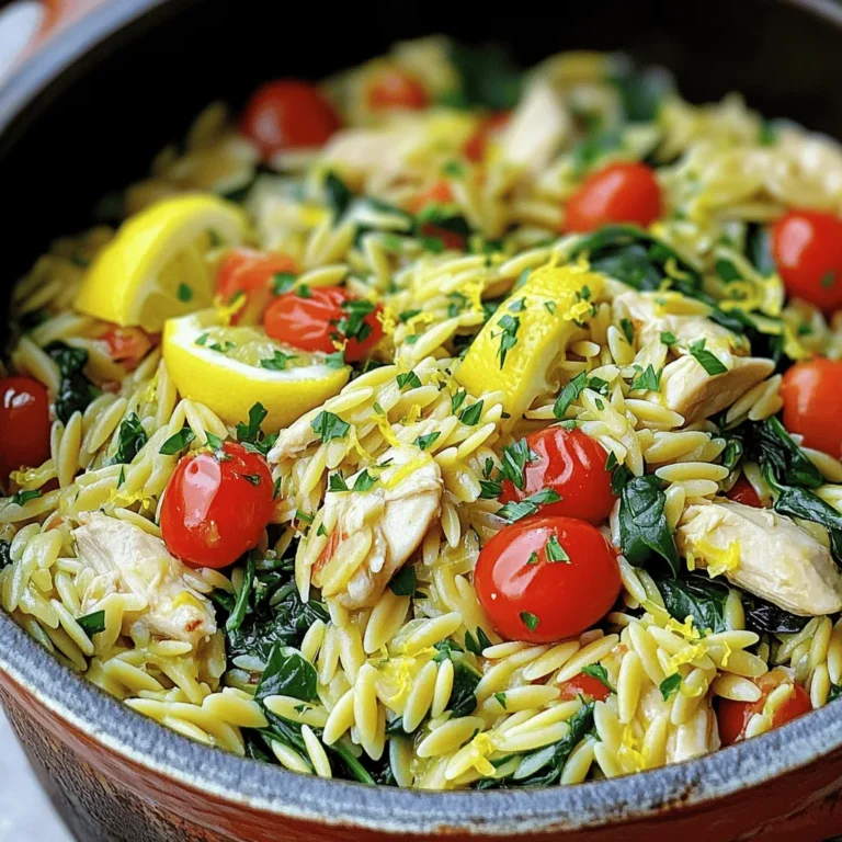 - 2 boneless, skinless chicken breasts, diced - 1 cup orzo pasta - 4 cups chicken broth - 1 lemon (zest and juice) - 1 cup baby spinach, roughly chopped - 1 cup cherry tomatoes, halved - 2 cloves garlic, minced - 1 medium onion, finely chopped - 2 tablespoons olive oil - 1 teaspoon dried thyme - 1 teaspoon dried oregano - Salt and pepper to taste - Fresh parsley, chopped for garnish You will need a large pot or Dutch oven for this dish. A wooden spoon helps to stir the ingredients well. A knife and cutting board are great for chopping the chicken, onions, and tomatoes. You may also want measuring cups and spoons to ensure correct amounts of each ingredient. A zester will help you get the lemon zest easily. Choosing fresh chicken is key. Look for bright pink meat with no spots. When picking orzo, check for whole grains; it adds more fiber. Select firm cherry tomatoes with a deep color. Fresh spinach should be vibrant green with no wilting. For lemons, choose ones that are heavy for their size; they have more juice. Always use low-sodium chicken broth for better control over saltiness. Start by gathering your ingredients. You will need chicken, orzo, broth, lemon, spinach, tomatoes, garlic, onion, olive oil, thyme, oregano, salt, and pepper. 1. Heat the olive oil in a large pot over medium-high heat. 2. Add the chopped onion and cook for about 3 to 4 minutes. You want it to be soft and clear. 3. Now, add the minced garlic. Cook for another minute until it smells good. 4. Take the diced chicken and season it with salt, pepper, thyme, and oregano. 5. Add the chicken to the pot and cook it for 5 to 6 minutes. Make sure it turns brown on all sides. 6. Pour in the chicken broth and add the orzo. Stir well and bring it all to a boil. 7. Once it boils, lower the heat. Cover the pot and let it simmer for 10 to 12 minutes. Stir it every now and then to keep it from sticking. 8. When the orzo is done, add the lemon zest and juice, spinach, and cherry tomatoes. Stir everything together and cook for 2 to 3 more minutes. 9. Taste the dish. Add more salt, pepper, or lemon juice if needed. 10. Take the pot off the heat and let it sit for a couple of minutes. 11. Before serving, sprinkle fresh parsley on top. - Prep Time: 10 minutes - Cook Time: 30 minutes - Total Time: 40 minutes Check the chicken as it cooks. Ensure it’s brown all over. Keep an eye on the orzo. Stir it often to prevent sticking. The orzo should be tender but not mushy. Add the spinach and tomatoes at the right moment so they stay fresh and vibrant. To make One Pot Lemon Chicken Orzo shine, use fresh ingredients. Fresh lemon juice gives a bright taste. When cooking chicken, ensure it browns nicely. This adds depth to the flavor. Don't rush the simmering. It helps the orzo absorb the broth well. Stir occasionally to keep it from sticking. Finally, let it rest before serving. This allows flavors to meld beautifully. One common mistake is overcooking the orzo. This can make it mushy. Always check for doneness a minute or two early. Another mistake is neglecting seasoning. Taste as you cook and adjust salt and pepper. If you skip adding lemon zest, you miss out on a punch of flavor. Lastly, don’t add spinach too early. It should wilt without overcooking. To enhance flavors, add herbs like basil or dill. These fresh herbs boost the dish's aroma. You can also mix in some crushed red pepper for heat. A splash of white wine can add richness, too. If you like a creamier texture, stir in some grated Parmesan cheese before serving. For extra freshness, top with more lemon zest or herbs before enjoying. For the full recipe, refer to the detailed instructions above. Enjoy your cooking! {{image_2}} You can switch up the veggies in your one pot lemon chicken orzo. Try adding bell peppers for a sweet crunch. Zucchini slices can add a nice texture too. You might like peas for a pop of color and sweetness. Broccoli florets give a great green touch. You can mix and match your favorites. Just remember to keep the cooking time the same. This way, all your veggies cook evenly. If you want to change the protein, consider shrimp or turkey. Shrimp cooks fast and adds a lovely taste. Turkey is a lean option that works well too. You can also use cooked chicken. Just add it at the end to heat through. For a richer flavor, try using sausage. Slice it up and brown it with the onions. These swaps keep your dish exciting and new! Making this dish vegetarian is easy. Simply leave out the chicken and use vegetable broth. You can add more vegetables to fill the plate. Chickpeas can add protein and a creamy texture. Tofu is another great option for protein. Just cube it and sauté it with the onions. This way, you still get a hearty meal that everyone can enjoy. For the full recipe, check out the [Full Recipe]. Store your One Pot Lemon Chicken Orzo in an airtight container. This keeps it fresh. Let the dish cool down before sealing it. Place it in the fridge within two hours of cooking. It can last for up to three days. When you are ready to eat, check for any signs of spoilage first. You can freeze the orzo dish for longer storage. Use freezer-safe containers or bags. Divide the dish into single servings for easy meals later. Make sure to label each bag with the date. This helps you keep track of how long it has been frozen. It can last for about three months in the freezer. When reheating, it’s best to thaw it first. Place the frozen orzo in the fridge overnight. To reheat, use a microwave or stove. If using a microwave, cover the dish to trap moisture. Stir halfway through heating for even warmth. You can add a splash of chicken broth or water to keep it moist. This will enhance the taste and texture. Enjoy your meal just as fresh as the first time! You can serve this dish with a fresh salad. A simple green salad pairs well. Garlic bread is another tasty option. Consider adding a side of roasted veggies for extra flavor. You can prep the dish a day ahead. Cook everything until the orzo is just al dente. Let it cool, then store it in the fridge. When ready to eat, reheat it gently. Add a splash of broth to keep it moist. Yes, you can swap regular orzo for whole wheat orzo. It will add a nutty flavor and more fiber. Just keep an eye on the cooking time. Whole wheat orzo may take a minute longer to cook. To adjust for more people, simply double the ingredients. Use a larger pot to fit everything. Make sure to stir well while cooking. This way, all the flavors blend nicely. If you lack chicken broth, use vegetable broth instead. Water is also an option, but it may not have as much flavor. You can add a bit of salt and herbs to boost the taste. In this blog post, I've shared how to make One Pot Lemon Chicken Orzo. We covered the right ingredients and tools needed. I shared step-by-step cooking instructions and how long each part takes. You learned tips for flavor and common mistakes to avoid. I also gave ideas for variations and how to store leftovers. Cooking can be fun and simple. With these tips, you can make a tasty dish that your friends and family will love. Enjoy your cooking!