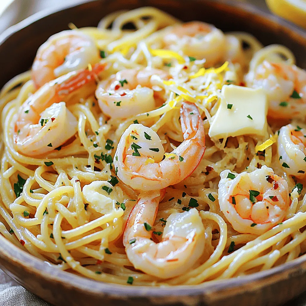 - 8 oz spaghetti or your favorite pasta - 1 lb large shrimp, peeled and deveined - 4 tablespoons unsalted butter - 4 cloves garlic, minced - 1 teaspoon red pepper flakes (adjust to taste) - 1 lemon, zested and juiced - 1/4 cup freshly chopped parsley - Salt and pepper, to taste - Grated Parmesan cheese, for serving (optional) The ingredients for garlic butter shrimp pasta are simple but full of flavor. You need spaghetti or any pasta you prefer. Use large shrimp that are peeled and deveined for the best texture. Unsalted butter makes the sauce rich and smooth. Fresh garlic brings a nice aroma and taste. Red pepper flakes add a little heat, but you can adjust this to fit your taste. A lemon gives brightness and freshness to the dish. Fresh parsley not only adds color but also a fresh flavor. Lastly, salt and pepper help enhance all the other tastes. If you like, sprinkle some grated Parmesan cheese on top before serving. - Additional herbs like basil or thyme - Vegetable options (e.g., spinach, tomatoes) - Alternative proteins (e.g., chicken or scallops) You can also customize your dish. Add fresh herbs like basil or thyme for extra flavor. If you want more veggies, toss in spinach or cherry tomatoes. You can even switch the shrimp for chicken or scallops if you prefer. For the full recipe, check the instructions to create this easy and tasty meal. 1. Start by boiling a large pot of salted water. This will flavor your pasta as it cooks. 2. Add 8 oz of spaghetti to the boiling water. Cook according to the package instructions until it is al dente. 3. Once cooked, reserve 1 cup of pasta water for later. Drain the pasta and set it aside. 1. In a large skillet, melt 4 tablespoons of unsalted butter over medium heat. 2. Add 4 cloves of minced garlic and 1 teaspoon of red pepper flakes. Sauté for about 1 minute. Be careful not to burn the garlic; it should smell good! 3. Add 1 lb of peeled and deveined shrimp to the skillet. Season with salt and pepper. Cook for 2-3 minutes on each side until the shrimp turn pink and opaque. 4. Stir in the zest and juice of 1 lemon, mixing everything well. 1. Add the drained spaghetti to the skillet with the shrimp. Toss to combine everything. 2. If the pasta seems dry, add some of the reserved pasta water until you reach the desired consistency. 3. Stir in 1/4 cup of freshly chopped parsley. Taste and adjust seasoning with more salt and pepper if needed. 4. Serve in bowls, and feel free to top with grated Parmesan cheese if you like. This simple method makes a delicious garlic butter shrimp pasta. For the full recipe, check the earlier section. How to tell when shrimp are fully cooked Shrimp cook fast. They turn pink and curl as they cook. A good sign is when they look opaque. If you see any gray, they need more time. Cook shrimp for 2-3 minutes on each side. Tips for not overcooking garlic Garlic burns easily. Sauté it on medium heat for about one minute. Stir it well to avoid burning. If it turns brown, it will taste bitter. Keep an eye on the garlic as you cook. Importance of reserving pasta water Always save some pasta water. This starchy water helps bind the sauce. It gives your pasta a nice shine. If your dish is too dry, add a little reserved water. Best practices for pasta al dente Cook pasta until it’s firm to the bite. Follow the package instructions for timing. Test a piece a minute or two before the time is up. It should have a slight chew. Recommended side dishes to complement the meal Pair your pasta with a simple salad. A fresh green salad with lemon dressing works well. Garlic bread is also a great choice. It adds a nice crunch and flavor. Ideal wine pairings for garlic butter shrimp pasta White wines go best with shrimp pasta. A dry Sauvignon Blanc or Pinot Grigio is perfect. They balance the rich flavors of garlic and butter. Enjoy your meal with a refreshing glass! For the complete recipe, check out the [Full Recipe]. {{image_2}} You can switch up your pasta to keep things fresh. Whole wheat pasta adds a nutty flavor and more fiber. Gluten-free pasta works well if you need to avoid gluten. Zucchini noodles, also called zoodles, are a fun, low-carb choice. They cook fast and soak up the garlic butter sauce great. Want more heat? Add more red pepper flakes or crushed pepper to your dish. If you crave a creamier sauce, stir in heavy cream. This change creates a rich texture that pairs well with the shrimp. You can also add herbs like basil for a fresh twist. Not all shrimp are the same. You can use different sizes, from small to jumbo. Just adjust the cooking time. If you like variety, try scallops, lobster, or crab. These seafood options can change the dish while keeping it tasty. You can easily adapt the recipe to fit your favorite seafood. To keep your garlic butter shrimp pasta fresh, store it in an airtight container. This helps seal in flavor and moisture. Let the pasta cool to room temperature before sealing it. This helps prevent condensation, which can make the pasta soggy. I recommend using glass containers for best results. They keep food fresh and are easy to clean. When reheating garlic butter shrimp pasta, the stovetop works best. Place the pasta in a skillet over medium heat. Add a splash of water or broth to help rehydrate it. Stir gently until heated through. Avoid using the microwave, as it can dry out the dish. If you must use the microwave, cover the pasta with a damp paper towel to keep it moist. Yes, you can freeze garlic butter shrimp pasta! First, let it cool completely. Then, place it in a freezer-safe container. Be sure to remove as much air as possible to prevent freezer burn. When ready to eat, thaw the pasta in the fridge overnight. Reheat on the stovetop, adding a bit of liquid as needed. This method keeps the flavors bright and tasty. For the full recipe, check out the details above. How long does garlic butter shrimp pasta last in the fridge? Garlic butter shrimp pasta lasts about three days in the fridge. Keep it in an airtight container. This helps to keep the flavors fresh. Can I make garlic butter shrimp pasta in advance? Yes, you can make garlic butter shrimp pasta in advance. Just store it in the fridge. Reheat it gently when you are ready to eat. Can I use frozen shrimp for this recipe? Yes, you can use frozen shrimp. Just thaw them before cooking. This makes sure they cook evenly and taste great. What if I don’t have fresh garlic? If you don’t have fresh garlic, you can use garlic powder. About 1/4 teaspoon is enough. It won’t taste the same, but it will still add flavor. Is garlic butter shrimp pasta healthy? Garlic butter shrimp pasta can be part of a healthy diet. It includes protein from shrimp and carbs from pasta. Balance is key. Nutritional facts per serving (calories, protein, fats, etc.) - Calories: 450 - Protein: 25g - Fats: 15g - Carbohydrates: 55g - Fiber: 2g For the full recipe, check out the earlier section! This article covered a simple and tasty garlic butter shrimp pasta recipe. We explored essential ingredients, step-by-step cooking instructions, and helpful tips. You can customize this dish with variations or fix storage issues. Remember, mastering this recipe means enjoying a great meal at home. Happy cooking! Enjoy your delicious shrimp pasta adventure!