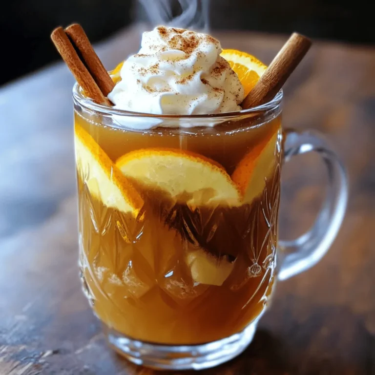 To make the perfect Apple Cinnamon Caramel Cider, you need these simple ingredients: - 8 cups apple cider - 2 cinnamon sticks - 1/2 teaspoon ground nutmeg - 1/4 teaspoon ground allspice - 1 cup brown sugar - 1/4 cup caramel sauce (store-bought or homemade) - 1 teaspoon vanilla extract - 1 orange, sliced - Whipped cream for serving (optional) - Cinnamon sugar for garnish (optional) Each ingredient plays a key role. The apple cider forms the base. The cinnamon sticks add warmth and spice. Ground nutmeg and allspice enhance the flavors beautifully. Brown sugar gives it sweetness, while caramel sauce adds a rich, buttery note. You can use store-bought caramel sauce or make your own. The vanilla extract rounds off the flavors nicely. Adding orange slices gives a bright, zesty kick. For serving, whipped cream and cinnamon sugar can make your drink look extra special. This recipe serves 6-8 people, making it perfect for gatherings. If you want to make this drink, check the Full Recipe to guide you through the steps. Enjoy the cozy warmth of this delightful cider! Making apple cinnamon caramel cider is simple and fun. Gather your ingredients first. You will need apple cider, spices, and caramel. This drink is perfect for chilly days. 1. Start by taking a large pot. 2. Pour in 8 cups of apple cider. 3. Add 2 cinnamon sticks, 1/2 teaspoon ground nutmeg, and 1/4 teaspoon ground allspice. 4. Place the pot on medium heat. 5. Stir and heat until the mixture starts to simmer. 6. Once it simmers, add in 1 cup of brown sugar. 7. Whisk it until the sugar dissolves fully. 8. Next, mix in 1/4 cup of caramel sauce and 1 teaspoon vanilla extract. 9. Stir well to combine all the flavors. 10. Lower the heat and let it steep for 20-30 minutes. 11. In the last few minutes, add 1 sliced orange. 12. After steeping, remove the pot from heat. 13. Use a fine mesh strainer to strain out the spices and orange slices. Pour the warm cider into mugs or heatproof glasses. If you want to make it special, top each serving with whipped cream. Sprinkle some cinnamon sugar on top for a sweet touch. Enjoy your cozy drink! Check out the Full Recipe for more details. To make your cider shine, use fresh spices. Fresh cinnamon sticks add a warm touch. You can also try adding a splash of apple juice for extra sweetness. For a zesty twist, include lemon slices. They brighten the flavor and balance the sweetness. If you love nuts, sprinkle chopped pecans on top of your whipped cream. This adds a nice crunch and flavor contrast. Avoid boiling the cider; it can make the flavors bitter. Instead, simmer it gently to create a smooth taste. Do not skip the straining step. Leaving in spices can make the drink too strong. If you use too much sugar, it can overpower the apple taste. Start with less and add more if needed. Lastly, don’t forget the orange slices at the end. They give a lovely citrus note that elevates your cider. A large pot is essential for brewing a big batch. A fine mesh strainer helps remove spices and orange slices easily. For serving, heatproof mugs keep your drink warm. You can also use a ladle to serve the cider neatly. If you want to add whipped cream, a whisk makes it easy to whip up. These simple tools will help you create the best Apple Cinnamon Caramel Cider. For the complete process, check the Full Recipe. {{image_2}} You can make your Apple Cinnamon Caramel Cider even better with seasonal add-ins. Try adding sliced pears for a juicy twist. Fresh cranberries add a bright tartness that works well. For a fun kick, toss in a few cloves. This mix of flavors gives your drink a rich, festive vibe. You can also add a splash of maple syrup for extra sweetness in fall. You can enjoy this cider both ways. For a non-alcoholic version, stick to the base recipe. It tastes great on its own. If you want an adult drink, add a splash of spiced rum or bourbon. Just remember to mix it in after heating. This gives you a warm drink that feels cozy and special. If you want to skip brown sugar, there are many choices. Honey is a great natural sweetener. Maple syrup also works well, adding its own unique flavor. If you need a sugar-free option, try stevia or monk fruit. Just adjust the amount to taste, as these sweeteners can be stronger than sugar. With these variations, you can make the cider your own. Check out the Full Recipe for tips on how to mix and match these ideas! To store leftovers, let the cider cool completely. Pour it into an airtight container. You can use a glass jar or a plastic bottle. Make sure to seal it tightly. Store the container in the fridge. The cider lasts up to a week. You can freeze Apple Cinnamon Caramel Cider. Pour cooled cider into freezer-safe containers. Leave some space at the top for expansion. Seal the containers tightly. The cider can freeze for up to three months. When you want to enjoy it, just thaw it in the fridge overnight. When you’re ready to drink your cider, pour it into a pot. Heat it on low. Stir it as it warms up. You can also use the microwave in a microwave-safe mug. Heat it in short bursts, stirring in between. Enjoy your warm drink just like fresh! Apple Cinnamon Caramel Cider is a warm drink made with apple cider, spices, and caramel. It brings together sweet and cozy flavors, perfect for chilly days. The drink combines cinnamon, nutmeg, and brown sugar with rich caramel. This blend creates a comforting experience that warms both the body and soul. You can enjoy it alone or share it with friends during gatherings. The Full Recipe shows you exactly how to make this delightful drink. Yes, you can make this cider ahead of time. Prepare it as normal and let it cool. Store it in the fridge for up to three days. When you are ready to serve, simply reheat it on the stove or in the microwave. This way, you can enjoy all the rich flavors without the last-minute rush. Just remember to add the whipped cream and cinnamon sugar right before serving. You might find pre-made Apple Cinnamon Caramel Cider at local grocery stores or specialty shops. Check the beverage aisle or the seasonal section. Some coffee shops or cafes may also offer it during fall or winter. If you want to enjoy it year-round, making it at home is the best option. This way, you can customize the flavors to your liking! This blog post covered how to make Apple Cinnamon Caramel Cider. We discussed the key ingredients, detailed steps, and serving tips. I also shared ways to enhance flavor and storage advice. With simple steps and tasty variations, you can enjoy this warm drink year-round. Remember, your creativity is welcome, so try different spices or sweeteners. In the end, this cider is perfect for any occasion. Make it your own and enjoy every sip!