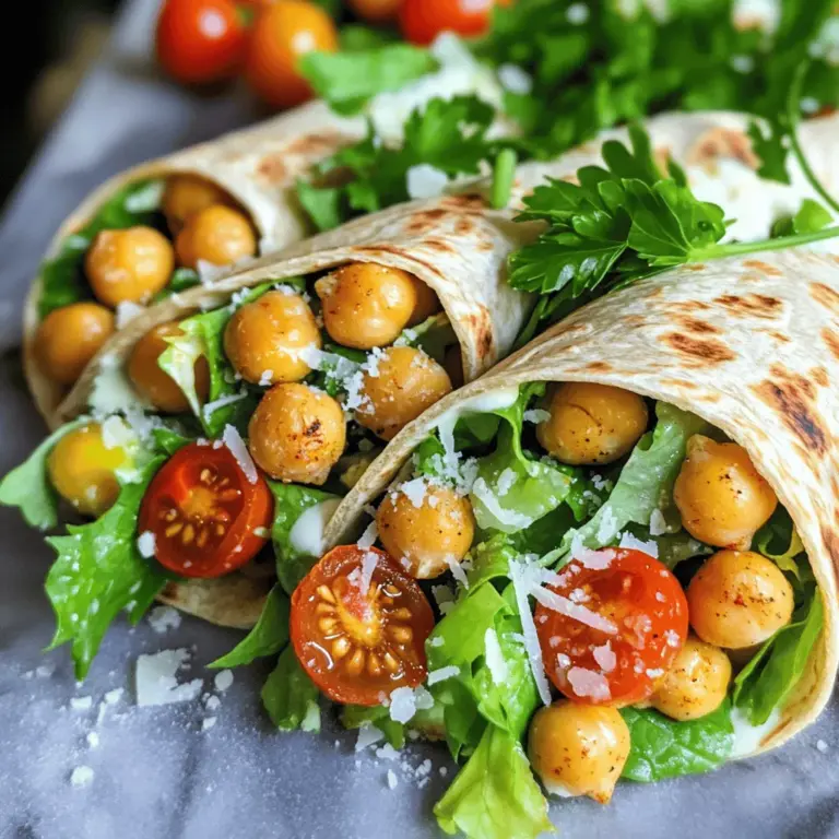 - 1 can (15 oz) chickpeas, rinsed and drained - 2 tablespoons olive oil - 1 teaspoon garlic powder - 1 teaspoon smoked paprika - Salt and pepper to taste - 4 large whole wheat tortillas - 2 cups Romaine lettuce, chopped - 1/4 cup Parmesan cheese, grated (or nutritional yeast for a vegan option) Chickpeas are the star of this dish. They add protein and a nice crunch. Rinsing and draining them helps remove excess sodium. Olive oil brings flavor and helps chickpeas crisp up. Garlic powder and smoked paprika add a rich taste. Whole wheat tortillas wrap everything together. They give a hearty base that pairs well with the filling. Romaine lettuce adds a fresh and crunchy texture. It balances the creamy dressing well. - 1/3 cup Caesar dressing (store-bought or homemade) - 1/4 cup nutritional yeast for a vegan option For dressing, you can use store-bought Caesar dressing or make your own. The dressing gives the wraps a creamy taste. If you want a vegan version, use nutritional yeast. It gives a cheesy flavor without dairy. - 1/4 cup cherry tomatoes, halved (optional) - Fresh parsley, for garnish (optional) Cherry tomatoes add a sweet burst of flavor. They also add color and freshness to the wrap. Fresh parsley is a great garnish. It adds a pop of green and enhances the taste. For the full recipe, visit the [Full Recipe]. 1. Preheating the oven: Start by preheating your oven to 400°F (200°C). This step is key for making the chickpeas crispy. 2. Seasoning and roasting the chickpeas: In a medium bowl, mix 1 can of rinsed chickpeas with 2 tablespoons of olive oil, 1 teaspoon of garlic powder, 1 teaspoon of smoked paprika, and salt and pepper to taste. Toss it well until the chickpeas are coated evenly. Spread them on a baking sheet in a single layer. Roast them for 25-30 minutes, shaking the pan halfway through. This helps them crisp up nicely. 1. Combining ingredients for the Caesar salad: In a large bowl, combine 2 cups of chopped Romaine lettuce, 1/4 cup of grated Parmesan cheese (or nutritional yeast for a vegan option), and 1/3 cup of Caesar dressing. 2. Tossing to coat evenly: Toss everything together until the lettuce is well-coated with the dressing. This will create a lovely base for your wrap. 1. Layering ingredients in the tortilla: Grab a large whole wheat tortilla. Lay it flat and add a generous portion of the dressed Romaine mixture. On top of that, add a handful of the crispy chickpeas and, if you like, some halved cherry tomatoes. 2. Rolling and securing the wraps: Fold in the sides of the tortilla. Roll it tightly from the bottom to form a wrap. Repeat this with the remaining tortillas. For a neat finish, slice the wraps in half diagonally and secure them with toothpicks if desired. Enjoy them fresh for the best crunch! You can find the complete recipe [here](Full Recipe). To achieve the ideal crispiness, start by preheating your oven to 400°F (200°C). Rinse and drain your chickpeas well to remove excess moisture. Pat them dry with a towel. This step is key to getting them crispy. Toss the chickpeas in olive oil, garlic powder, smoked paprika, salt, and pepper. Spread them out on a baking sheet in a single layer. Roast them for 25 to 30 minutes, shaking the pan halfway through. Keep an eye out; you want them golden and crunchy! For seasoning variations, feel free to experiment. Try adding cumin for warmth or chili powder for heat. You can even use lemon zest for a fresh twist. The options are endless, so have fun with it! To wrap your tortillas tightly, lay them flat on a clean surface. Add your Romaine mixture and chickpeas in the center. Fold the sides in first, then roll from the bottom. This keeps everything inside and makes it easy to hold. When cutting and serving, slice the wraps in half diagonally. This not only looks nice but also makes them easier to eat. You can secure them with toothpicks for a fun presentation. You can add different vegetables to your wraps. Consider bell peppers, cucumbers, or even avocado for creaminess. Each addition gives a new flavor and texture. For alternative dressing options, try using tahini or a yogurt-based dressing. These can add a unique taste to your wraps. You can also skip the dressing altogether for a lighter option. For the full recipe, check out the details above. Enjoy making these crispy chickpea Caesar wraps your own! {{image_2}} For a vegan version of Crispy Chickpea Caesar Wraps, you can swap out the cheese. Instead of Parmesan, use nutritional yeast. It gives a cheesy flavor without any dairy. For the dressing, choose a vegan Caesar dressing. Many store-bought options exist, or you can make your own. Blend soaked cashews, garlic, lemon juice, and a bit of Dijon mustard for a creamy alternative. If you need a gluten-free option, simply use gluten-free tortillas. These are widely available in stores. You can also add other fillings for taste and texture. Try adding sliced bell peppers, cucumbers, or avocado. They bring freshness and crunch to your wraps. You can add other plant-based proteins to your wraps. Consider mixing in black beans, lentils, or tofu. Tofu can be marinated and roasted for extra flavor. Each protein adds nutrition and keeps you full. Experiment with different combinations to find your favorite mix. To keep your crispy chickpea Caesar wraps fresh, store them in the fridge. Use an airtight container to prevent them from drying out. These wraps last about 2-3 days in the refrigerator. If you leave them too long, the wrap can get soggy. When reheating crispy chickpeas, use the oven or an air fryer. This helps keep them crunchy. Heat at 350°F (175°C) for about 5-10 minutes. Avoid the microwave, as it can make them chewy. To keep your wrap fresh, reheat the chickpeas separately. Then, assemble your wrap just before eating. You can freeze your wraps either before or after assembly. If you freeze them before, wrap each one in foil. This keeps them safe from freezer burn. For wraps after assembly, place them in a freezer-safe bag. They can last up to 3 months. To thaw, take them out and leave in the fridge overnight. For reheating, follow the same oven method as before. Enjoy your crispy chickpea Caesar wraps anytime! For the full recipe, check out the cooking instructions above. For this recipe, you can use either canned or dried chickpeas. Canned chickpeas are quick and easy. Just rinse and drain them to remove excess sodium. If you prefer dried chickpeas, soak them overnight. Then, boil them until soft. This takes a bit longer but gives a fresher taste. Roasting chickpeas brings out their crunch. Season them well for the best flavor. Yes, you can prep this recipe ahead. Make the crispy chickpeas and store them in an airtight container. They stay crunchy for a few days. You can also mix the salad ingredients and keep them in the fridge. Just assemble the wraps right before serving. This keeps everything fresh and tasty. If you don’t have tortillas, try using lettuce leaves. Romaine or butter lettuce works great. You can also use wraps made from other grains, like rice or corn. Pita bread can be another fun option. Just make sure whatever you choose can hold the filling well. To make your wraps more filling, add extra protein. Chickpeas are great, but you can also mix in black beans or quinoa. Avocado slices add creaminess and healthy fats. Try adding roasted veggies like bell peppers or zucchini for more flavor. You can even throw in some nuts or seeds for a nice crunch. These wraps are quite healthy! Each serving has about 400 calories. They are rich in protein and fiber from the chickpeas. The Romaine lettuce adds vitamins, while the Parmesan cheese gives calcium. Each wrap also contains healthy fats from olive oil. For a full breakdown, check the [Full Recipe]. This blog post covered a tasty recipe for chickpea wraps. We explored main ingredients like chickpeas, whole wheat tortillas, and romaine lettuce. I shared options for dressings, add-ins, and tips to perfect your wraps. You learned how to prepare crispy chickpeas and assemble your wraps step by step. In closing, enjoy customizing your wraps to fit your taste. Don't hesitate to experiment with new flavors and ingredients. These wraps are healthy, fun, and perfect for any meal.
