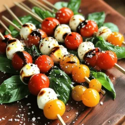 - Cherry tomatoes: 1 pint - Fresh mozzarella balls (bocconcini): 8 oz - Fresh basil leaves: Quantity as desired - Balsamic glaze: 1 tablespoon - Extra-virgin olive oil: 1 tablespoon - Sea salt: 1 teaspoon - Freshly cracked black pepper: To taste - 6-inch skewers: Quantity based on servings - Clean kitchen towel for drying ingredients Gathering your ingredients is the first step. Start with a pint of cherry tomatoes. These little gems are juicy and sweet. Next, you need 8 ounces of fresh mozzarella balls, often called bocconcini. They are creamy and perfect for skewers. For a burst of flavor, grab fresh basil leaves. Use as many as you want to suit your taste. To add a touch of flavor, you will need balsamic glaze and extra-virgin olive oil. Just one tablespoon of each will do. Sea salt is also key; a teaspoon will enhance the taste. Finish with freshly cracked black pepper to your liking. Finally, get some 6-inch skewers to hold all the ingredients. A clean kitchen towel will help dry your produce before you start. This setup will make your Caprese salad skewers shine. For the full recipe, check out the detailed guide. Start by washing the cherry tomatoes and basil leaves. Use cold water to clean them well. After washing, dry them gently with a clean kitchen towel. If your mozzarella balls are in water, drain them. Then, pat them dry to remove any excess moisture. This step is key for keeping your skewers from getting soggy. Now it's time to build your skewers. Begin by threading a cherry tomato onto the skewer. Next, add a fresh basil leaf. Follow this with a mozzarella ball. Repeat this order until the skewer is filled. Aim for three to four sets of tomato, basil, and mozzarella per skewer. Leave a bit of space at both ends for easy handling. Once you have all your skewers assembled, it’s time to present them. Arrange the skewers neatly on a serving platter. Drizzle some extra-virgin olive oil over the top for flavor. Lightly sprinkle sea salt and freshly cracked black pepper to taste. Finally, add a drizzle of balsamic glaze for a touch of sweetness and a beautiful finish. Optionally, you can garnish with extra basil leaves around the skewers for a pop of color. For the full recipe, check out the details above. When you make Caprese salad skewers, keep a few things in mind. Start with the right spacing. Leave a little room between each ingredient. This way, the flavors mix well. I like to thread a cherry tomato first, then a basil leaf, and finally a mozzarella ball. Repeat this pattern. You can fit three or four sets on each skewer. This helps keep the taste balanced. For serving, plan on two skewers per person. They work great as a light snack or a start to a meal. You can pair these skewers with a cool drink. A crisp white wine or sparkling water works well. If you want more, add some bread or a light dip. This turns your dish into a full spread that everyone will enjoy. To make your skewers shine, think about how they look. You can add extra basil leaves around the platter. This gives a burst of color. For photos, use natural light for the best effect. A simple background helps the food pop. You want your guests to see how fresh and tasty these skewers are. Use garnishes like lemon slices or microgreens to make them even more appealing. {{image_2}} You can give your Caprese salad skewers a fun twist by changing the flavors. Try using different types of tomatoes. Mini heirloom tomatoes or grape tomatoes add color and taste. You can also switch up the cheese. Use burrata for a creamier bite or feta for a salty kick. Adding olives or roasted peppers can enhance the flavor. Green or black olives provide a briny taste. Roasted red peppers add a sweet, smoky flavor that pairs well with the fresh basil. If you want to make vegan skewers, replace mozzarella with vegan cheese. There are many tasty plant-based options available. You can also use marinated tofu or avocado for a creamy texture. For gluten-free needs, ensure your skewers are gluten-free. Most ingredients are safe, but check the balsamic glaze. Some store-bought glazes may contain gluten. Opt for a homemade version to be sure. Seasonal ingredients add a fresh touch to your skewers. In summer, include fresh corn or zucchini. In fall, try roasted butternut squash for a warm flavor. You can also add seasonal fruits like peaches or watermelon for a sweet surprise. Get creative with sauces or dressings. Instead of balsamic glaze, try pesto for an herb-rich flavor. A zesty lemon vinaigrette can brighten the dish, too. These small changes can turn your skewer into a whole new dish. For the complete recipe, check out the Full Recipe. To keep your leftover Caprese salad skewers fresh, store them in an airtight container. You can also cover them tightly with plastic wrap. This helps keep the flavors intact. They will stay good in the fridge for up to two days. If you notice any moisture, use a paper towel to absorb it. This will help prevent sogginess. For long-term storage, you can freeze the ingredients separately. Freeze cherry tomatoes and mozzarella balls in a single layer on a baking sheet. Once frozen, transfer them to a freezer-safe bag. Basil leaves can be chopped and mixed with olive oil, then frozen in ice cube trays. This way, you can enjoy the flavors later. Just remember, fresh basil does not freeze well on its own. If you want to reheat your skewers, do it carefully. Preheat your oven to 350°F. Place the skewers on a baking sheet and cover with foil. Heat for about 10 minutes. This helps keep the cheese soft and the tomatoes warm without overcooking. You can also use a microwave, but go in short bursts to avoid sogginess. Enjoy your delicious Caprese skewers warm! You can swap mozzarella with other cheeses. Try burrata for a creamy touch. Feta adds a salty punch. For a dairy-free option, use vegan mozzarella or nut cheese. These choices keep the flavor fresh and fun. Choose smooth wooden skewers or metal ones. Bamboo skewers work well if they are thick. Soak wooden skewers in water for 30 minutes before use. This helps prevent splintering and makes them easier to handle. Yes, you can prepare these skewers ahead of time. Assemble them and keep them in the fridge for up to four hours. Cover with plastic wrap to keep them fresh. Just add the drizzle of balsamic glaze before serving. To make vegan skewers, replace mozzarella with a plant-based cheese. You can also use marinated tofu for a protein boost. Ensure your balsamic glaze is vegan-friendly. This way, you keep the flavors while catering to dietary needs. Serve these skewers cold or at room temperature. Arrange them on a bright platter for an eye-catching display. Add extra basil leaves around them for color. Drizzling olive oil and balsamic glaze just before serving adds a gourmet touch. Check the [Full Recipe](#) for more details. In this post, we covered how to make delicious Caprese skewers. We looked at the key ingredients, the steps for preparation, and assembly. I shared tips for serving and creative variations. Caprese skewers are fun and easy to make. They offer fresh flavors for any gathering. Enjoy experimenting with different ingredients and presentations. These skewers are sure to impress your guests. Happy cooking!