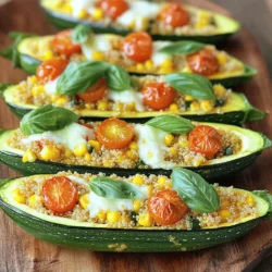 - 4 medium zucchinis - 1 cup cooked quinoa (or rice) - 1 cup cherry tomatoes, halved - 1/2 cup corn (fresh or frozen) - 1 cup shredded mozzarella cheese - 1/2 cup grated Parmesan cheese - 1 teaspoon garlic powder - 1 teaspoon onion powder - Salt and pepper to taste - 2 tablespoons olive oil - Fresh basil leaves, for garnish When I create cheesy baked zucchini boats, I focus on fresh ingredients. Zucchini is the main star. It has a mild taste and a fun shape. I like to use medium-sized zucchini for the best results. For the filling, I often use cooked quinoa. It gives a nice texture and is healthy. You can also swap in rice if you prefer. Cherry tomatoes add color and sweetness. Corn, whether fresh or frozen, gives a nice crunch. Cheese is key in this dish. I use a mix of mozzarella and Parmesan. Mozzarella melts beautifully. Parmesan adds a sharp flavor. If you want, you can try other cheeses too. Cheddar or feta could work well. Spices like garlic powder and onion powder boost the flavor. Don't forget salt and pepper for taste. A drizzle of olive oil brings everything together. Fresh basil leaves at the end add a bright touch. For the full recipe, check out the details in the section above. 1. Prepping the zucchini: Start by washing the zucchinis. Cut them in half lengthwise. Use a spoon to scoop out the middle, creating boats. Keep about 1/4 inch of the flesh. Save the scooped-out bits for the filling. 2. Mixing the filling: In a large bowl, mix cooked quinoa, halved cherry tomatoes, and corn. Add half of the mozzarella cheese and the saved zucchini flesh. Season the mix with garlic powder, onion powder, salt, and pepper. Drizzle in olive oil and stir well. 3. Filling the zucchini boats: Place the zucchini boats on a baking sheet lined with parchment paper. Fill each boat with the quinoa mixture. Make sure to pack it in well. Top each boat with the rest of the mozzarella and grated Parmesan. 1. Oven temperature and bake time: Preheat your oven to 375°F (190°C). Bake the zucchini boats for 25 to 30 minutes. 2. What to look for to know they are done: Check the zucchini for tenderness. The cheese should be bubbly and golden brown on top. They are ready when they look delicious and inviting. For the full recipe, refer to the earlier section. Enjoy your cooking adventure! - For the best flavor, season your quinoa filling well. Use salt and pepper generously. - Add garlic powder and onion powder to boost taste. They enhance the overall dish. - To avoid soggy zucchini, scoop out the middle carefully. Leave some flesh for support. - Sprinkle salt on the zucchini halves before baking. This draws out excess moisture. - Serve the zucchini boats on a bright platter for a fun look. It makes the dish pop. - Drizzle extra olive oil on top for a shiny finish. This adds a gourmet touch. - Garnish with fresh basil leaves. They provide color and a lovely aroma. - Consider adding a squeeze of lemon juice before serving. It brightens the flavors. {{image_2}} You can change the grains in this recipe. Instead of quinoa, try rice. Both options work well. You can even use barley or farro for a different texture. Each grain adds its own flavor. You can also swap out the vegetables. Zucchini is great, but other veggies work too. Try bell peppers, eggplant, or mushrooms. These options add color and taste to your dish. If you want some heat, add spicy ingredients. Try diced jalapeños or crushed red pepper flakes. These will give your zucchini boats a nice kick. Adjust the amount based on your spice level. Herbs can change the flavor too. Fresh basil or parsley gives a bright taste. You can also use dried herbs like oregano or thyme. Experiment with your favorite herbs to make it unique. For more details on the base recipe, check the Full Recipe. To keep your cheesy baked zucchini boats fresh, use airtight containers. Glass containers work well. They seal tightly and let you see the food inside. You can also use plastic containers, but make sure they are BPA-free. Your leftovers will last in the fridge for about 3 to 4 days. Make sure they cool down before sealing them. This helps prevent moisture buildup, which can make them soggy. To reheat your zucchini boats while keeping them crispy, the oven is your best friend. Preheat the oven to 350°F (175°C). Place the zucchini boats on a baking sheet and warm them for about 10 to 15 minutes. This helps the cheese melt again and the zucchini stay firm. If you’re in a hurry, you can use the microwave. Heat them for 1 to 2 minutes. However, this may make the zucchini soft. If you want to enjoy them fresh, stick to the oven. For full details on making these tasty treats, check the Full Recipe. Yes, you can make cheesy baked zucchini boats vegan. To do this, replace the mozzarella and Parmesan cheese with vegan cheese options. You can also use nutritional yeast for a cheesy flavor. Ensure your quinoa or rice is cooked without animal products. This way, you keep the dish tasty and plant-based. Zucchini boats pair well with many sides. Here are a few ideas: - A fresh garden salad - Garlic bread or breadsticks - Roasted vegetables like carrots or bell peppers - Quinoa or rice pilaf These sides add color and flavor, making your meal complete. Yes, you can freeze cheesy baked zucchini boats. After baking, let them cool completely. Place them in an airtight container or wrap them tightly in plastic wrap. They can last for up to three months in the freezer. When you're ready to eat, thaw them in the fridge overnight. Reheat in the oven for the best texture. You will enjoy them just like fresh! For more details on making this delicious dish, check out the Full Recipe. In this post, we explored making delicious stuffed zucchini boats. We covered key ingredients, from zucchini to cheese, and optional add-ins. Next, we went through step-by-step prep and baking instructions to ensure perfect results. I shared tips on seasoning and presentation, along with variations to keep it exciting. Lastly, we discussed how to store leftovers and reheat them without losing texture. Enjoy your cooking, and remember that simple tweaks can make your dish special. Happy cooking with zucchini!
