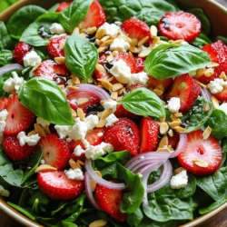 - 6 cups fresh spinach, washed and dried - 1 cup strawberries, hulled and sliced - 1 cup crumbled feta cheese - 1/2 cup slivered almonds, toasted - 1/4 red onion, thinly sliced - 1/4 cup balsamic vinaigrette (homemade or store-bought) - Salt and pepper to taste - Fresh basil leaves for garnish When you gather these ingredients, you set the stage for a bright and tasty salad. Fresh spinach forms the base of our dish. Its crisp texture is both refreshing and healthy. Strawberries add a sweet touch. Their vibrant red color makes the salad pop. Feta cheese brings in a tangy flavor, balancing the sweetness. Toasted slivered almonds add crunch. This gives each bite a delightful contrast. Thinly sliced red onion adds a bit of bite and depth. The balsamic vinaigrette ties it all together. It enhances the flavors without overpowering them. Don't forget to season with salt and pepper. These small additions bring out the natural tastes. Finally, fresh basil leaves make for a lovely garnish. They add a hint of herbal aroma and a touch of green. - Caloric content per serving: Approximately 220 calories - Breakdown of macronutrients: - Protein: 7g - Carbohydrates: 15g - Fats: 16g This salad is not only tasty but also packed with nutrients. Spinach is rich in iron and vitamins. Strawberries provide vitamin C and healthy antioxidants. Feta cheese offers protein and calcium. Almonds are a great source of healthy fats. This mix makes for a balanced meal. Eating this salad supports heart health. Fresh ingredients help boost your immune system too. Enjoy this salad as a light lunch or a side dish. For the full recipe, check out the details above. Preparing the spinach Start by washing 6 cups of fresh spinach. Use cold water to rinse it well. Remove any dirt or grit. After washing, dry the spinach with a clean towel or a salad spinner. This step helps keep the salad crisp. Preparing the strawberries Take 1 cup of strawberries and remove the green tops. Slice the strawberries into thin pieces. You want to make them easy to eat. Set them aside in a bowl to keep them fresh. Toasting the almonds In a dry pan over medium heat, add 1/2 cup of slivered almonds. Stir them often until they turn golden brown. This should take about 3 to 5 minutes. Toasting the almonds adds a nice crunch and enhances their flavor. Layering the ingredients In a large mixing bowl, start with the fresh spinach as your base. Next, layer the sliced strawberries on top. Sprinkle 1 cup of crumbled feta cheese over the strawberries. Finally, add the toasted almonds and 1/4 thinly sliced red onion for extra flavor. Drizzling the dressing Take 1/4 cup of balsamic vinaigrette and drizzle it over the salad. Make sure to cover all the ingredients evenly. This dressing adds a tangy taste that balances the sweetness of the strawberries. Tossing the salad Gently toss the salad using clean hands or salad tongs. Be careful not to bruise the spinach. You want to mix everything together without losing the fresh look. After that, season with salt and pepper to taste. For a lovely presentation, serve it on a large platter and garnish with fresh basil leaves. For the full recipe, check out the details above. - Best practices for washing spinach: Start by filling a large bowl with cold water. Add the spinach and swish it around. This helps remove dirt. Let it sit for a few minutes. Then lift the spinach out, leaving dirt behind. Rinse it once more under running water. Pat it dry with a clean towel or use a salad spinner. - How to store sliced strawberries: First, wash the strawberries gently under cold water. Remove the green tops, then slice them. Store the slices in a single layer on a paper towel in a container. This keeps them fresh and prevents them from getting mushy. Cover the container loosely with a lid. - Tips for even distribution of feta: Crumble the feta cheese into small pieces. This makes it easier to sprinkle. When adding feta to your salad, do it in stages. Start with one part of the salad, then add more. This helps spread the flavor evenly throughout the dish. - Homemade balsamic vinaigrette recipe: To make a simple vinaigrette, mix 1/4 cup balsamic vinegar with 3/4 cup olive oil. Add a teaspoon of Dijon mustard for extra flavor. Whisk until combined. Season with salt and pepper to taste. This dressing pairs perfectly with the Spinach Strawberry Feta Salad. - Alternative dressings for varied flavors: Try a honey mustard dressing for a sweeter touch. Combine equal parts honey and mustard with olive oil. For a creamy twist, use Greek yogurt mixed with lemon juice and herbs. Each dressing can bring a new layer of taste to your salad. Experiment to find your favorite! {{image_2}} For the feta cheese, try goat cheese or a vegan option. These can change the taste and texture. Seasonal fruit options can make this salad shine. In summer, use peaches or blueberries. In fall, consider apples or pears. If you want nut substitutes, try sunflower seeds or pumpkin seeds. These add crunch and flavor without the nuts. Adding fresh herbs can boost flavor. Consider using mint, cilantro, or dill. Each herb offers a unique twist to your salad. Incorporating proteins makes this salad heartier. Grilled chicken, shrimp, or chickpeas work great. These options can turn your salad into a main dish. For the full recipe, check out the Spinach Strawberry Feta Salad 🥗. To keep your salad fresh, use an airtight container. Glass containers work great. They keep the salad crisp and prevent odors from mixing. You can also use plastic containers if you prefer. Store your salad in the fridge for up to three days. After that, the spinach may wilt or lose flavor. If your spinach looks sad, don’t worry! Rinse it gently under cold water. This will help bring back some crunch. Pat it dry with a paper towel or a clean cloth. For dressings, balsamic vinaigrette works well. You can also try a splash of lemon juice for a fresh taste. Feel free to add fresh strawberries or more feta to liven it up. How long can I keep this salad in the fridge? You can keep this salad in the fridge for about 1 to 2 days. The spinach will start to wilt after that. To keep it fresh, store it in an airtight container. Can I make this salad ahead of time? Yes, you can prepare this salad ahead of time. However, I recommend adding the dressing just before serving. This keeps the spinach crisp and the flavors bright. What goes well with Spinach Strawberry Feta Salad as a side dish? This salad pairs well with grilled chicken or fish. It also goes great with crusty bread or a light soup. These options balance the flavors nicely. Can I use other greens instead of spinach? Absolutely! You can swap spinach for kale, arugula, or mixed greens. Each green adds a unique taste and texture to the salad. Is this salad gluten-free? Yes, this salad is gluten-free. Just ensure your balsamic vinaigrette does not contain any gluten ingredients. Most store-bought dressings are safe, but always check the label. Tips on making this salad for a crowd To serve a crowd, double or triple the recipe. You can mix the ingredients in a large bowl. Keep the dressing separate until serving to maintain freshness. This way, everyone can enjoy a vibrant salad! This blog post outlines how to make a fresh spinach-strawberry-feta salad. We covered the key ingredients, preparation steps, and useful tips for storing and reviving leftovers. You learned about ingredient variations and how to enhance flavors. In conclusion, this salad is not only delicious but also packed with nutrients. It’s a great choice for meals or gatherings. Enjoy creating your own variations to suit your taste and share this wholesome dish with friends and family.