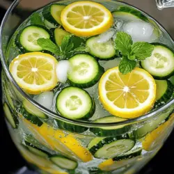 To make this refreshing drink, you need just a few key ingredients: - 1 large cucumber, thinly sliced - 2 lemons, thinly sliced - 1 tablespoon fresh mint leaves - 8 cups filtered water - Ice cubes (optional) These main ingredients give the drink its bright flavor and crisp taste. Cucumber adds a cool touch, while lemon brings a zesty kick. Mint adds freshness, making every sip feel like summer. You can customize your detox water with a few extra ingredients. Here are some ideas: - Fresh ginger slices for a spicy twist - Berries like strawberries or blueberries for sweetness - A splash of honey for natural sweetness These add-ins can make your drink even more tasty and fun. Feel free to mix and match to find your favorite combo! You don’t need fancy tools to make this drink. Just a few simple items will do: - A large pitcher or infusion jar - A cutting board and knife for slicing - A spoon for stirring Having these items ready will help you whip up your detox water in no time. Check out the Full Recipe for more details! To make Lemon Cucumber Detox Water, start with clean, fresh ingredients. Wash the cucumber and lemons under cold water. This step removes dirt and any pesticides. Then, slice the cucumber and lemons into thin rounds. Keep the skin on both for extra nutrients and flavor. Now, let’s infuse the flavors. Take a large pitcher or an infusion jar. Place the sliced cucumber and lemons inside. Add one tablespoon of fresh mint leaves. Gently bruise the mint with your fingertips. This helps release its bright flavor. Next, pour in eight cups of filtered water. Make sure all the ingredients are fully submerged. Stir the mixture gently to combine. Cover the pitcher and place it in the refrigerator. Let it sit for at least two to four hours. For a stronger flavor, leave it overnight. Once infused, stir the detox water again. Pour it into glasses over ice if you like. You can garnish with extra mint or lemon slices for a pretty touch. This drink is not just tasty; it’s also refreshing and hydrating. Enjoy your Lemon Cucumber Detox Water as a thirst quencher throughout the day. For the full recipe, refer to the earlier section. When making lemon cucumber detox water, fresh ingredients make all the difference. Look for cucumbers that feel firm and smooth. A good cucumber should have a vibrant green color. Choose lemons that are heavy for their size, which means they have more juice. If you can, pick organic options. They often taste better and are free from harmful pesticides. Infusion time is key to flavor. Let your detox water sit for at least 2-4 hours in the fridge. If you want a stronger taste, leave it overnight. The longer it sits, the more flavors blend together. You’ll notice a refreshing taste that makes drinking water fun. Just remember, if you leave it too long, the cucumber can become mushy. You can boost the detox benefits with a few simple tricks. Adding fresh mint leaves gives a nice aroma and improves digestion. You can also try adding ginger slices or a pinch of salt. Ginger adds a spicy kick and helps with inflammation. A touch of salt balances flavors and can help with hydration. These small changes can make your detox water even more effective. For a complete guide, check out the Full Recipe. {{image_2}} Lemon adds bright flavor and health perks to detox water. It has vitamin C, which is great for your immune system. This vitamin helps fight off colds and keeps your skin glowing. Lemons also promote digestion by helping your stomach break down food. Drinking lemon water may help your body flush out toxins too. This makes you feel lighter and more energized. Cucumbers are low in calories but high in water. This makes them perfect for hydration. They contain vitamins like K and C, which help your bones and skin. Cucumbers also have antioxidants that protect your body from damage. Their fiber content aids digestion, which helps you feel full longer. Adding cucumber to your drink gives it a refreshing taste and extra nutrients. Staying hydrated is key to good health. Lemon cucumber detox water helps you drink more fluids. Proper hydration keeps your skin clear and your energy levels up. It also supports kidney function, helping to remove waste from your body. When you drink this detox water, you boost your body's natural detox processes. You can enjoy your refreshing drink while giving your body a healthy cleanse. For the full recipe, check out the section above. You can add fruits to your lemon cucumber detox water for a fun twist. Try adding berries like strawberries or blueberries. They add color and a sweet taste. You can also use orange slices for a zesty kick. Watermelon chunks can bring a refreshing vibe too. Each fruit adds its unique flavor, making your drink exciting and new. Herbs can elevate your detox water to another level. Fresh basil works great with lemon and cucumber. It gives a sweet and peppery taste. You could also try rosemary for a woody flavor. Just crush the herbs a bit to release their oils. Mint is another classic choice. It pairs well with lemon and brings a cool sensation. Want to boost the health benefits? Add superfoods like chia seeds or spirulina. Chia seeds will create a fun texture and add fiber. Spirulina offers a nutrient-rich green boost. Just a little goes a long way. Mix these superfoods into your water for added nutrition. Each variation keeps your detox water interesting and full of surprises. To keep your Lemon Cucumber Detox Water fresh, store it in the fridge. Use a sealed pitcher or an infusion jar. This helps keep the flavors strong. If you add ice, it can dilute the taste. Enjoy your drink cold, but don’t leave it at room temperature for too long. Lemon Cucumber Detox Water lasts about 3 days in the fridge. However, it tastes best within the first 24 hours. The flavors will fade over time. If the water looks cloudy or has a strange smell, throw it away. Always check for freshness before drinking. What are the potential side effects? Lemon Cucumber Detox Water is safe for most people. However, some may feel upset stomachs from too much lemon. If you have allergies to citrus or cucumbers, avoid this drink. Can I use bottled lemon juice? You can, but fresh lemons give better taste. Bottled juice may lack nutrients and flavor. Fresh lemons enhance the drink's refreshing quality. How often can I drink detox water? You can drink Lemon Cucumber Detox Water daily. It’s a great way to stay hydrated. Just remember to balance it with plain water and other healthy drinks. For the full recipe, check out the Refreshing Lemon Cucumber Detox Water section. Lemon cucumber detox water is easy to make and great for your health. I covered the main ingredients, step-by-step instructions, and tips to enhance your drink. With its many benefits, this detox water helps keep you hydrated and refreshed. Try adding fruits or herbs for a twist. Remember to use fresh ingredients to boost flavor. Enjoy this drink daily for the best results and stay healthy!