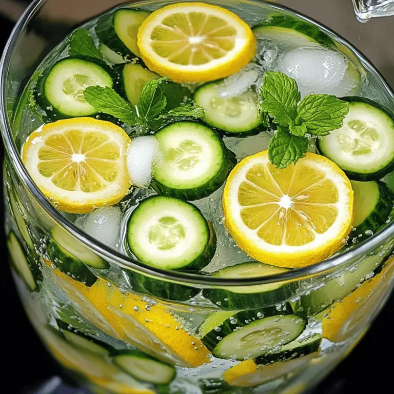 To make this refreshing drink, you need just a few key ingredients: - 1 large cucumber, thinly sliced - 2 lemons, thinly sliced - 1 tablespoon fresh mint leaves - 8 cups filtered water - Ice cubes (optional) These main ingredients give the drink its bright flavor and crisp taste. Cucumber adds a cool touch, while lemon brings a zesty kick. Mint adds freshness, making every sip feel like summer. You can customize your detox water with a few extra ingredients. Here are some ideas: - Fresh ginger slices for a spicy twist - Berries like strawberries or blueberries for sweetness - A splash of honey for natural sweetness These add-ins can make your drink even more tasty and fun. Feel free to mix and match to find your favorite combo! You don’t need fancy tools to make this drink. Just a few simple items will do: - A large pitcher or infusion jar - A cutting board and knife for slicing - A spoon for stirring Having these items ready will help you whip up your detox water in no time. Check out the Full Recipe for more details! To make Lemon Cucumber Detox Water, start with clean, fresh ingredients. Wash the cucumber and lemons under cold water. This step removes dirt and any pesticides. Then, slice the cucumber and lemons into thin rounds. Keep the skin on both for extra nutrients and flavor. Now, let’s infuse the flavors. Take a large pitcher or an infusion jar. Place the sliced cucumber and lemons inside. Add one tablespoon of fresh mint leaves. Gently bruise the mint with your fingertips. This helps release its bright flavor. Next, pour in eight cups of filtered water. Make sure all the ingredients are fully submerged. Stir the mixture gently to combine. Cover the pitcher and place it in the refrigerator. Let it sit for at least two to four hours. For a stronger flavor, leave it overnight. Once infused, stir the detox water again. Pour it into glasses over ice if you like. You can garnish with extra mint or lemon slices for a pretty touch. This drink is not just tasty; it’s also refreshing and hydrating. Enjoy your Lemon Cucumber Detox Water as a thirst quencher throughout the day. For the full recipe, refer to the earlier section. When making lemon cucumber detox water, fresh ingredients make all the difference. Look for cucumbers that feel firm and smooth. A good cucumber should have a vibrant green color. Choose lemons that are heavy for their size, which means they have more juice. If you can, pick organic options. They often taste better and are free from harmful pesticides. Infusion time is key to flavor. Let your detox water sit for at least 2-4 hours in the fridge. If you want a stronger taste, leave it overnight. The longer it sits, the more flavors blend together. You’ll notice a refreshing taste that makes drinking water fun. Just remember, if you leave it too long, the cucumber can become mushy. You can boost the detox benefits with a few simple tricks. Adding fresh mint leaves gives a nice aroma and improves digestion. You can also try adding ginger slices or a pinch of salt. Ginger adds a spicy kick and helps with inflammation. A touch of salt balances flavors and can help with hydration. These small changes can make your detox water even more effective. For a complete guide, check out the Full Recipe. {{image_2}} Lemon adds bright flavor and health perks to detox water. It has vitamin C, which is great for your immune system. This vitamin helps fight off colds and keeps your skin glowing. Lemons also promote digestion by helping your stomach break down food. Drinking lemon water may help your body flush out toxins too. This makes you feel lighter and more energized. Cucumbers are low in calories but high in water. This makes them perfect for hydration. They contain vitamins like K and C, which help your bones and skin. Cucumbers also have antioxidants that protect your body from damage. Their fiber content aids digestion, which helps you feel full longer. Adding cucumber to your drink gives it a refreshing taste and extra nutrients. Staying hydrated is key to good health. Lemon cucumber detox water helps you drink more fluids. Proper hydration keeps your skin clear and your energy levels up. It also supports kidney function, helping to remove waste from your body. When you drink this detox water, you boost your body's natural detox processes. You can enjoy your refreshing drink while giving your body a healthy cleanse. For the full recipe, check out the section above. You can add fruits to your lemon cucumber detox water for a fun twist. Try adding berries like strawberries or blueberries. They add color and a sweet taste. You can also use orange slices for a zesty kick. Watermelon chunks can bring a refreshing vibe too. Each fruit adds its unique flavor, making your drink exciting and new. Herbs can elevate your detox water to another level. Fresh basil works great with lemon and cucumber. It gives a sweet and peppery taste. You could also try rosemary for a woody flavor. Just crush the herbs a bit to release their oils. Mint is another classic choice. It pairs well with lemon and brings a cool sensation. Want to boost the health benefits? Add superfoods like chia seeds or spirulina. Chia seeds will create a fun texture and add fiber. Spirulina offers a nutrient-rich green boost. Just a little goes a long way. Mix these superfoods into your water for added nutrition. Each variation keeps your detox water interesting and full of surprises. To keep your Lemon Cucumber Detox Water fresh, store it in the fridge. Use a sealed pitcher or an infusion jar. This helps keep the flavors strong. If you add ice, it can dilute the taste. Enjoy your drink cold, but don’t leave it at room temperature for too long. Lemon Cucumber Detox Water lasts about 3 days in the fridge. However, it tastes best within the first 24 hours. The flavors will fade over time. If the water looks cloudy or has a strange smell, throw it away. Always check for freshness before drinking. What are the potential side effects? Lemon Cucumber Detox Water is safe for most people. However, some may feel upset stomachs from too much lemon. If you have allergies to citrus or cucumbers, avoid this drink. Can I use bottled lemon juice? You can, but fresh lemons give better taste. Bottled juice may lack nutrients and flavor. Fresh lemons enhance the drink's refreshing quality. How often can I drink detox water? You can drink Lemon Cucumber Detox Water daily. It’s a great way to stay hydrated. Just remember to balance it with plain water and other healthy drinks. For the full recipe, check out the Refreshing Lemon Cucumber Detox Water section. Lemon cucumber detox water is easy to make and great for your health. I covered the main ingredients, step-by-step instructions, and tips to enhance your drink. With its many benefits, this detox water helps keep you hydrated and refreshed. Try adding fruits or herbs for a twist. Remember to use fresh ingredients to boost flavor. Enjoy this drink daily for the best results and stay healthy!