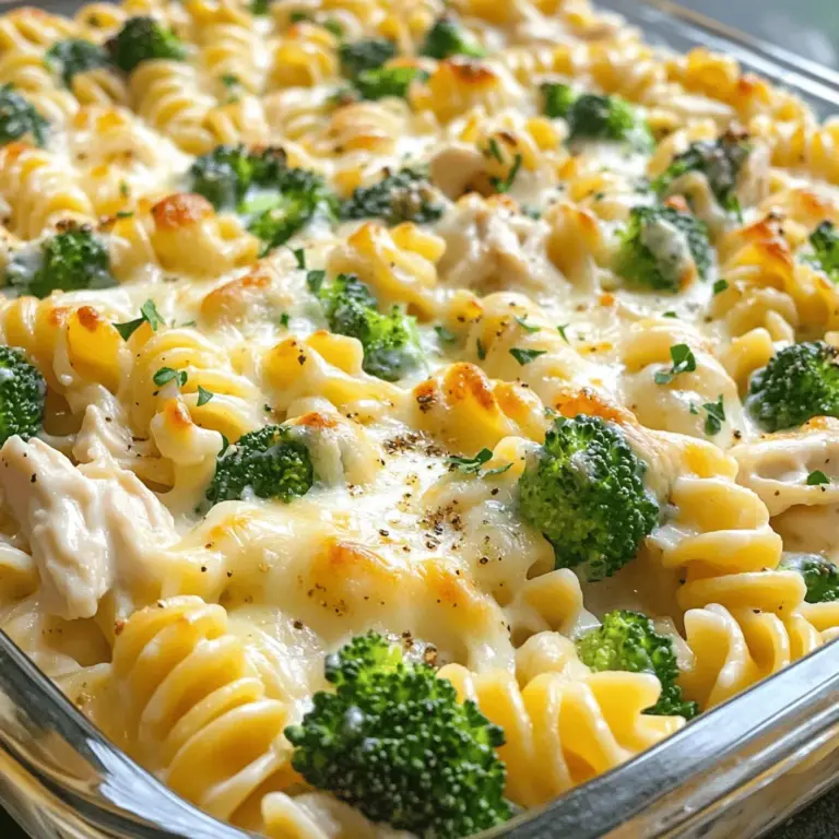 - 2 cups cooked rotini or penne pasta - 2 cups cooked chicken breast, shredded - 2 cups Alfredo sauce - 1 cup mozzarella cheese, shredded - ½ cup Parmesan cheese, grated The main ingredients create a rich dish. The pasta acts as a hearty base. Cooked chicken adds protein and flavor. Alfredo sauce brings creaminess to the mix. Mozzarella and Parmesan provide a cheesy topping that melts beautifully. - 1 cup steamed broccoli florets - Fresh parsley, chopped For a veggie boost, add steamed broccoli. It adds color and nutrition. Fresh parsley gives a bright pop. It also adds a fresh taste to every bite. - 1 teaspoon garlic powder - 1 teaspoon Italian seasoning - Salt and pepper to taste Seasonings are key to flavor. Garlic powder adds depth. Italian seasoning brings in herbs like oregano and basil. Salt and pepper enhance all the tastes. Adjust these to your liking for extra flavor. For the full list of ingredients, check the Full Recipe. - Preheat your oven to 350°F (175°C). - Grease a 9x13 inch baking dish. - Mix pasta, chicken, Alfredo sauce, and seasonings in a bowl. - Stir in optional broccoli florets if desired. - Spread the mixture in the baking dish. - Top with mozzarella and Parmesan cheese. - Bake for 25-30 minutes until bubbly and golden. This easy chicken Alfredo bake comes together quickly. You will love how all the flavors mix. The creamy sauce coats the pasta and chicken just right. Adding broccoli gives a nice crunch and color. Once you bake it, the top turns golden and crispy. The cheese melts into a gooey layer of goodness. You can serve this dish straight from the oven. It makes a great family meal or a fun dinner with friends. For the full recipe, check out the section above. Enjoy your cooking! You can use homemade or store-bought Alfredo sauce for this dish. Homemade sauce is richer and fresher. It allows you to control the flavors. However, store-bought sauces can save you time. Look for ones with few ingredients for the best taste. If you want to make your own, try this simple method: - Melt ½ cup of butter. - Add 1 cup of heavy cream and simmer. - Stir in 1 cup of grated Parmesan cheese. - Season with salt and pepper. This sauce works great in your Easy Chicken Alfredo Bake. Cheese plays a big part in making your bake creamy and tasty. Mozzarella and Parmesan are classic choices. However, you can switch things up! Here are a few other cheese options: - Gouda adds a smoky flavor. - Cheddar gives a sharp twist. - Fontina melts beautifully and adds richness. - Cream cheese can make it extra creamy. Feel free to mix and match your favorites! You can spice up your bake with herbs and spices. Adding a touch of seasoning can elevate the dish. Here are some ideas: - Fresh basil or parsley can add brightness. - Red pepper flakes can bring heat. - A squeeze of lemon juice adds freshness. - Adding sautéed garlic can give a deeper flavor. Try different combinations to find what you love most! {{image_2}} You can easily switch up the protein in this dish. Using rotisserie chicken saves time. Just shred the meat and mix it in. It adds great flavor without much effort. Turkey is another good choice. Cooked turkey breast works well and gives a nice twist. Both options keep the dish tasty and easy. Want to go meatless? You can make a vegetarian version of this bake. Replace the chicken with cooked mushrooms or spinach. These vegetables add a rich taste. You can also use tofu for extra protein. Just make sure to mix in your favorite veggies. Zucchini, bell peppers, and peas all work nicely. This way, you still enjoy creamy goodness without meat. If you need a gluten-free meal, don’t worry! You can use gluten-free pasta. Brands now offer great options like rice or chickpea pasta. These choices hold up well in the bake. Just follow the cooking instructions on the package. The rest of the recipe stays the same. You can still enjoy a delicious Chicken Alfredo Bake without gluten! For the full recipe, check out the details above. To keep your chicken Alfredo bake fresh, store leftovers in an airtight container. Let the dish cool down before sealing it. This helps keep moisture in, which keeps the meal tasty. You can store it in the fridge for up to three days. Make sure to label the container with the date. This way, you know when to eat it by. If you want to save the chicken Alfredo bake for later, freezing is a great option. First, let the dish cool completely. Then, cut it into portions for easy use. Wrap each portion in plastic wrap, and then place it in a freezer-safe container. This helps keep the flavors intact for about three months. When you're ready to eat it, just pull it out and thaw it in the fridge overnight. Reheating chicken Alfredo bake can be simple if you do it right. The best way to reheat is in the oven. Preheat the oven to 350°F (175°C). Place the bake in a baking dish and cover it with foil. Heat for about 20 minutes or until it's warmed through. If you're in a hurry, you can use the microwave. Place a portion on a microwave-safe plate and cover it with a damp paper towel. Heat for one minute, then check if it’s warm enough. Enjoy every last bite of this comforting dish! You can easily prepare this dish a day ahead. First, make the whole mixture as directed. Then, place it in a greased baking dish. Cover it tightly with plastic wrap or foil. This will keep it fresh in the fridge. When you’re ready to bake, remove the cover. Bake it at 350°F for about 30-35 minutes. You may need to add a few extra minutes to heat it through. This way, you save time on busy nights! Yes, you can use various pasta shapes! While rotini and penne are great, you can try fusilli or farfalle. These shapes hold the sauce well and add fun to your dish. Just make sure to cook the pasta until it's al dente. This keeps it firm during baking. You can also experiment with whole wheat or gluten-free pasta for different flavors and textures. This Chicken Alfredo Bake pairs well with many side dishes. A simple green salad with a light vinaigrette adds a fresh touch. Garlic bread is another great choice; it soaks up the creamy sauce. Steamed vegetables, like green beans or carrots, can balance the meal. You might also enjoy a fruit salad for a sweet finish. These sides round out your meal nicely! This Chicken Alfredo Bake is simple and delicious. We covered all the main ingredients, like pasta and chicken, along with tasty sauce options. You can add veggies or switch up the cheese to make it yours. Remember, you can store leftovers well or freeze portions for later. Enjoy a warm, cheesy meal that’s easy to make and customize. Dive into your cooking adventure; this dish is sure to please everyone!