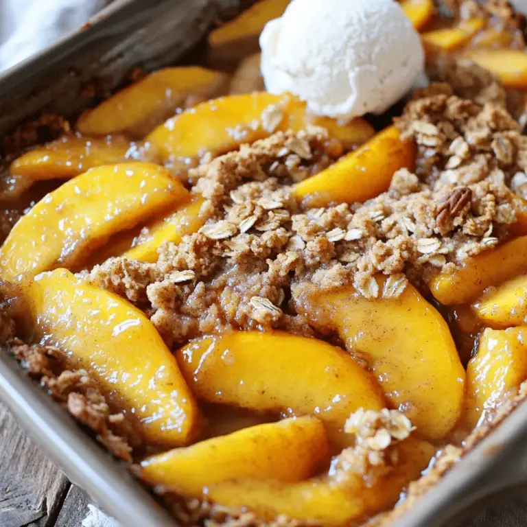- 4 large ripe peaches, sliced - 1 tablespoon lemon juice - 1/4 cup maple syrup (or agave syrup) - 1 teaspoon cinnamon - 1/2 teaspoon vanilla extract Using ripe peaches is key. They bring natural sweetness and flavor. The lemon juice adds brightness and helps the peaches stay fresh. Maple syrup or agave syrup sweetens the mix, while cinnamon and vanilla give warmth and depth. - 1 cup rolled oats - 1/2 cup almond flour (or whole wheat flour) - 1/3 cup coconut oil, melted - 1/3 cup brown sugar (or coconut sugar) - Pinch of salt - Optional: 1/4 cup chopped nuts (e.g., pecans or walnuts) For the topping, rolled oats provide crunch. Almond flour adds nutty flavor and helps bind the mix. Melted coconut oil keeps it moist and rich. Brown sugar or coconut sugar gives a hint of caramel notes. A pinch of salt balances the sweetness, and nuts can add extra texture. Check the [Full Recipe] for exact measurements and steps! - Preheat the oven to 350°F (175°C). - In a large bowl, combine sliced peaches, lemon juice, maple syrup, cinnamon, and vanilla extract. Toss gently until the peaches are coated well. - In another bowl, mix rolled oats, almond flour, melted coconut oil, brown sugar, and a pinch of salt. - If you want more crunch, add optional chopped nuts like pecans or walnuts. Mix until the topping is crumbly. - Transfer the peach mixture to a baking dish. Spread it out evenly. - Sprinkle the oat topping on top of the peach filling. - Bake for 30-35 minutes until the topping is golden brown and the peaches bubble underneath. - Let it cool for about 10 minutes before serving. For the full recipe, check out the instructions above. - Choose ripe peaches for the best flavor. Ripe peaches bring a sweet and juicy taste. - Adjust sweetness based on personal preference if using different syrups. Taste as you go to find your sweet spot. - Consider adding a dash of nutmeg for extra warmth. Nutmeg adds a cozy touch to your dessert. - Experiment with different nuts in the topping for varied textures. Almonds, pecans, or walnuts can change the crunch level. - Pair with dairy-free ice cream or coconut whipped cream for indulgence. The creaminess balances the crisp texture well. - Serve warm or at room temperature to accentuate flavors. Warm peach crisp feels like a hug in a bowl. For the full recipe, check out the complete instructions to create your delicious vegan peach crisp! {{image_2}} You can easily swap peaches for other fruits. Plums or nectarines work well. They bring a new taste to your dish. You can also mix in seasonal berries like blueberries or raspberries. This creates a colorful and tasty mixed fruit crisp. If you need a gluten-free option, use gluten-free oats. You can also choose gluten-free flour for the topping. Coconut oil is great, but you can try other vegan fats if you want. Options like vegetable shortening or margarine can work just as well. To add a unique twist, consider using spices. Cardamom or allspice can add warmth and depth. If you like extra sweetness, drizzle some maple syrup on top before serving. This small change makes it even more delicious. The flavor combinations are endless! Try different fruits and spices to find your favorite mix. For the full recipe, check out the [Full Recipe]. You can keep leftover peach crisp in an airtight container in the fridge for up to 3 days. This helps to keep it fresh. When you want to enjoy it again, reheat in the oven or microwave. This step will help to retain the crisp texture. If you want to save some for later, freeze leftovers for up to 2 months. Use a well-sealed freezer-safe container to prevent freezer burn. When you're ready to eat, thaw in the fridge overnight before reheating. This way, the peach crisp will taste great. You can also bake directly from frozen. Just be sure to adjust the baking time as needed. This method allows you to enjoy your peach crisp even when it’s frozen. Yes, but ensure they are fully thawed and drained before using. Frozen peaches can work well in this recipe. They save time and can be just as tasty. However, they may release more juice. Drain the extra liquid so your crisp does not get soggy. It can be adjusted by omitting nuts from the topping if necessary. The recipe allows for nuts, but they are not a must. If you have a nut allergy or dislike them, simply leave them out. The crisp will still taste great without them. Reduce the amount of maple syrup or use a sugar substitute to lessen sweetness. You can cut the maple syrup in half. Alternatively, try stevia or monk fruit sweetener. These options let you enjoy the crisp without too much sugar. This blog post shared a simple recipe for a delicious vegan peach crisp. You learned about fresh ingredients for both the filling and the topping. I provided step-by-step instructions to guide you through the process. Adding tips, variations, and storage info increased flexibility for your kitchen needs. In summary, this dessert celebrates ripe peaches and offers ways to customize it. Enjoy your baking and the delightful results!