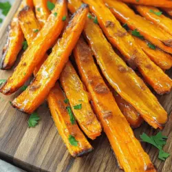 - Carrots: Use 4 large carrots. They should be firm and fresh. You can choose orange, purple, or yellow carrots. If you use smaller carrots, adjust the amount. Cut them into fry shapes for even cooking. - Seasoning essentials: You need: - 2 tablespoons of olive oil - 2 tablespoons of pure maple syrup - 1 teaspoon of cinnamon - 1 teaspoon of smoked paprika - Salt and pepper to taste These ingredients work together to create a sweet and savory flavor. The maple syrup adds a nice glaze. The smoked paprika gives a hint of heat. - Optional garnishes: Fresh parsley adds color and freshness. Chop it finely and sprinkle it on top after baking. It makes the dish look bright and inviting. For the full recipe, check out the complete instructions above. First, take your large carrots and peel them. Next, cut the carrots into fry shapes. Aim for long and thin pieces. This shape helps them cook evenly. Uniform size is key for great fries. If some are thick and others thin, cooking will be uneven. You want a nice crisp on all sides. In a large bowl, add the carrot fries. Drizzle them with olive oil and pure maple syrup. The maple adds a sweet glaze that makes these fries special. Sprinkle in cinnamon and smoked paprika for flavor. Don't forget to add salt and pepper to taste. Mixing well is important. You want every fry coated in the tasty mix. Preheat your oven to 425°F (220°C). This step is crucial for crispy fries. Line a baking sheet with parchment paper for easy cleanup. Spread the fries in a single layer on the sheet. This helps them crisp up nicely. Flip the fries halfway through baking. This way, they cook evenly on both sides. Bake for about 25-30 minutes. When they are golden and crispy, they are ready to enjoy. To make the maple glaze stand out, you can adjust the sweetness. If you like sweeter fries, add more maple syrup. For a less sweet taste, use less syrup. Mix in a pinch of salt to enhance the flavor. You can also try using honey or agave as sweeteners. Each will change the taste a bit. Baking the fries in a single layer is key. This helps them cook evenly and get crispy. If the fries are crowded, they will steam instead of bake. You’ll know they are done when they turn golden brown. A fork should easily pierce them. For the best crunch, flip the fries halfway through baking. This ensures both sides get nice and crispy. Check them around 25 minutes to see if they need more time. Enjoy these delicious snacks with your favorite dip! {{image_2}} To make your maple glazed carrot fries even tastier, try adding garlic or onion powder. These add depth and richness to the dish. Just sprinkle a little over the carrots before baking. You can also use different spices like cumin or chili powder. Cumin brings a warm flavor, while chili powder adds a nice kick. Feel free to experiment with combinations that excite your taste buds! If you want a vegan option, this recipe is already great as is! The ingredients are plant-based and perfect for everyone. If you're looking for substitutes, use coconut oil instead of olive oil for a different flavor. For gluten-free needs, you can enjoy this recipe worry-free. All the ingredients are naturally gluten-free, so you can snack with confidence. After you enjoy your maple glazed carrot fries, store any leftovers in the fridge. Use an airtight container to keep them fresh. This helps maintain their flavor and texture. They last about 3 to 4 days in the fridge. If you want them to last longer, you can freeze them. Just remember to place them in a freezer-safe bag. When you reheat your carrot fries, you want to keep them crispy. The oven is the best method for this. Preheat your oven to 375°F (190°C) and spread the fries on a baking sheet. Bake for about 10 minutes. This will revive their crunch. If you use a microwave, the fries may become soft. To help with this, place a paper towel under the fries. This absorbs extra moisture. Microwave for 1 to 2 minutes, checking often. Enjoy your tasty snack again! For the full recipe, check out the Maple Glazed Carrot Fries section. Yes, you can use frozen carrots, but fresh carrots are better. Fresh carrots have more crunch and flavor. They roast well and become crispy. Frozen carrots may not get as crispy. If you use frozen, thaw them first. Pat them dry with a towel to remove excess moisture. Maple glazed carrot fries make a great side dish. They pair well with grilled chicken or fish. You can serve them with a fresh salad. They also go great with a hearty sandwich. Try them with burgers for a fun twist. These fries add color and flavor to any meal. To add spice, you can mix in cayenne pepper or chili powder. Start with a small amount, about 1/4 teaspoon. Taste as you go to find your preferred heat level. You can also add garlic powder for extra flavor. Just stir it in with the other spices before baking. Maple glazed carrot fries are a tasty treat. You learned about key ingredients, like carrots and seasonings. I showed you how to cut and mix them. The baking process ensures crispiness. You can adjust flavors with spices or sweeteners. Store leftovers smartly for later enjoyment. Remember, these fries work with many dishes. With these tips, you can make them perfect every time. Enjoy your cooking!