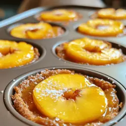 - Fresh ripe peaches and their preparation You need 2 ripe peaches for this recipe. Choose peaches that are soft and fragrant. Slice them evenly to ensure even cooking. Remove the pits before slicing. This will help them cook down nicely and caramelize. - Key baking ingredients Here’s what you need for the cake: - 1/4 cup unsalted butter, melted - 1/3 cup brown sugar - 1 cup all-purpose flour - 1/2 teaspoon baking powder - 1/4 teaspoon baking soda - 1/4 teaspoon salt - 1/3 cup granulated sugar - 1 large egg - 1/2 cup milk - 1 teaspoon vanilla extract These ingredients work together to create a soft and moist cake that complements the peaches. - Optional toppings and garnishes For extra flair, you can add a scoop of vanilla ice cream or a dollop of whipped cream. A sprinkle of cinnamon or nutmeg can also enhance the flavors. These small touches can make your mini cakes feel even more special. For the full recipe, check [Full Recipe]. First, grease the muffin tin. Use non-stick cooking spray or butter. This step helps the cakes come out easily. Preheating the oven is key. Set it to 350°F (175°C). This ensures even baking and a nice rise. To start, combine melted butter and brown sugar in a small bowl. Stir until well mixed. Pour this mixture evenly into each muffin cup. Next, arrange peach slices on top. Make sure they look pretty; this adds charm and flavor. In a separate bowl, mix dry ingredients. Whisk together flour, baking powder, baking soda, and salt. In another large bowl, beat granulated sugar and egg until light. Add milk and vanilla extract, mixing until smooth. When you add the dry ingredients, fold gently. This keeps the batter light and airy. Spoon the batter over the peach slices. Fill each cup about 3/4 full. Bake in your preheated oven for 20-25 minutes. To check doneness, insert a toothpick into the center. If it comes out clean, your cakes are ready. They should look golden brown. For the full recipe, check the detailed instructions above. - Overmixing the batter: This can make the cakes tough. Mix just until combined. - Incorrect oven temperature: Always use an oven thermometer. An accurate temp ensures even baking. - Selecting the right type of peaches: Use ripe, firm peaches. Freestone peaches work best for easy slicing. - How to achieve optimal caramelization: Melt butter and brown sugar together. Pour this mix into the muffin tin before adding peaches. This creates a sweet caramel that enhances flavor. - Best ways to serve Peach Upside Down Mini Cakes: Serve them warm. They look pretty and taste better fresh. - Pairing with ice cream or whipped cream: Vanilla ice cream or freshly whipped cream adds a creamy contrast. Top the mini cakes for a delightful treat. For the complete recipe, check out the [Full Recipe]. {{image_2}} You can swap peaches for other fruits. Try ripe pears, juicy plums, or sweet nectarines. Each fruit brings its own flavor. I love mixing in fresh berries too. Blueberries or raspberries add a nice tartness. You can even combine fruits. This gives a colorful and tasty twist. To make these mini cakes gluten-free, use almond flour or oat flour. Both work well in the recipe. You can also replace eggs with a flaxseed mixture. Mix one tablespoon of flaxseed meal with three tablespoons of water. Let it sit for a few minutes until thick. For milk, choose almond or oat milk. Adjust the baking time slightly for a perfect bake. Check your cakes with a toothpick to see if they are done. For more tips, check the Full Recipe. To keep your Peach Upside Down Mini Cakes fresh, store them in an airtight container. Place a piece of parchment paper between layers to avoid sticking. They stay good for about three days at room temperature. For longer storage, freeze them. Wrap each mini cake in plastic wrap, then place them in a freezer-safe bag. They can last up to three months in the freezer. When you're ready to enjoy your mini cakes again, reheating is key. The best way is to use the oven. Preheat it to 350°F (175°C). Place the cakes on a baking sheet and cover them with foil. Heat for about 10 to 15 minutes until warm. This method keeps the texture nice and soft. You can also use the microwave. Heat each cake for about 15 to 20 seconds. Just be careful not to overheat, or they may dry out. For serving suggestions after reheating, try adding a scoop of vanilla ice cream or a dollop of whipped cream. The warm cake with cool toppings makes a wonderful treat! Enjoy every bite! For the full recipe, check out the [Full Recipe]. Peach Upside Down Mini Cakes can last about three days at room temperature. Store them in an airtight container to keep them fresh. If you want to keep them longer, you can freeze them. They last up to three months in the freezer. Just make sure to wrap them well in plastic wrap. Yes, you can use canned peaches! Just make sure to drain them well. Canned peaches may be softer than fresh ones, so they may not hold their shape as well. They can still taste great in your mini cakes, especially if you’re short on fresh fruit. If you don’t have a muffin tin, you can use ramekins or small oven-safe dishes. Just adjust the baking time as needed. Keep an eye on them while they bake, as different dishes may require different times. You can also use a cake pan, but the cooking time will change. You can bake the mini cakes and store them in an airtight container. They will stay fresh for about three days. If you want to make them further in advance, freeze them right after baking. To serve, just thaw them in the fridge overnight and warm them in the oven before enjoying. This blog post covers how to make Peach Upside Down Mini Cakes. We discussed key ingredients, step-by-step baking instructions, and tips for success. You learned the mistakes to avoid and suggestions for serving. With variations for different fruits and dietary needs, this recipe is flexible. Finally, we explored storage and reheating tips to keep your cakes fresh. Enjoy the sweet, peachy goodness, and feel inspired to create your own delicious treats!
