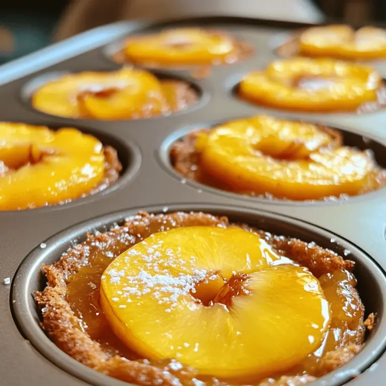 - Fresh ripe peaches and their preparation You need 2 ripe peaches for this recipe. Choose peaches that are soft and fragrant. Slice them evenly to ensure even cooking. Remove the pits before slicing. This will help them cook down nicely and caramelize. - Key baking ingredients Here’s what you need for the cake: - 1/4 cup unsalted butter, melted - 1/3 cup brown sugar - 1 cup all-purpose flour - 1/2 teaspoon baking powder - 1/4 teaspoon baking soda - 1/4 teaspoon salt - 1/3 cup granulated sugar - 1 large egg - 1/2 cup milk - 1 teaspoon vanilla extract These ingredients work together to create a soft and moist cake that complements the peaches. - Optional toppings and garnishes For extra flair, you can add a scoop of vanilla ice cream or a dollop of whipped cream. A sprinkle of cinnamon or nutmeg can also enhance the flavors. These small touches can make your mini cakes feel even more special. For the full recipe, check [Full Recipe]. First, grease the muffin tin. Use non-stick cooking spray or butter. This step helps the cakes come out easily. Preheating the oven is key. Set it to 350°F (175°C). This ensures even baking and a nice rise. To start, combine melted butter and brown sugar in a small bowl. Stir until well mixed. Pour this mixture evenly into each muffin cup. Next, arrange peach slices on top. Make sure they look pretty; this adds charm and flavor. In a separate bowl, mix dry ingredients. Whisk together flour, baking powder, baking soda, and salt. In another large bowl, beat granulated sugar and egg until light. Add milk and vanilla extract, mixing until smooth. When you add the dry ingredients, fold gently. This keeps the batter light and airy. Spoon the batter over the peach slices. Fill each cup about 3/4 full. Bake in your preheated oven for 20-25 minutes. To check doneness, insert a toothpick into the center. If it comes out clean, your cakes are ready. They should look golden brown. For the full recipe, check the detailed instructions above. - Overmixing the batter: This can make the cakes tough. Mix just until combined. - Incorrect oven temperature: Always use an oven thermometer. An accurate temp ensures even baking. - Selecting the right type of peaches: Use ripe, firm peaches. Freestone peaches work best for easy slicing. - How to achieve optimal caramelization: Melt butter and brown sugar together. Pour this mix into the muffin tin before adding peaches. This creates a sweet caramel that enhances flavor. - Best ways to serve Peach Upside Down Mini Cakes: Serve them warm. They look pretty and taste better fresh. - Pairing with ice cream or whipped cream: Vanilla ice cream or freshly whipped cream adds a creamy contrast. Top the mini cakes for a delightful treat. For the complete recipe, check out the [Full Recipe]. {{image_2}} You can swap peaches for other fruits. Try ripe pears, juicy plums, or sweet nectarines. Each fruit brings its own flavor. I love mixing in fresh berries too. Blueberries or raspberries add a nice tartness. You can even combine fruits. This gives a colorful and tasty twist. To make these mini cakes gluten-free, use almond flour or oat flour. Both work well in the recipe. You can also replace eggs with a flaxseed mixture. Mix one tablespoon of flaxseed meal with three tablespoons of water. Let it sit for a few minutes until thick. For milk, choose almond or oat milk. Adjust the baking time slightly for a perfect bake. Check your cakes with a toothpick to see if they are done. For more tips, check the Full Recipe. To keep your Peach Upside Down Mini Cakes fresh, store them in an airtight container. Place a piece of parchment paper between layers to avoid sticking. They stay good for about three days at room temperature. For longer storage, freeze them. Wrap each mini cake in plastic wrap, then place them in a freezer-safe bag. They can last up to three months in the freezer. When you're ready to enjoy your mini cakes again, reheating is key. The best way is to use the oven. Preheat it to 350°F (175°C). Place the cakes on a baking sheet and cover them with foil. Heat for about 10 to 15 minutes until warm. This method keeps the texture nice and soft. You can also use the microwave. Heat each cake for about 15 to 20 seconds. Just be careful not to overheat, or they may dry out. For serving suggestions after reheating, try adding a scoop of vanilla ice cream or a dollop of whipped cream. The warm cake with cool toppings makes a wonderful treat! Enjoy every bite! For the full recipe, check out the [Full Recipe]. Peach Upside Down Mini Cakes can last about three days at room temperature. Store them in an airtight container to keep them fresh. If you want to keep them longer, you can freeze them. They last up to three months in the freezer. Just make sure to wrap them well in plastic wrap. Yes, you can use canned peaches! Just make sure to drain them well. Canned peaches may be softer than fresh ones, so they may not hold their shape as well. They can still taste great in your mini cakes, especially if you’re short on fresh fruit. If you don’t have a muffin tin, you can use ramekins or small oven-safe dishes. Just adjust the baking time as needed. Keep an eye on them while they bake, as different dishes may require different times. You can also use a cake pan, but the cooking time will change. You can bake the mini cakes and store them in an airtight container. They will stay fresh for about three days. If you want to make them further in advance, freeze them right after baking. To serve, just thaw them in the fridge overnight and warm them in the oven before enjoying. This blog post covers how to make Peach Upside Down Mini Cakes. We discussed key ingredients, step-by-step baking instructions, and tips for success. You learned the mistakes to avoid and suggestions for serving. With variations for different fruits and dietary needs, this recipe is flexible. Finally, we explored storage and reheating tips to keep your cakes fresh. Enjoy the sweet, peachy goodness, and feel inspired to create your own delicious treats!