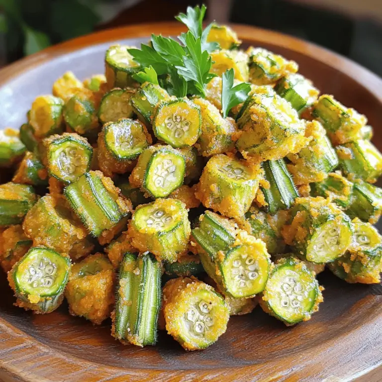 - 1 pound fresh okra - 1 cup buttermilk - 1 cup cornmeal - ½ cup all-purpose flour - 1 teaspoon paprika - ½ teaspoon cayenne pepper - 1 teaspoon garlic powder - ½ teaspoon onion powder - Salt and pepper to taste - Vegetable oil for frying For perfect fried okra, fresh ingredients are key. Start with one pound of fresh okra. Choose bright green pods and avoid any that look dull. Slice them into half-inch rounds for even cooking. Next, grab one cup of buttermilk. Soaking the okra in buttermilk adds flavor and helps create a crisp coating. Now, let’s talk about the dry ingredients. Combine one cup of cornmeal and half a cup of all-purpose flour in a bowl. This mix gives a crunchy texture. Add one teaspoon of paprika for smokiness. For a little heat, toss in half a teaspoon of cayenne pepper. Then, add one teaspoon of garlic powder and half a teaspoon of onion powder for depth of flavor. Finally, season with salt and pepper to taste. Don’t forget about the cooking essentials. You need vegetable oil for frying. Use enough oil to cover the bottom of your pan by about half an inch. This helps the okra fry evenly and get that golden brown color. These ingredients all work together to create that crispy and flavorful fried okra that you crave. For the full recipe, check the details above. To start, soak the fresh okra in buttermilk. This step is key. Buttermilk helps tenderize the okra and adds flavor. Place the sliced okra in a bowl and cover it with buttermilk. Let it soak for at least 30 minutes. This allows the okra to absorb moisture and flavor. The longer you soak, the more tender it becomes. Next, mix your dry ingredients. In a separate bowl, combine one cup of cornmeal and half a cup of all-purpose flour. This mix gives the okra its crispiness. Add in a teaspoon of paprika for a smoky touch, half a teaspoon of cayenne for heat, one teaspoon of garlic powder, and half a teaspoon of onion powder. Season with salt and pepper to taste. Whisk everything together until well combined. Now, let's coat the okra. Use a slotted spoon to remove the okra from the buttermilk. Let the excess buttermilk drip off. Dredge each piece in the cornmeal mixture. Make sure every piece is well coated. Place the coated okra on a wire rack. This helps the coating stick better. Heat your oil in a deep skillet. Add enough vegetable oil to cover the bottom of the pan by about half an inch. Heat it over medium-high heat until it shimmers, around 350°F. This is the perfect temperature for frying. Fry the okra in batches. Avoid overcrowding the pan. This keeps the oil hot and helps achieve crispiness. Fry for about 3 to 4 minutes, or until golden brown. Flip the okra occasionally for even cooking. Once crispy, transfer the fried okra to a paper towel-lined plate. This drains the excess oil. While still hot, sprinkle with extra salt and pepper if you like. Serve warm for the best taste. For the complete process, check out the Full Recipe. Soaking okra in buttermilk is key. I suggest soaking for at least 30 minutes. This helps soften the okra and adds flavor. The longer you soak, the better it becomes. For a crispy exterior, coat the okra well after soaking. Use a slotted spoon to remove it from the buttermilk. Let the excess drip off. Then dredge the okra in the cornmeal mixture. Make sure each piece is fully covered. This helps create that delightful crunch. Adding spices can boost the taste of your fried okra. I recommend using paprika and cayenne pepper for a kick. Garlic powder and onion powder deepen the flavor too. You can adjust the amounts based on your taste. Want more heat? Add extra cayenne. For a milder version, skip it. Monitoring oil temperature is crucial for frying. Heat the vegetable oil to about 350°F, or 175°C. This ensures a crispy finish without absorbing too much oil. To prevent greasy okra, drain it properly. Once fried, use a paper towel-lined plate. This helps absorb excess oil. Serve your okra right away for the best taste and texture. {{image_2}} You can make fried okra gluten-free. Just swap the all-purpose flour for a gluten-free flour mix. Almond flour or chickpea flour works well too. These options keep the flavor while catering to gluten-free diets. Want to spice things up? Add cheese to the coating. Grated Parmesan or cheddar adds a rich taste. You can also mix in herbs like thyme or oregano for extra flavor. For a kick, toss in some chopped jalapeños or cayenne pepper. This gives your okra a nice heat that many will love. Fried okra pairs well with many dips. Try ranch dressing or a spicy remoulade. You can also serve it with a tangy vinegar-based sauce. For side dishes, consider coleslaw or cornbread. These pairings complete the meal and add texture. Want to keep it simple? Just serve the okra with a squeeze of lemon. It's a fresh touch that brightens the dish. For more detailed instructions on making fried okra, check the Full Recipe. To keep your fried okra fresh, follow these tips. First, let the fried okra cool completely. This helps prevent moisture build-up. Next, use an airtight container for storage. Glass containers work well, as they do not retain odors. You can also use resealable plastic bags for easy storage. Make sure to remove as much air as possible. Store the okra in the fridge for up to three days. This way, it stays tasty for your next meal. When you want to enjoy your leftover fried okra, reheating is key. The oven is the best method to keep that crispy texture. Preheat your oven to 400°F (200°C). Spread the okra on a baking sheet. Bake for about 10 minutes, turning once halfway through. This helps maintain the crunch. If you use a microwave, place the okra on a microwave-safe plate. Cover it with a paper towel to absorb moisture. Heat in short bursts of 30 seconds. Check after each burst to avoid sogginess. Enjoy your fried okra just like day one! To keep your fried okra crispy, follow a few best practices. First, make sure to soak the okra in buttermilk for at least 30 minutes. This step helps the coating stick better. When dredging, coat each piece well in the cornmeal mixture. After frying, place the okra on a wire rack instead of a plate. This allows air to circulate and keeps them crisp. Yes, you can prep fried okra ahead of time. Slice the okra and soak it in buttermilk. You can keep it in the fridge for a few hours. Mix your dry ingredients and store them in a sealed bag. When you’re ready to fry, just dredge the okra in the dry mix and cook. Fried okra pairs well with many dishes. You can serve it as a side with fried chicken or barbecue. It also works great alongside a fresh salad. For a modern twist, try it with dips like ranch or spicy aioli. Each option brings out the okra’s great flavor. For the complete crispy Southern fried okra recipe, check out the [Full Recipe]. To fry the perfect Southern okra, you need quality ingredients and careful steps. We covered fresh okra and key seasonings to enhance flavor. Proper soaking and frying ensure a crisp texture. I shared tips for gluten-free options and creative variations. Storage and reheating can keep your leftovers tasty. Remember to monitor oil temperature to avoid grease. With these insights, you’ll make delicious okra every time. Enjoy exploring this tasty treat!