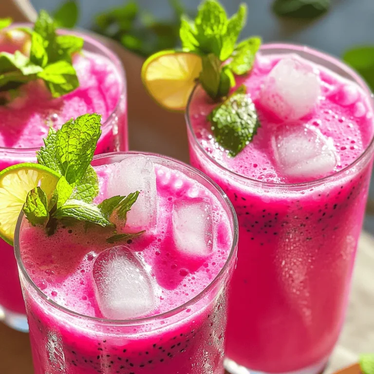 - 1 ripe dragon fruit, peeled and diced - 1 cup coconut water - 1/2 cup fresh lime juice - 1 tablespoon honey or agave syrup - 1/2 cup sparkling water - Ice cubes - Fresh mint leaves for garnish - Lime slices for garnish Accurate measurements matter for taste. Too much lime can make it sour, while too little coconut water may lose that refreshing flavor. I always suggest tasting your mix as you go. You can adjust ingredients based on your likes. If you want it sweeter, add more honey or agave syrup. If you love a tart drink, boost the lime juice. Each serving has around 80 calories. Dragon fruit is rich in vitamin C and antioxidants. Coconut water hydrates and provides electrolytes. Together, they create a healthy drink that refreshes during hot days. - Start by blending the ingredients. In a blender, add the diced dragon fruit, coconut water, fresh lime juice, and honey or agave syrup. Blend until smooth. This mix gives you a bright color and tasty flavor. - Next, adjust sweetness if needed. After blending, taste the mix. If it’s not sweet enough, add more honey or agave syrup. Blend briefly again to mix it well. - Use ideal glassware to serve. Choose tall glasses to show off the colorful drink. Clear glasses let you see the vibrant pink of the dragon fruit. - Garnish the drink for visual appeal. Add fresh mint leaves on top and a slice of lime on the rim of each glass. This makes the drink look even more refreshing. - Ensure the dragon fruit is ripe. A ripe fruit is bright in color and slightly soft when pressed. This will give your drink the best flavor. - Retain the fizz in sparkling water. When adding sparkling water, stir gently. This keeps the bubbles intact and makes your drink bubbly and fun. For the complete recipe, check out the [Full Recipe]. To make your Dragon Fruit Coconut Cooler shine, use fresh ingredients. They bring out the best taste. Fresh dragon fruit is sweeter and brighter than frozen. If you can’t find fresh, frozen will work too. Just keep in mind it may change the texture slightly. For sweetness, honey is a great choice. But you can also use agave syrup or maple syrup. Adjust the amount based on your taste. Start small and add more if needed. Remember, you want a balance that makes each sip delightful. Layering your drink can make it look stunning. Pour the blended dragon fruit mix first. Then gently add sparkling water. This keeps the colors distinct and fun to see. For garnishing, think creative. Use fresh mint leaves or lime slices. You can even add edible flowers for a pop of color. A simple slice of dragon fruit on the rim adds flair too. Presentation makes the drink feel special and inviting. If your drink is too sweet, add a splash of lime juice. This will balance the flavors. You can also dilute it with more coconut water or sparkling water. Taste as you go to find the right mix. If the drink tastes too tart, a bit more sweetener can help. Just blend it again briefly. For freshness, always store ingredients properly. Keep dragon fruit and lime in the fridge. This keeps them crisp and tasty for your next batch. {{image_2}} You can make the Dragon Fruit Coconut Cooler even better by adding other fruits. Pineapple and mango work great! They add sweetness and a tropical twist. You can also use flavored coconut water. It brings new tastes and fun colors to your drink. Try options like pineapple or lime coconut water for a zesty kick. If you want a vegan drink, skip the honey and use agave syrup. This keeps the drink plant-based. You can also make low-calorie changes. Use less sweetener or add more sparkling water. This keeps the flavor while lowering the calories. Adjust as needed to fit your diet. You can adapt this drink for summer or winter. In summer, serve it cold with ice for a refreshing treat. In winter, warm coconut water can create a cozy drink. You might even add spices like cinnamon for a holiday feel. This way, you can enjoy the Dragon Fruit Coconut Cooler all year round! The Dragon Fruit Coconut Cooler lasts about 3 days in the fridge. To keep it fresh, store the drink in a sealed container. If you have leftover dragon fruit or lime juice, store them separately. Wrap the dragon fruit in plastic wrap and place lime juice in a small jar. This way, you keep the flavors bright. You can freeze dragon fruit for later use. Cut the fruit into pieces, then place them in a freezer bag. Squeeze out the air before sealing. You can also make ice cubes with the mixture. Pour the Dragon Fruit Coconut Cooler into an ice cube tray and freeze until solid. These cubes are great for keeping drinks cold without dilution. Fresh ingredients have a short shelf life. Dragon fruit stays good for about a week when stored whole in the fridge. Cut dragon fruit lasts only 2 to 3 days. Look for signs of spoilage like soft spots or dark areas. With coconut water, check for any off smells or changes in color. If you notice these signs, it's best to discard the ingredients. Dragon fruit, also known as pitaya, has a bright pink skin. It looks like a tropical star. Inside, the flesh is white or red with tiny black seeds. The taste is mildly sweet, like a mix of kiwi and pear. This fruit is rich in vitamins and antioxidants. It adds a splash of color to your drinks and dishes. Yes, the Dragon Fruit Coconut Cooler is healthy! It contains dragon fruit, which is high in fiber. This helps with digestion. Coconut water is a great source of hydration. It has electrolytes that help replenish your body. Lime juice adds vitamin C, boosting your immune system. The honey or agave syrup provides natural sweetness without too many calories. Overall, this drink is refreshing and nutritious. You can prepare some parts ahead of time. Blend the dragon fruit mixture and store it in the fridge. Just leave out the sparkling water until you are ready to serve. This keeps the fizz fresh. When it's time to enjoy, mix in the sparkling water and pour over ice. This way, the drink stays bubbly and delicious! This blog post covered the Dragon Fruit Coconut Cooler, from ingredients to storage tips. You learned about crucial measurements for flavor and health benefits. We discussed steps to prepare, serve, and enhance the drink, along with creative variations. In closing, this drink is fun and healthy. You can easily mix it up for any season or occasion. Enjoy your refreshing, tropical drink while benefiting from its fresh flavors and nutrients. Cheers to tasty experiments in your kitchen!