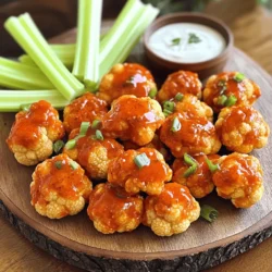 The magic begins with fresh ingredients. Here’s what you need for Buffalo Cauliflower Bites: - 1 large head of cauliflower, cut into bite-sized florets - 1 cup all-purpose flour (or gluten-free flour) - 1 teaspoon garlic powder - 1 teaspoon onion powder - 1/2 teaspoon paprika - 1/2 teaspoon cayenne pepper (adjust for heat preference) - 1 cup water - 1/2 cup hot sauce (e.g., Frank’s RedHot) - 2 tablespoons melted vegan butter or regular butter - Salt and pepper to taste - Optional garnishes: Celery sticks and ranch/blue cheese dressing With these simple ingredients, you can create a tasty and crispy treat. The cauliflower is your star, while the spices add great flavor. The hot sauce mixed with butter gives that classic Buffalo kick. You can adjust the cayenne for heat too. I love serving these bites with celery sticks and some dressing. It’s a perfect match! For the full recipe, check the details above. Enjoy cooking! - Preheat the oven to 450°F (230°C). - Line a baking sheet with parchment paper. - In a large bowl, mix the flour, garlic powder, onion powder, paprika, cayenne pepper, salt, and pepper. - Gradually whisk in the water to create a smooth batter. - Dip each cauliflower floret into the batter. Let any extra batter drip off. - Place the battered florets on the baking sheet in a single layer. - Bake the cauliflower for 20 minutes. They should be golden and crispy. - While they bake, mix hot sauce and melted butter in a small bowl. - After 20 minutes, take out the cauliflower and toss them in the hot sauce mix. - Return the coated cauliflower to the oven for another 10-15 minutes. They will be crispy and delicious. - Remove the bites from the oven and let them cool a bit. - Serve them warm with celery sticks and ranch or blue cheese dressing for dipping. Check out the Full Recipe for more details! To make your Buffalo Cauliflower Bites extra crispy, coat the florets well. Use a thicker batter. This helps create a crunchy shell. Bake them on parchment paper. This keeps them from sticking and helps with crispiness. To adjust the heat level, use cayenne pepper. Start with half a teaspoon. If you want more heat, add more cayenne to your batter. You can also mix it into the hot sauce. This gives you control over the spice. Pair your Buffalo Cauliflower Bites with great dips. Ranch dressing works well. Blue cheese dressing is another tasty option. You can also try a cool yogurt dip. Serve the bites on a large platter. Add fresh celery sticks for crunch and color. For presentation, keep the bites in a single layer. This shows off their crispy texture. You can garnish the platter with extra herbs or sliced veggies. This makes your dish pop! To store leftovers, let them cool first. Place them in an airtight container. They stay fresh for about three days in the fridge. When ready to eat, try to reheat them in the oven. This helps keep them crispy. For reheating, set your oven to 350°F (175°C). Bake them for about 10 minutes. Check to see if they are hot and crispy again. This way, you enjoy the same great taste! {{image_2}} You can switch up the flavor of Buffalo cauliflower bites easily. Instead of hot sauce, try teriyaki or BBQ sauce. These options still taste great and add a new twist. You can also mix in spices. Adding smoked paprika or cumin gives your bites a unique flavor. Just be careful with the heat level. Adjust spices to match your taste. If you need gluten-free options, simply use alternative flour like almond or coconut flour. Both work well and keep the bites crispy. For vegan options, swap out regular butter with vegan butter. Many sauces are also vegan-friendly. Always check labels to ensure no dairy sneaks in. Don’t have cauliflower? You can use broccoli or even mushrooms instead. Both can hold the batter well. For the batter, consider using chickpea flour mixed with water. This mix gives a nice texture and flavor. You can also coat the bites in panko breadcrumbs for extra crunch. Each option brings a new taste to your bites. For a detailed guide on making these delicious bites, refer to the Full Recipe. Each serving of Buffalo Cauliflower Bites has about 150 calories. This snack is light yet satisfying. The macronutrient breakdown is approximately: - Carbohydrates: 25 grams - Protein: 6 grams - Fat: 4 grams Cauliflower is a true superfood. It is low in calories and high in fiber. Each bite brings you vitamins C and K. These nutrients help boost your immune system and improve bone health. The hot sauce adds a kick. It contains capsaicin, which may help with weight loss. Plus, spices can boost your metabolism. Flavor and health go hand in hand with this dish. For appetizers, I recommend serving about 4 to 6 bites per person. This keeps everyone happy without overdoing it. Pair these bites with celery sticks and ranch or blue cheese dressing. This combo balances the heat and makes for a delightful spread. You can also serve them alongside a fresh salad or other finger foods for a fun gathering. How do I make cauliflower bites not soggy? To keep your cauliflower bites crispy, coat them well in the batter. Use a mix of flour and water to create a thick batter. Bake them at a high temperature. This helps to crisp the outside and keep the inside tender. Also, make sure to place them in a single layer on your baking sheet. Can I make Buffalo Cauliflower Bites in an air fryer? Yes, you can use an air fryer! Preheat your air fryer to 400°F (200°C). Cook the coated cauliflower bites for about 15-20 minutes. Shake the basket halfway through cooking. This method gives you a great crunch while reducing oil use. Can I prepare these bites ahead of time? You can prep the cauliflower and batter a few hours in advance. Keep the batter in the fridge until you’re ready to bake. Just coat the florets and bake them when you want to serve. Is there a way to make this recipe spicier? Absolutely! You can add more cayenne pepper to the batter. Or, use a hotter hot sauce for the coating. Try adding chili powder or crushed red pepper for an extra kick. What to serve with Buffalo Cauliflower Bites? These bites pair well with celery sticks and ranch or blue cheese dressing. You can also enjoy them with a side of carrot sticks for crunch. Serve them as an appetizer or a party snack. How to store and reheat leftover cauliflower bites? Store leftovers in an airtight container in the fridge for up to three days. To reheat, bake them in the oven at 350°F (175°C) for about 10 minutes. This helps them regain some of their crispiness. You can also reheat them in the air fryer for a few minutes. For the full recipe, check the previous section! Buffalo Cauliflower Bites are a fun, tasty treat. We covered the key ingredients, preparation steps, and cooking tips to help you succeed. I shared ways to make them crispier and offered flavor variations. Remember, you can change up the spices and sauces to suit your taste. Storing and reheating leftovers properly will keep them delicious. With these simple steps, you can enjoy a healthy, tasty snack any day. Enjoy your cooking and impress your friends with your skills!