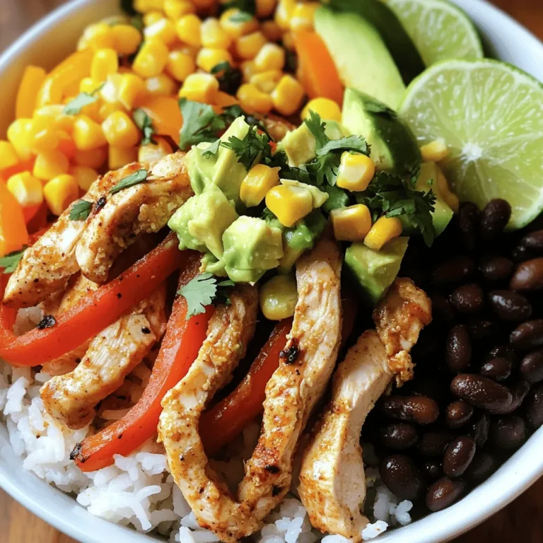 - 1 lb chicken breast, sliced into thin strips - 1 tablespoon olive oil - 1 teaspoon chili powder - 1 teaspoon cumin - 1 teaspoon garlic powder - 1 teaspoon paprika - Salt and pepper to taste - 1 red bell pepper, sliced - 1 green bell pepper, sliced - 1 yellow onion, sliced - 2 cups cooked rice (white, brown, or cauliflower rice for a healthier option) - 1 cup black beans, rinsed and drained - 1 avocado, diced - 1 cup corn (fresh or frozen) - Fresh cilantro, chopped, for garnish - Lime wedges for serving When I make this Easy Chicken Fajita Bowl, I always start with the fresh chicken. Chicken breast is lean and cooks nicely. The spices bring a lot of flavor. I love using chili powder, cumin, and paprika. They give the chicken a zesty kick. Using olive oil helps the spices stick to the chicken. Next, I sauté colorful vegetables. Red, green, and yellow bell peppers add crunch and sweetness. I also add onion for flavor. When I cook these veggies, they get soft but still keep some bite. This helps make each bite exciting. For the base, I use rice. It soaks up all the tasty juices. You can use white rice, brown rice, or even cauliflower rice. Each type adds a unique texture. I always make sure to have black beans for extra protein and fiber. They are a great addition to the bowl. Finally, I add fresh and creamy toppings. Diced avocado and corn give a sweet contrast to the spices. Fresh cilantro adds a burst of flavor. Lime wedges are a must. A squeeze of lime brightens the whole dish. - Variations on rice - Alternative proteins or toppings If you want to switch things up, try different rice. Quinoa or farro work great too. You can also swap the chicken for shrimp or tofu. Both options bring unique flavors to the dish. You can add other toppings like cheese, salsa, or sour cream. Each adds its own flair to the bowl. Play around with the ingredients to make it your own. The Easy Chicken Fajita Bowl is flexible and fun! For the full recipe, check out the main section. Marinating the chicken Start by taking 1 pound of chicken breast and slice it into thin strips. Place the chicken in a large bowl. Add 1 tablespoon of olive oil and sprinkle in 1 teaspoon each of chili powder, cumin, garlic powder, and paprika. Season with salt and pepper to taste. Mix well to coat the chicken evenly. Let it sit for about 15 minutes to soak up all the flavors. Preparing vegetables While the chicken marinates, wash and slice 1 red bell pepper, 1 green bell pepper, and 1 yellow onion. You want them in thin strips for even cooking. Set these aside for later. Cooking the chicken Heat a large skillet over medium-high heat. Add the marinated chicken to the skillet. Cook for about 5 to 7 minutes. Stir occasionally until the chicken is browned and fully cooked. Make sure it’s juicy and tender! Sautéing the vegetables Once the chicken is done, add the sliced bell peppers and onion to the skillet. Sauté the vegetables with the chicken for an additional 5 minutes. You want them to be tender yet still crisp. This adds great texture to your dish. Layering ingredients Grab your serving bowls. Start by layering 2 cups of cooked rice at the bottom. You can use white rice, brown rice, or even cauliflower rice for a lighter option. Next, add 1 cup of rinsed and drained black beans, followed by the sautéed chicken and vegetables. Top it off with 1 cup of corn and 1 diced avocado. Garnishing and serving Finally, garnish your bowl with freshly chopped cilantro. Serve it with lime wedges on the side. Just squeeze the lime over your bowl for a zesty kick. Enjoy your Easy Chicken Fajita Bowl! For the complete recipe, check the [Full Recipe]. To ensure tender chicken, start with thin strips. This helps them cook quickly and evenly. Marinating the chicken before cooking also makes it juicy. Use olive oil and spices, like chili powder and cumin, for flavor. When sautéing vegetables, keep the heat high. This helps them cook fast while staying crisp. Add the veggies once the chicken is done. Stir them for about five minutes. This timing keeps them bright and fresh. Creating an appealing bowl is all about layers. Start with rice at the bottom. Next, add black beans, then the chicken and veggies. Top it off with corn and diced avocado. Fresh cilantro adds a nice touch. For meal prep, store each ingredient separately. This keeps everything fresh. When ready to eat, layer them in a bowl. You can also add lime wedges on the side for extra flavor. {{image_2}} You can try different proteins for your chicken fajita bowl. Ground turkey or shrimp can be great swaps. If you prefer plant-based options, use tofu or tempeh. Each protein brings its own flavor and texture. For rice, you have choices too. You can use white or brown rice. Cauliflower rice is a fun, healthy swap. Quinoa also works well and adds a nice crunch. Each option changes the dish's feel and taste. To add spice or tang, consider adding jalapeños or hot sauce. A squeeze of lime juice can brighten the flavors. You can also mix in some chipotle or smoked paprika for a smoky kick. Incorporating seasonal vegetables can elevate your bowl. Try adding zucchini, corn, or even sweet potatoes. These add nutrition and flavor, making each bite fresh and exciting. To store your Easy Chicken Fajita Bowl, follow these tips. First, let the bowl cool to room temperature. Then, transfer the leftovers to an airtight container. This helps keep the flavors fresh. You can store the bowl in the fridge for up to three days. If you want to keep it longer, freeze it. The bowl can last for about three months in the freezer. Reheating the fajita bowl is easy. You can use a microwave or stovetop. If using a microwave, place the bowl in for about two minutes. Stir halfway to heat evenly. If you prefer the stovetop, heat a pan over medium heat. Add a splash of water to keep it moist, then heat for about five minutes. To avoid sogginess, don’t add too much liquid. If you have extra toppings like avocado, add them fresh after reheating. This keeps them crunchy and tasty. To make the Easy Chicken Fajita Bowl gluten-free, choose gluten-free rice and beans. Many spices are gluten-free, but check labels to be sure. Avoid sauces or toppings that may contain gluten. Using fresh ingredients helps, too. Yes, you can prepare many parts ahead of time. Cook the chicken and veggies, then store them in the fridge. You can also cook the rice in advance. Just reheat everything when you're ready to serve. You can use tofu, shrimp, or beef instead of chicken. For a vegetarian option, try chickpeas or black beans. Each choice adds its own flavor and texture, making the dish unique. To adjust spice, add more or less chili powder. For mild flavor, use less or skip it. You can also add jalapeños for heat. Remember, you can always add spice but can't take it away! To find the complete recipe, check out the Full Recipe section. It includes all the steps and tips to create this tasty meal. To wrap up, we covered the key ingredients for your Easy Chicken Fajita Bowl. You learned about the main components like chicken, spices, and fresh veggies. I shared step-by-step instructions on marinating, cooking, and assembling your dish for great taste. Don’t forget to explore variations and storage tips to keep your meals fresh. Each bowl can be a new adventure with simple swaps and flavor tweaks. Enjoy creating your perfect meal!