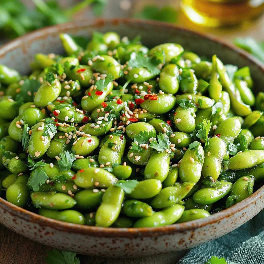 - 1 pound fresh edamame pods - 4 cloves garlic, minced - 2 tablespoons olive oil - 1 teaspoon red pepper flakes - 1 tablespoon soy sauce - 1 tablespoon sesame oil - 1 teaspoon lemon zest - Sea salt to taste - Fresh cilantro, chopped (for garnish) This recipe serves about four people. Each serving has approximately: - Calories: 180 - Protein: 15 grams - Carbohydrates: 10 grams - Fat: 10 grams Edamame is packed with health benefits. They are high in protein and fiber. They also contain antioxidants that help fight free radicals. Eating edamame can support heart health and aid in weight management. Plus, they are a great source of vitamins and minerals, including iron, magnesium, and folate. For the full recipe, check out the Spicy Garlic Edamame Delight above. Start by boiling the edamame pods. Fill a large pot with salted water and bring it to a boil. Once boiling, add the edamame pods. Cook them for 3-4 minutes. You want them tender but still firm. After cooking, drain the pods and set them aside. Next, we need to make the spicy mixture. In a large skillet, heat 2 tablespoons of olive oil over medium heat. Add 4 cloves of minced garlic and 1 teaspoon of red pepper flakes. Sauté these for about 1-2 minutes. You want the garlic to become fragrant, but be careful not to let it brown. After this, add 1 tablespoon of soy sauce and 1 tablespoon of sesame oil to the skillet. Mix everything well. Now it's time to combine the flavors. Toss the cooked edamame pods into the skillet. Stir them well to coat with the spicy mixture. Let everything cook together for another 2-3 minutes. This allows the bold flavors to meld. Finally, sprinkle in 1 teaspoon of lemon zest and a pinch of sea salt. Stir one last time to combine. Now your spicy garlic edamame is ready! Transfer it to a serving dish and enjoy this flavorful side dish. For the full recipe, refer to the earlier section. To make your spicy garlic edamame just right, you can adjust the spice level. If you want more heat, add more red pepper flakes. Start with one teaspoon and go from there. You can always add more, but you can't take it out! I often find that two teaspoons give a great kick without being overwhelming. For optimal cooking time, boil the edamame for 3 to 4 minutes. You want them tender but still firm. Overcooking will make them mushy. After boiling, drain them well. This step is key to keeping that perfect texture. When serving, use a large shallow bowl. This allows the edamame to spread out and look inviting. You can sprinkle sesame seeds on top for added crunch and a nice look. Fresh cilantro also adds color and flavor. For the ideal dish, choose something that shows off the vibrant green of the edamame. A simple white bowl works well. It makes the colors pop. You can also add a small dish for extra soy sauce on the side. This gives your guests a chance to customize their flavors. Try these tips to elevate your spicy garlic edamame. It’s a fun, flavorful side dish that impresses everyone. For the full recipe, check the earlier section! {{image_2}} You can easily switch up the flavor of your spicy garlic edamame. Try adding different spices like ginger for a warm kick or lime zest for brightness. Both options bring a fresh twist to the dish. - Ginger: Use about a teaspoon of freshly grated ginger. This adds a nice, spicy note. - Lime Zest: A teaspoon of lime zest adds a zesty sweetness that works well with garlic. For toppings, consider using sesame seeds or scallions. They both add texture and a burst of flavor. - Sesame Seeds: These give a nutty crunch. Toast them for extra flavor. - Scallions: Sliced scallions add a mild onion taste and a pop of color. Spicy garlic edamame pairs well with many dishes. You can serve it as an appetizer before a meal or as a side dish. - Appetizers: Serve it with sushi or spring rolls for a complete experience. - Main Courses: It works great with grilled chicken, fish, or even tofu dishes. Incorporate it as a side dish in Asian or fusion cuisines. Its bold flavors can balance milder dishes, making your meal exciting and delicious. For the full recipe, check out the Spicy Garlic Edamame Delight. Enjoy experimenting with flavors! To keep your spicy garlic edamame fresh, store it in an airtight container. Allow the dish to cool to room temperature first. Once cooled, seal it tightly and place it in the fridge. This method keeps the flavors intact and prevents drying out. Your leftovers will stay fresh for up to three days. When you’re ready to enjoy them again, simply reheat the edamame in a skillet over medium heat. Add a splash of water to create steam, which helps keep them tender. Stir occasionally for even heating, and you’ll have a delicious side dish ready in no time. Freezing cooked edamame is easy if you want to save leftovers for later. Start by letting the edamame cool completely. Next, spread the pods in a single layer on a baking sheet. This step helps prevent sticking. Freeze them for about two hours until solid. Then, transfer the pods to a freezer-safe bag or container, and label it with the date. To use frozen edamame, simply pour them into boiling water for a few minutes or toss them in a skillet with your favorite sauce. They will taste fresh and flavorful, just like when you first made the dish. Enjoy your spicy garlic edamame whenever the craving hits! For the full recipe, check out the section above. What is the best way to cook edamame? The best way to cook edamame is to boil it. Start with a large pot of salted water. Bring it to a boil, then add the edamame pods. Cook them for about 3-4 minutes until they are tender yet firm. Drain them and set them aside. This keeps the flavor bright and fresh. Can I make this recipe ahead of time? Yes, you can make this recipe ahead of time. Cook the edamame and prepare the spicy garlic mixture. Store them separately in the fridge for up to two days. When ready to serve, simply reheat them in a skillet to warm through. Is this recipe gluten-free? Yes, this recipe is gluten-free if you use gluten-free soy sauce. Many brands offer gluten-free options that taste great. Just check the label to be sure. Can I use frozen edamame instead of fresh? Absolutely! You can use frozen edamame. Just add them directly to boiling water without thawing them first. Cook for about 5-6 minutes until they are tender. How many servings does this recipe yield? This recipe yields about 4 servings. Each serving is a perfect side dish or snack. It pairs well with many meals. What are the nutritional benefits of eating edamame? Edamame is full of protein, fiber, and vitamins. It helps with muscle growth and digestion. Plus, it contains antioxidants that promote overall health. Eating edamame can be a great addition to a balanced diet. This blog post covers the recipe for spicy garlic edamame. We detailed the ingredients, cooking steps, and storage tips. Edamame is not only tasty but also packed with nutrients. Adjust the spice to fit your taste and try different flavors for fun. Remember, you can store leftover edamame for later use. Enjoy making this dish as a snack or a side. With simple steps, you can impress your family and friends. Happy cooking!