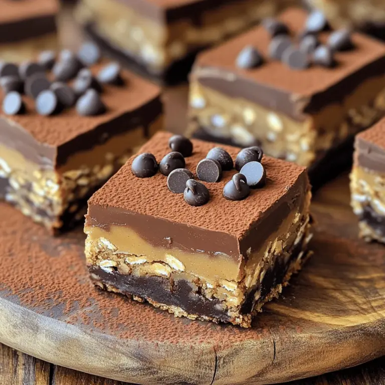 To make these no bake peanut butter bars, you will need: - 1 cup natural peanut butter - 1 cup rolled oats - 1/2 cup honey or maple syrup - 1/2 cup unsweetened cocoa powder - 1/2 cup chocolate chips (semisweet) - 1/4 cup ground flaxseed (optional) - 1 teaspoon vanilla extract - Pinch of salt You can swap some ingredients for your taste. Try almond butter instead of peanut butter. If you want a vegan option, use maple syrup only. For a gluten-free choice, make sure to use gluten-free oats. You can also use different chocolate chips, like dark chocolate or white chocolate. If you want crunch, add chopped nuts or seeds. Using high-quality ingredients makes a big difference. Natural peanut butter has a rich flavor and no added sugar. Good oats will give a nice texture. Fresh cocoa powder adds deep chocolate taste. When you choose quality ingredients, your bars taste better. This helps create a treat that everyone will love. To make these no bake peanut butter bars, start with a medium bowl. Add 1 cup of natural peanut butter and 1/2 cup of honey or maple syrup. Mix them well until you have a smooth and creamy blend. Next, stir in 1 teaspoon of vanilla extract and a pinch of salt. This will add flavor to your bars. In another bowl, combine 1 cup of rolled oats and 1/2 cup of unsweetened cocoa powder. If you want extra nutrition, add 1/4 cup of ground flaxseed. Mix these dry ingredients until they are well blended. Then, fold this mixture into your peanut butter mixture. Finally, add 1/2 cup of chocolate chips. Make sure all the dry ingredients are coated well. When mixing, use a spatula to avoid lumps. This helps blend everything evenly. Don't rush; take your time to combine the mixtures well. If the mix feels too dry, add a bit more honey or peanut butter. You can adjust the sweetness by adding more honey or maple syrup. This way, you can make the bars just how you like them. Line an 8x8 inch baking pan with parchment paper. Leave some paper hanging over the edges. This makes it easy to lift out the bars later. Press the mixture firmly into the pan. Make sure it’s even and compacted well. This step is key for bars that hold together when you cut them. Chill the pan in the fridge for at least 2 hours. This helps the bars to set up nicely. After that, lift the bars out by the parchment. Cut them into squares or rectangles. Enjoy your homemade no bake peanut butter bars! You can find the Full Recipe for more details. To keep your no bake peanut butter bars fresh, store them in an airtight container. This helps to maintain their texture and flavor. Place a piece of parchment paper between layers to prevent sticking. You can keep them in the fridge for up to two weeks. If you want them to last longer, freeze them for up to three months. Just make sure to wrap them well to avoid freezer burn. These bars are great on their own, but you can make them even better. Try serving them with fresh fruit like banana or berries. You can also pair them with yogurt for a tasty breakfast. For a fun treat, drizzle some melted chocolate on top just before serving. This adds extra flavor and makes them look fancy. One common mistake is not pressing the mixture firmly into the pan. If it’s loose, the bars will not hold together well. Another mistake is not chilling them long enough. If you cut them too soon, they might crumble. Lastly, be careful not to skip the salt. It enhances the flavors and makes the bars more delicious. Following these tips will help you make the best no bake peanut butter bars! {{image_2}} You can swap honey or maple syrup for other sweeteners. Try agave nectar or coconut sugar. Each option gives a new twist to the flavor. Just keep the amount the same. If you want less sugar, use ripe bananas or unsweetened applesauce. These will change the texture, so adjust as needed. Mix-ins make your bars more fun. You can add nuts, seeds, or dried fruit. Chopped almonds or walnuts add crunch and flavor. Try mini marshmallows for a sweet touch. For toppings, consider drizzling melted chocolate or sprinkling sea salt. You can also layer them with yogurt for extra creaminess. Each mix-in adds a new taste. These bars can fit many diets. To make them vegan, use maple syrup instead of honey. Check your chocolate chips to ensure they are dairy-free. For a gluten-free option, make sure your oats are labeled gluten-free. This keeps everyone happy while enjoying a tasty treat. You can adjust any ingredients to fit your needs. To keep your no bake peanut butter bars fresh, store them in the fridge. Use an airtight container to avoid moisture. You can also wrap each bar in plastic wrap. This way, they stay tasty and easy to grab. If you want to save some bars for later, freezing works great. Cut the bars into squares before freezing. Place them in a freezer-safe container. Layer parchment paper between the bars to prevent sticking. They will stay fresh for up to three months in the freezer. These bars can last about a week in the fridge. Check for changes in color or texture. If you see any mold or notice an off smell, it's best to toss them. Always trust your senses when it comes to food safety. No Bake Peanut Butter Bars can last up to a week in the fridge. Store them in an airtight container. If you want them to last longer, you can freeze them. They can stay fresh in the freezer for about three months. Just remember to wrap them well to avoid freezer burn. Yes, you can use crunchy peanut butter! It adds a nice texture and a bit of crunch to the bars. If you love that nutty bite, go for it. Just keep in mind that it may change the smoothness of the final product. Absolutely! These bars are great for kids. They are fun to eat and packed with nutrients. The natural peanut butter and oats provide energy. Plus, they taste delicious, making them a perfect snack for young ones. To make the bars more chocolatey, you can add extra cocoa powder or chocolate chips. Try adding a tablespoon of cocoa powder to the mix. You can also sprinkle chocolate chips on top before chilling. This will give you a rich chocolate flavor. You can find the Full Recipe for these No Bake Peanut Butter Bars here. It includes all the ingredients and steps you need to create this tasty treat. Enjoy making your own delicious batch! In this article, we explored the essential ingredients for no-bake peanut butter bars. We discussed possible substitutions and the importance of ingredient quality. You learned step-by-step instructions, tips for mixing, and how to layer evenly. I shared storage suggestions, serving ideas, and common mistakes to avoid. We also covered variations, freezing tips, and answers to your FAQs. Remember, using quality ingredients makes a big difference. Enjoy your bars and feel free to experiment!