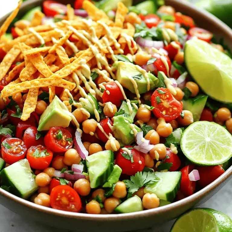 - Main Components: - 1 can (15 oz) chickpeas, drained and rinsed - 1 red bell pepper, diced - 1 cucumber, diced - 1 cup cherry tomatoes, halved - 1 avocado, diced - 1 red onion, finely chopped - 1 jalapeño, minced (optional for extra spice) - 1/4 cup fresh cilantro, chopped - Dressing ingredients: - 2 tablespoons olive oil - 2 tablespoons lime juice - 1 teaspoon chili powder - Salt and pepper to taste - Crunchy topping: - 1/2 cup crispy tortilla strips The main components of this salad are chickpeas, fresh veggies, and tasty spices. Each ingredient adds a unique flavor and texture. The chickpeas provide protein, making this salad filling and nutritious. The colorful veggies bring freshness to every bite. For those who love heat, adding a jalapeño gives an extra kick. Feel free to adjust the amount based on your spice level. The dressing combines olive oil and lime juice, which adds brightness. Chili powder gives a warm flavor, while salt and pepper balance everything. Finally, crispy tortilla strips offer a delightful crunch. They make each bite exciting and fun. You can find the full recipe easily to guide you through the steps. This salad is perfect for a quick meal or a side dish. Enjoy your vibrant creation! First, open your can of chickpeas. Drain and rinse them well under cold water. This step helps remove excess sodium and improves taste. Next, grab a cutting board and chop your vegetables. Dice the red bell pepper and cucumber into small pieces. Halve the cherry tomatoes and finely chop the red onion. If you like heat, mince the jalapeño too. Place all these fresh veggies in a large bowl with the chickpeas. Now, let’s make the dressing. In a small bowl, whisk together two tablespoons of olive oil with two tablespoons of lime juice. Add one teaspoon of chili powder, salt, and black pepper. Whisk until it’s smooth and well combined. This dressing adds a zesty kick to your salad. Pour the dressing over the chickpeas and vegetables in the large bowl. Gently toss everything together. Be careful not to mash the avocado when you add it later. Just before serving, sprinkle crispy tortilla strips on top for a nice crunch. If needed, taste your salad and adjust the seasoning. You can add more lime juice, salt, or pepper as you like. Enjoy this vibrant dish! You can find the Full Recipe for a complete guide. To achieve the perfect crunch with tortilla strips, use fresh strips. Buy them from the store or make your own. If you make them, fry or bake them until golden. You want them crispy, not soggy. Add them just before serving. This keeps them nice and crunchy. To prevent avocado from mashing, be gentle when mixing. Cut the avocado into large chunks. Add it last to the salad. When mixing, use a light hand. This way, you keep the beautiful pieces intact. For extra flavor, try adding spices like cumin or smoked paprika. Fresh herbs, like parsley or mint, can also brighten the salad. They add a fresh twist that many love. For a balanced meal, pair this salad with grilled chicken or shrimp. You can also serve it with whole grain pita or quinoa. This adds protein and makes it more filling. Explore these options to find what you enjoy most. Check out the Full Recipe for detailed steps to make this delicious salad! {{image_2}} You can easily swap chickpeas for other legumes. Black beans work well in this salad. They add a different flavor and texture. Lentils are another great option. They pack protein and are very healthy. Seasonal vegetables can elevate your salad. Try using corn in summer or roasted butternut squash in fall. You can also add kale or spinach for extra greens. Each swap brings a new taste and keeps your salad fresh. For a creamy twist, make an avocado dressing. Blend ripe avocado with lime juice, garlic, and a pinch of salt. This dressing is rich and adds a nice creaminess to the salad. You can also change the citrus juice. Instead of lime, use lemon or orange juice. Each adds a unique flavor. You can even mix juices for a fun twist. Experimenting with dressings makes your salad special every time. Feel free to explore these variations from the Full Recipe for a tasty adventure! To keep your Spicy Chickpea Crunch Salad fresh, start by using a sealed container. This keeps air out and helps the salad stay crisp. Store your salad in the fridge for up to three days. The key is to keep the crispy tortilla strips separate. If you mix them in, they may get soggy. Instead, add them right before serving. This way, you keep that perfect crunch! You might not need to reheat this salad, as it tastes best cold. If you prefer it warm, microwave it for just 30 seconds. Stir it gently to mix the heat evenly. Be careful not to overcook it. Warm salad can lose its fresh taste and texture. Enjoy your salad as a quick meal or snack, and keep it vibrant and tasty! Can I make this salad ahead of time? Yes, you can make this salad ahead of time. Just prepare the salad without adding the crispy tortilla strips. Store it in a sealed container in the fridge. Add the strips right before serving to keep them crunchy. Is this salad vegan-friendly? Yes, this salad is vegan-friendly. It uses only plant-based ingredients, making it a tasty choice for vegans. How can I make it spicier? You can make this salad spicier by adding minced jalapeños. You can also use more chili powder or even a dash of hot sauce. Adjust the heat to fit your taste. What are the health benefits of chickpeas? Chickpeas are full of protein and fiber. They help you feel full and provide energy. They also have vitamins and minerals, like iron and magnesium, which are great for your body. How does this salad fit into a balanced diet? This salad is balanced and nutritious. It has protein from chickpeas, healthy fats from avocado, and lots of vitamins from fresh veggies. It makes a great meal on its own or as a side dish. You can find the full recipe [here](#). This salad blends chickpeas, fresh veggies, and vibrant spices. You learned to prep the ingredients and mix a zesty dressing to enhance flavors. I shared tips for crunch and storage, plus fun variations to try. Making this dish offers flexibility and unique tastes. I encourage you to experiment with your choice of legumes and dressings. Enjoy creating a salad that suits your taste and keeps you healthy!