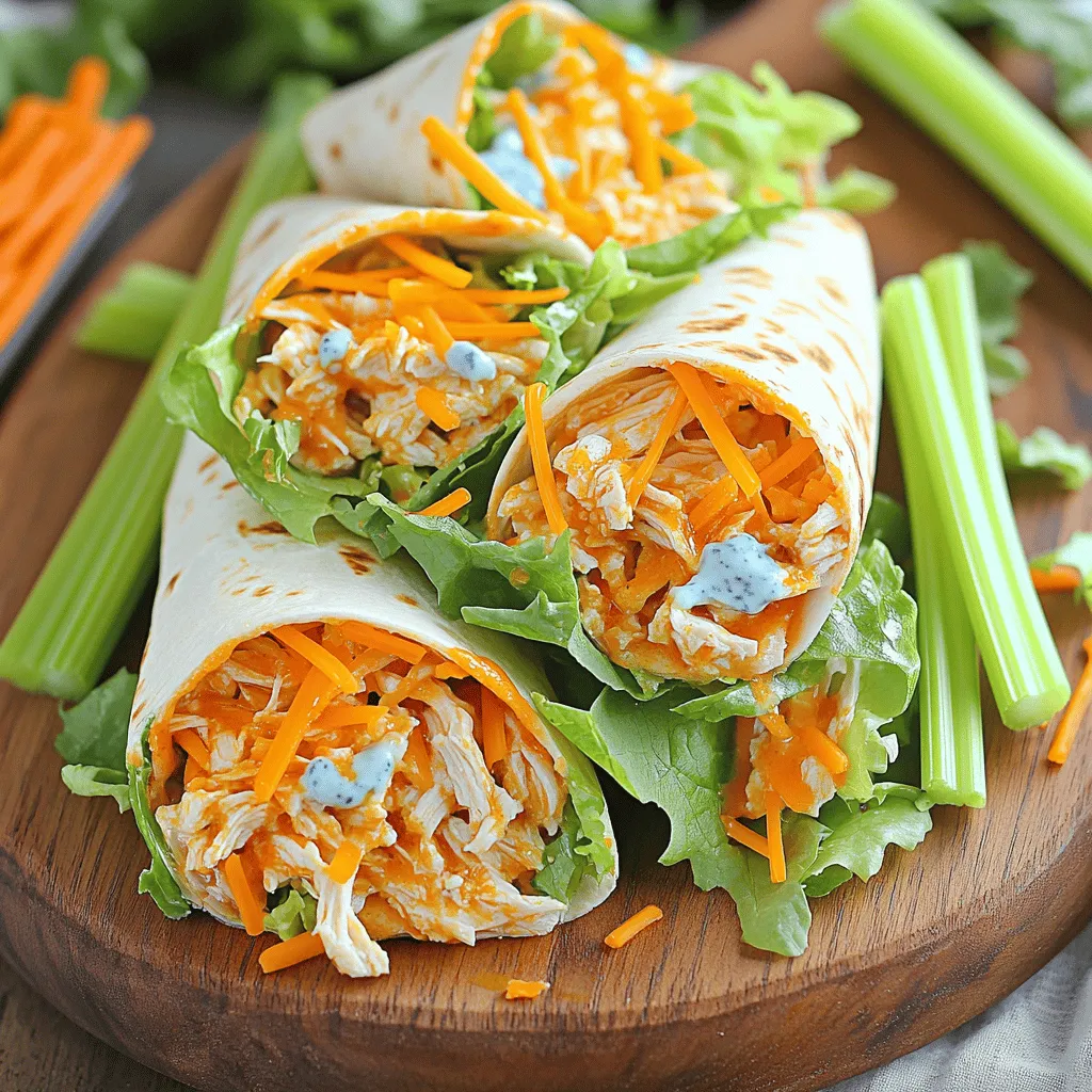 To make a great buffalo chicken wrap, you need just the right ingredients. Here’s what you will need: - 2 cups cooked chicken, shredded - 1/4 cup buffalo sauce (adjust to your spice level) - 4 large flour tortillas - 1 cup romaine lettuce, chopped - 1/2 cup carrots, grated - 1/2 cup celery, diced - 1/2 cup blue cheese dressing - 1/4 cup shredded cheddar cheese - Salt and pepper to taste These main ingredients create a tasty base for your wraps. The shredded chicken packs protein, while the buffalo sauce gives it that classic spicy kick. The veggies add crunch and flavor, making each bite satisfying. You can easily customize your buffalo chicken wraps. Here are some optional ingredients to consider: - Avocado slices for creaminess - Red onion for a sharp bite - Cilantro for a fresh taste - Jalapeños for extra heat Feel free to mix and match these options to suit your taste. Adding different ingredients can create a new twist each time you make them. Adjusting the spice level is simple. If you love heat, use more buffalo sauce. For a milder flavor, use less. You can also mix in some ranch dressing to cool it down. Experiment with other hot sauces to find your perfect balance. For the full recipe, check out the [Full Recipe]. Each adjustment helps you make these wraps just right for your taste buds. To start, combine the shredded chicken and buffalo sauce in a large bowl. Mix well until the chicken is fully coated. You can adjust the sauce based on how spicy you like it. If you prefer mild, use less sauce. For a stronger kick, add more. This mix is the heart of the wrap, so take your time to get it right. Now, lay a flour tortilla flat on your counter. Spoon about 1/2 cup of the buffalo chicken mixture onto the center. Next, add a handful of chopped romaine lettuce for crunch. Sprinkle on some grated carrots and diced celery. These veggies add freshness and texture. Drizzle 1-2 tablespoons of blue cheese dressing over the top, then add shredded cheddar cheese. To finish, season with a pinch of salt and pepper. Gently fold in the sides of the tortilla, then roll it from the bottom up. This way, you keep all the goodies inside. Repeat this process with the remaining tortillas and filling. For a crispy wrap, heat a skillet over medium heat. Place the assembled wrap in the skillet for 2-3 minutes on each side. Cook until it turns golden brown and a bit crispy. This adds a nice texture and warms everything through. You can also use a grill or panini press for a similar effect. Enjoy your Buffalo Chicken Wraps! For a full recipe, refer to the earlier section. To stop your tortillas from tearing, warm them first. Heat them in a pan for a few seconds on each side. This makes them soft and easy to fold. You can also wrap them in a damp paper towel. Microwave them for about 15 seconds. This method works wonders! To get balanced flavors, mix the buffalo sauce well with your chicken. Taste as you go. If it's too spicy, add more chicken or some ranch dressing. Adding fresh veggies helps too. Lettuce, carrots, and celery add crunch and coolness. This balance makes each bite a delight. When meal prepping, keep components separate until you are ready to eat. Store the chicken mixture in one container. Place tortillas and veggies in another. This keeps everything fresh and prevents sogginess. You can assemble your wraps in just a few minutes. For the best taste, use the Full Recipe as your guide! {{image_2}} If you want a veggie twist, try using roasted cauliflower. It gives a nice texture. You can also use chickpeas for a protein boost. Just mix them with buffalo sauce like you would with chicken. Add in some grilled veggies for extra flavor. Spinach or kale can replace romaine lettuce. These greens add nutrients and taste. Buffalo wraps can fit many proteins. If you prefer turkey, it works great. Shredded beef also gives a robust flavor. For seafood lovers, shrimp tossed in buffalo sauce is a hit. Each protein brings its own taste and texture. You can even mix proteins for a fun combination. Adjusting flavors is easy. Want more heat? Add jalapeños or hot sauce. If you like it milder, use ranch dressing instead of blue cheese. You can also sweeten it with honey for a unique twist. Try adding fresh herbs like cilantro or parsley for a fresh kick. Each small change can make your wrap a new delight. For the full recipe, check out the section above. To keep your leftover Buffalo Chicken Wraps fresh, wrap them tightly in plastic wrap. You can also place them in an airtight container. Store them in the fridge for up to three days. This method helps maintain their flavor and texture. You can freeze these wraps for later. After you make them, let them cool completely. Wrap each one in plastic wrap and then foil. Place them in a freezer bag. They will stay good for up to three months. When you’re ready to eat, just thaw them in the fridge overnight. To reheat your wraps, use an oven or skillet. If using an oven, preheat to 350°F. Place the wraps on a baking sheet for about 10-15 minutes. If using a skillet, heat over medium. Cook for 3-4 minutes on each side until warm. This keeps them crispy and tasty. For the Full Recipe, check the earlier section! To make Buffalo Chicken Wraps healthier, start by using grilled chicken instead of fried. You can swap regular flour tortillas for whole wheat or corn tortillas. This adds fiber and nutrients. Use low-fat blue cheese dressing or Greek yogurt instead of regular dressing. You can also add more veggies, like spinach or bell peppers, for extra crunch and nutrition. These changes keep the wraps tasty but cut down on calories. The best dipping sauces for Buffalo Chicken Wraps include blue cheese dressing and ranch dressing. Both pair well with the spicy chicken. You can also try a spicy honey sauce for a sweet twist. Other great options are salsa or guacamole for added flavor. Each sauce brings a different taste that can enhance your wrap experience. Yes, you can prepare Buffalo Chicken Wraps ahead of time. Make the chicken mixture and chop the veggies earlier in the day. Store them separately in the fridge. When you are ready to eat, assemble the wraps quickly. This keeps the tortillas fresh and avoids sogginess. If you want to make them even earlier, you can wrap them in plastic and freeze them. Just thaw in the fridge before serving. You’ll enjoy a quick meal with all the flavor of the Full Recipe! Buffalo chicken wraps are simple and tasty. You learned about key ingredients, cooking steps, and tips for great wraps. We explored fun variations and how to store leftovers. You can customize spice levels and add your favorite extras. In the end, these wraps can fit any diet or taste. Enjoy making them your own. With these tips, your wraps will always impress. Get creative in the kitchen and have fun!