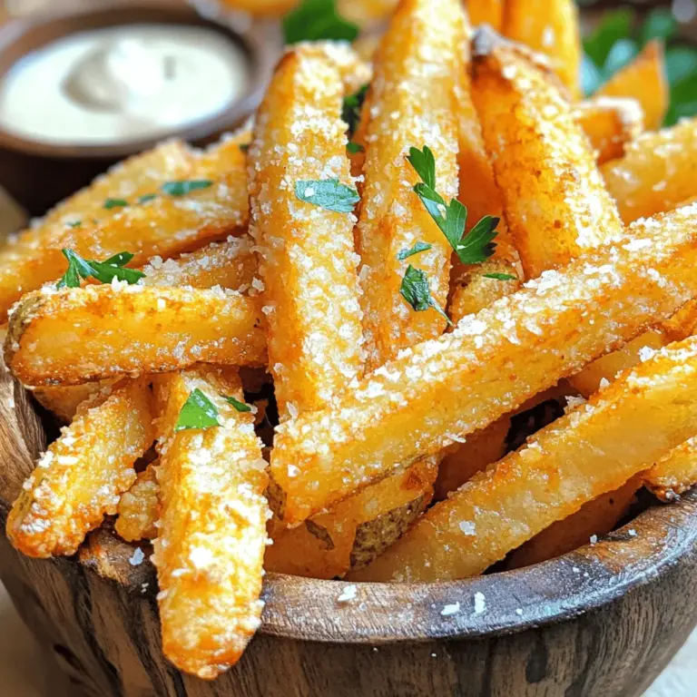 To make Crispy Baked Parmesan Fries, you need the following items: - 4 large russet potatoes - 1/4 cup olive oil - 1/2 cup grated Parmesan cheese - 1 teaspoon garlic powder - 1 teaspoon onion powder - 1 teaspoon smoked paprika - Salt and pepper to taste - Fresh parsley, chopped (for garnish) These basic ingredients create a great flavor base. The olive oil helps the fries crisp up nicely in the oven. Parmesan cheese adds a rich, nutty taste that makes them irresistible. If you want to take your fries up a notch, consider these optional ingredients: - Fresh herbs (like rosemary or thyme) - Chili powder for a spicy kick - Lemon zest for a bright touch Adding these spices can change the flavor profile and make your fries unique. You can mix and match based on your taste. If you have dietary restrictions, there are easy swaps you can make: - Use avocado oil instead of olive oil for a different flavor. - Nutritional yeast can replace Parmesan for a dairy-free option. - For gluten-free needs, ensure your spices are free from gluten. These substitutions keep the dish tasty while fitting your diet. Cooking should always be fun and flexible! To start, gather your ingredients. You need russet potatoes, olive oil, Parmesan cheese, and spices. First, wash and peel the potatoes. Cut them into thin strips, about 1/4 inch thick. This size helps them cook evenly. Next, soak the potato strips in cold water for at least 30 minutes. Soaking removes excess starch, making the fries crispier. After soaking, drain the potatoes and pat them dry with a towel. This step is key for achieving that perfect crunch. In a large bowl, mix the oil with the dry potato strips. Make sure each piece is well coated. In another bowl, combine the grated Parmesan, garlic powder, onion powder, smoked paprika, salt, and pepper. Sprinkle this mixture over the oiled fries, tossing until every fry is covered. This blend of spices adds a delicious flavor. Now it’s time to bake your fries. Preheat your oven to 425°F (220°C). Line a baking sheet with parchment paper for easy cleaning. Spread the potato strips in a single layer on the baking sheet. Make sure they do not touch each other. This helps them crisp up nicely. Bake the fries for 25-30 minutes. Halfway through, flip them over to ensure even cooking. Keep an eye on them during the last few minutes. You want them golden brown and crispy. When the fries are done baking, take them out of the oven. Let them cool for a few minutes. This wait will help them set and stay crisp. For a touch of color, garnish the fries with freshly chopped parsley. It adds a nice pop and makes the dish look beautiful. You can serve them in a rustic bowl or a paper-lined basket. Pair them with your favorite dipping sauce on the side. Enjoy your crispy baked Parmesan fries with a smile! For the full recipe, check out the detailed instructions above. To get crispy fries, start with the right potatoes. I love using russet potatoes. They have a high starch content, which helps achieve that perfect crunch. Soaking the cut fries in cold water for 30 minutes is key. This draws out excess starch. After soaking, dry the fries well. Moisture can ruin crispiness. Then, toss them in olive oil. This helps create that golden brown crust. Use fresh, high-quality Parmesan cheese. It adds great flavor and a nice crunch. Mix Parmesan with garlic powder, onion powder, and smoked paprika for depth. Toss the fries well in this mixture. Make sure every fry gets coated evenly. Season with salt and pepper to taste. Remember, seasoning is crucial for flavor. A common mistake is overcrowding the baking sheet. Fries need space to crisp up. If they overlap, they will steam instead of bake. Also, don’t skip flipping them halfway. This ensures even cooking and browning. Finally, avoid opening the oven too often. Each time you open it, heat escapes, slowing down the cooking process. Enjoy your crispy baked Parmesan fries while they're hot! For the complete recipe, check out the full recipe above. {{image_2}} You can swap out Parmesan for other cheeses. Try aged cheddar for a sharp taste. Gruyère melts well and adds a nutty flavor. For a tangy twist, use feta. Each cheese brings its own charm to your fries. Mix and match to find your favorite! Experiment with different spice blends for new flavors. Add Italian seasoning for a herby kick. Try Cajun spice for a bold, zesty taste. You can even use curry powder for a warm, earthy flavor. Each blend can change your fries from simple to spectacular! If you want a healthier option, use an air fryer. Cut the potatoes and soak them the same way. Toss them in olive oil and seasonings. Place them in the air fryer in a single layer. Cook at 400°F for about 15-20 minutes. You’ll get crispy fries with less oil! To store leftover fries, wait until they cool. Place them in an airtight container. Keep them in the fridge for up to three days. Avoid stacking them too high to keep them from getting soggy. To reheat your fries, use an oven or an air fryer. Preheat the oven to 400°F (200°C). Spread the fries on a baking sheet. Bake for about 10-15 minutes, flipping halfway through. This helps them regain their crispiness. If using an air fryer, set it to 375°F (190°C) and heat for 5-7 minutes. You can freeze fries for later use. After cooling, place them in a freezer-safe bag. Remove as much air as possible before sealing. They can stay fresh for up to two months. To thaw, move them to the fridge overnight before reheating. You can also bake them straight from the freezer, but they may need extra time to cook. For the full recipe, check out the Crispy Baked Parmesan Fries section above! You should soak the potatoes for at least 30 minutes. This step helps remove excess starch. Less starch means your fries will be crispier when baked. If you have more time, soaking for an hour can be even better! Yes, you can easily make these fries gluten-free! Both the olive oil and the Parmesan cheese are gluten-free. Just make sure to check the labels on your cheese to ensure no gluten is present. Enjoy your tasty fries worry-free! So many sauces work great! You can try classic ketchup or creamy ranch. A spicy aioli or garlic mayo adds a fun twist. If you love heat, go for a sriracha mayo. Each sauce brings out different flavors in the fries. To make your fries extra cheesy, add more grated Parmesan cheese! After baking, sprinkle more cheese on top and return them to the oven for a minute. You can also mix in other cheeses like cheddar or mozzarella for a different taste. For the full recipe, check out the Crispy Baked Parmesan Fries section. Crispy baked Parmesan fries are easy and fun to make. We covered key ingredients, optional flavors, and common substitutions. Each step, from soaking to baking, helps achieve perfect crispiness. Avoid common mistakes for the best results and try different cheese or spice blends for fun twists. Store leftovers properly to keep their crunch. These fries can impress at any meal. So grab your ingredients and start cooking!