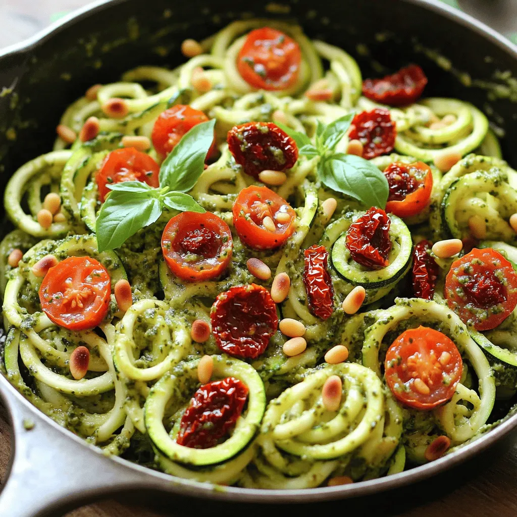 To make the Sun-Dried Tomato Pesto Zoodle Skillet, gather these ingredients: - 4 medium zucchinis, spiralized into zoodles - 1 cup sun-dried tomatoes in oil, drained and chopped - 1 cup fresh basil leaves - 1/2 cup pine nuts (toasted) - 1/2 cup grated Parmesan cheese (or nutritional yeast for a vegan option) - 3 cloves garlic, minced - 1/3 cup extra virgin olive oil - Salt and pepper, to taste - 1/4 teaspoon red pepper flakes (optional, for a bit of heat) - Fresh basil leaves for garnish - Cherry tomatoes, halved (for added freshness, optional) When using zucchinis, pick ones that are firm and smooth. Spiralizing them is fun, and you can use a spiralizer or a julienne peeler. Make sure to drain the sun-dried tomatoes well. This helps avoid excess oil in your dish. Toasting the pine nuts adds rich flavor. Do this in a dry skillet on low heat for a few minutes. Keep stirring to prevent burning. For the cheese, grated Parmesan gives a nice salty bite. If you're vegan, use nutritional yeast instead for a cheesy taste. If you have specific dietary needs, there are easy swaps. For gluten-free options, this dish is naturally gluten-free. If you want it vegan, just replace Parmesan with nutritional yeast. You can also use cashews instead of pine nuts. They provide a creamy texture when blended. If you prefer a nut-free version, just omit the nuts. You can add more cheese or seeds for texture. Enjoy playing with these ideas to suit your taste! To make the pesto, grab your food processor. First, add the chopped sun-dried tomatoes, fresh basil, pine nuts, Parmesan cheese, minced garlic, and red pepper flakes. Pulse the mixture until it is finely chopped. This should take just a minute or two. Next, with the processor running, drizzle in the olive oil slowly. This helps create a smooth and creamy texture. If needed, stop and scrape down the sides with a spatula. Taste your pesto and season it with salt and pepper. Adjust it to your liking. Now it’s time to cook the zoodles. Heat a large skillet over medium heat. Add the spiralized zucchini to the skillet. Sauté them for about 2-3 minutes. You want them slightly tender but still crunchy. Overcooking can turn them mushy, which we want to avoid. Keep an eye on them and stir gently to cook evenly. Once the zoodles are ready, lower the heat. Add your freshly made pesto to the skillet. Toss the zoodles gently to coat them in the sun-dried tomato pesto. If the mixture feels too thick, add a splash of the oil from the sun-dried tomatoes. This will help loosen it up. After everything is well combined, serve it up! Transfer the zoodle mixture to your plates. Garnish with extra fresh basil leaves and halved cherry tomatoes. This adds a nice touch of color and freshness. For the full recipe, check out the Sun-Dried Tomato Pesto Zoodle Skillet recipe above. To make zoodles, you need firm zucchinis. Choose ones that are straight and smooth. Rinse them under cold water. Cut off both ends. Use a spiralizer, a mandoline, or a veggie peeler to create zoodles. Twist the zucchini as you spiralize for even noodles. Aim for thin strands for a tender texture. If you find them too watery, sprinkle a bit of salt and let them sit for a few minutes. This draws out excess moisture. Pat them dry with a paper towel before cooking. Feel free to add different herbs to your pesto. Try parsley or cilantro for a fresh twist. For some zing, add lemon juice or zest. You can also swap the pine nuts with walnuts or cashews. Mixing in spinach or arugula can boost the nutrition. If you love heat, toss in more red pepper flakes. For a creamier texture, mix in more cheese or a splash of cream. Each change can give your dish a new flavor, keeping it exciting. Presentation matters! Use a large white plate to show off your dish. Twirl the zoodles into a nest shape in the center of the plate. Drizzle extra pesto over the top for color. Garnish with fresh basil leaves and halved cherry tomatoes for a pop of brightness. You can also sprinkle more cheese on top. For added crunch, serve with toasted bread or crackers on the side. This will make your meal look gourmet and inviting. Enjoy your Sun-Dried Tomato Pesto Zoodle Skillet with style! {{image_2}} If you want a vegan version of this dish, it’s easy! Swap out the Parmesan cheese for nutritional yeast. This gives a nice cheesy flavor without using dairy. Also, check the sun-dried tomatoes. Make sure they are not packed in cheese or any other animal product. These simple changes keep the dish plant-based while still tasting great. Want to add some protein? You have many choices! Chickpeas are a great option. Just toss in a can of drained chickpeas while cooking the zoodles. They add texture and a nutty flavor. You can also use grilled chicken or shrimp if you prefer meat. Just cook them first, then mix them in with the zoodles and pesto for a hearty meal. Looking to spice things up? You can easily add extra ingredients. Try adding a squeeze of lemon juice for freshness. It brightens the dish and adds a nice zing. For a richer flavor, add olives or capers. They bring a salty kick that pairs well with the pesto. Want some crunch? Toss in some chopped bell peppers or spinach before mixing everything together. This gives you more color and nutrients in your meal. For the full recipe, check out Sun-Dried Tomato Pesto Zoodle Skillet. Store your Sun-Dried Tomato Pesto Zoodle Skillet in an airtight container. This keeps it fresh longer. Make sure to let it cool first before sealing. It is best to use it within three days. If you notice any signs of spoilage, toss it out. To reheat, use a skillet over low heat. Add a splash of olive oil to keep it moist. Stir gently until warmed through, about 3-5 minutes. You can also use a microwave. Heat in short bursts of 30 seconds, stirring in between. Check often to avoid overcooking. You can freeze the zoodle skillet, but it’s best to freeze the pesto and zoodles separately. The zoodles may become mushy when thawed. For freezing, use a freezer-safe container. The pesto can last up to three months in the freezer. When ready to use, thaw in the fridge overnight before reheating. For the complete recipe, check out the Full Recipe section. Zoodles are noodles made from zucchini. They are low in carbs and gluten-free. To make zoodles, you need a spiralizer. Just take a medium zucchini and twist it into the spiralizer. In seconds, you have long, thin noodles. You can also use a vegetable peeler to create wide strips if you prefer. Zoodles are fun and easy to cook. Just sauté them lightly for 2-3 minutes. You want them crunchy, not mushy. Yes, you can use store-bought pesto. It saves time and still tastes great. However, making your own pesto adds fresh flavors. The recipe for this dish uses sun-dried tomatoes and fresh basil. This mix creates a unique taste that store-bought pesto may lack. If you go with store-bought, choose one that is made with quality ingredients. Look for options without added sugars or preservatives. Leftovers from your Sun-Dried Tomato Pesto Zoodle Skillet last about 3 days in the fridge. Store them in an airtight container to keep them fresh. When you are ready to eat them, just reheat gently in a skillet. Add a splash of olive oil to bring back some moisture. Enjoy the flavors again without waste! For the full recipe, check the earlier sections. In this post, I covered how to make a tasty dish using zoodles and pesto. We looked at key ingredients, cooking steps, and useful tips. I shared ways to customize your meal for different diets and tastes. I also included storage methods to keep leftovers fresh. Remember, cooking is fun and creative! Enjoy your zoodle dish, and don't be afraid to try new flavors!
