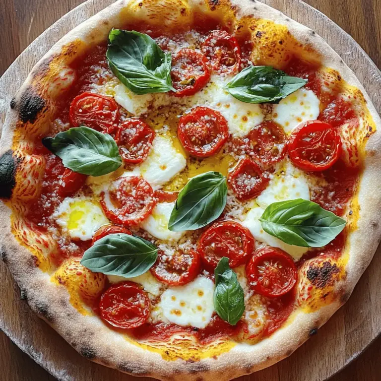 To create your Margherita pizza, you need fresh and quality ingredients. Here’s a detailed list to help you gather everything you need: - 2 cups all-purpose flour - 1 teaspoon instant yeast - 1 teaspoon salt - ¾ cup warm water (about 110°F) - 1 tablespoon olive oil - 1 cup fresh mozzarella cheese, sliced - 1 cup crushed tomatoes (San Marzano if available) - 2 cloves garlic, minced - Fresh basil leaves - Salt and pepper to taste - A pinch of sugar (optional) - Extra virgin olive oil, for drizzling Using San Marzano tomatoes makes a big difference. They are sweeter and less acidic. Fresh mozzarella is key, too. Look for mozzarella that is creamy and soft. It melts beautifully and adds a rich flavor. Fresh basil leaves brighten the dish. Their aroma and taste really elevate your pizza. Using fresh ingredients not only enhances flavor but also makes your pizza look more appealing. Remember, the quality of your ingredients matters. They bring your pizza to life. When you prepare your Margherita pizza, you create a dish that is not just food, but a delicious experience. For the full pizza-making experience, check out the Full Recipe. First, gather your dry ingredients. You need: - 2 cups all-purpose flour - 1 teaspoon instant yeast - 1 teaspoon salt Mix these in a big bowl. Make sure they blend well. Next, it’s time for the wet ingredients. You will need: - ¾ cup warm water (about 110°F) - 1 tablespoon olive oil Gradually add the warm water and olive oil to the dry mix. Stir until a dough forms. It should be slightly sticky but not too wet. Now, let’s knead the dough. Transfer it to a floured surface. Press it down with your hands and fold it over. Keep doing this for about 5-7 minutes. You want the dough to feel smooth and elastic. After kneading, place the dough in a lightly oiled bowl. Cover it with a damp cloth. Set it in a warm spot for about 1 hour. The dough should double in size. While your dough rises, preheat your oven. Set it to the highest temperature, usually 475°F or 500°F. This step is crucial for a great crust. Next, prepare your baking surface. You can use a pizza stone or a baking sheet. If you use a baking sheet, turn it upside down. Let it heat in the oven as well. This helps achieve a crispy base. Follow these steps, and you will have a great foundation for your Margherita pizza! For the complete instructions, check the Full Recipe. To get the crust just right, you can choose between crispy and chewy. For a crispy crust, use less water in your dough. This will help create a firmer base. If you want a chewier crust, add more water to the dough. Using olive oil is key. Brush the crust edges with olive oil before baking. This will help it brown and crisp up nicely. Adjust your baking time too. A hotter oven will give you a quicker bake. Keep an eye on it, so it doesn't burn. Seasoning your sauce makes a big difference. I suggest adding a pinch of salt and a dash of pepper. This will elevate the taste of your crushed tomatoes. A pinch of sugar can also balance the acidity of the tomatoes. For extra flavor, try adding fresh minced garlic to the sauce. When it comes to toppings, fresh basil is a must. You can also add a sprinkle of Parmesan cheese for depth. If you like it spicy, a few red pepper flakes will do the trick. You can mix and match to find your perfect flavor. Making the dough and sauce in advance saves time. You can prepare the dough up to two days ahead. Just store it in the fridge. Let it come to room temperature before you use it. For the sauce, you can make it ahead too. Store it in an airtight container in the fridge for up to a week. If you have leftovers, freeze them in small portions. This way, you can use them later without waste. For the full recipe, check the section above. {{image_2}} You can play with the classic Margherita pizza. Swap the fresh mozzarella for burrata. This gives a creamier and richer taste. You can also add toppings like arugula for a fresh bite, or prosciutto for a savory kick. Both options enhance the pizza without losing the classic feel. If you need a gluten-free option, use gluten-free flour blends. Many brands offer good results. You can also try a cauliflower crust. This option is lower in carbs and offers a unique flavor. Simply pulse cooked cauliflower, mix it with cheese and eggs, and bake until firm. Want to switch things up? Try using pesto instead of tomato sauce. It adds a herby depth that pairs well with cheese. You can also experiment with a white sauce base. A blend of ricotta and garlic creates a creamy, rich layer. This can transform your pizza into a delightful twist on the classic. For more details, you can refer to the [Full Recipe]. To keep your leftover pizza tasty, refrigerate it right away. Wrap each slice in plastic wrap or foil. You can also place it in an airtight container. This helps keep the pizza fresh for up to three days. For reheating, the oven works best. Preheat it to 375°F. Place the pizza directly on the rack or on a baking sheet. Bake for about 10 minutes. This makes the crust crispy again. If you're in a hurry, you can use the microwave. Place a slice on a microwave-safe plate, and cover it with a damp paper towel. Heat for about 30 to 60 seconds. Just remember, the crust may get a little soggy this way. If you want to save pizza for later, freezing is a great option. Wait until the pizza cools down. Then wrap each slice tightly in plastic wrap. After that, place the wrapped slices in a freezer bag. This keeps the flavor and texture safe for up to three months. To preserve flavor, consider flash freezing. Place slices on a baking sheet in a single layer. Freeze them for about an hour before wrapping. This way, the slices won’t stick together. When you’re ready to eat, just thaw them in the fridge overnight. You can then reheat them in the oven for the best taste. For the full recipe on making Margherita pizza, check out the link above! For pizza, you can use all-purpose flour or bread flour. All-purpose flour is great for a softer crust. It has a balanced protein level that keeps the dough chewy. Bread flour has more protein, which creates a firmer crust. This works well if you want a crispier base. If you have both, try mixing them for a nice texture. Yes, you can bake pizza without a pizza stone. If you don’t have one, use an upside-down baking sheet. Preheat it in the oven to get it hot. Another option is to use a cast iron skillet. Both methods will give you a nice crust. Just make sure to watch it closely while baking. You can store leftover pizza in the fridge for up to four days. Keep it in an airtight container to maintain freshness. If you want to keep it longer, freeze it. Just wrap it tightly in plastic wrap and then in foil. This way, it can last for about three months. Yes, using pre-made dough is a quick option. Many stores sell fresh or frozen pizza dough. This can save time without losing taste. Just follow the package instructions for best results. You can still make a great Margherita pizza with it. While Margherita pizza is classic, you can add more toppings. Try arugula for a peppery kick. Thin slices of prosciutto add saltiness. Fresh tomatoes can enhance the flavor and color. Experiment with different cheeses like goat cheese for added richness. A drizzle of balsamic glaze can take it to the next level! Making pizza at home is fun and rewarding. We covered ingredients, preparation, baking, and storage. Fresh ingredients like tomatoes and mozzarella make a big difference. The right techniques give you the perfect crust. Feel free to try new variations and toppings to keep things exciting. Remember, practice makes perfect, so don’t hesitate to experiment a little. Enjoy the process and share your creations!