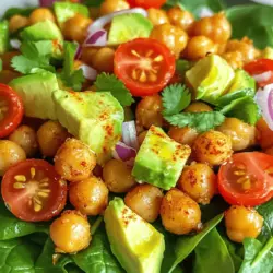 To make a Crispy Chickpea & Avocado Salad, you need some key ingredients. Here’s what you’ll need: - 1 can (15 oz) chickpeas, rinsed and drained - 2 tablespoons olive oil - 1 teaspoon smoked paprika - 1 teaspoon garlic powder - Salt and pepper to taste - 2 ripe avocados, diced - 1 cup cherry tomatoes, halved - 1/2 red onion, finely chopped - 1 cup fresh spinach or mixed greens - Juice of 1 lime - Fresh cilantro, chopped (for garnish) These ingredients create a fresh and tasty salad. The chickpeas add crunch, while the avocados bring creaminess. The lime juice brightens the flavors and adds a zesty touch. You can customize your salad with some optional add-ins. Here are some ideas: - Feta cheese for a salty kick - Cucumber for extra crunch - Corn for sweetness - Bell peppers for color and crunch Feel free to mix and match these add-ins. They can boost flavor and nutrition in your salad. Try different combinations to find your favorite mix. This salad is not just tasty; it's also good for you. Here’s how it stacks up: - Chickpeas: High in protein and fiber, they help you feel full. - Avocados: Packed with healthy fats, they support heart health. - Spinach: Full of vitamins, it boosts your immune system. - Tomatoes: Rich in antioxidants, they can help fight disease. Each serving offers a balanced mix of nutrients. Enjoying this salad regularly can keep your diet fresh and healthy. If you want the full recipe, check out the recipe section above! To start, preheat your oven to 400°F (200°C). This step is key to getting crispy chickpeas. Grab a can of chickpeas. Rinse and drain them well. In a bowl, add the chickpeas and two tablespoons of olive oil. Sprinkle in one teaspoon of smoked paprika and one teaspoon of garlic powder. Add salt and pepper to taste. Toss everything together until the chickpeas get coated evenly. Spread them out in a single layer on a baking sheet. Roast them in the oven for 25 to 30 minutes. Shake the pan halfway through for even cooking. You want them golden and crispy. While the chickpeas cook, you can make the salad base. Take a large mixing bowl and add two ripe, diced avocados. Next, add one cup of halved cherry tomatoes and a half of a finely chopped red onion. You can use a knife or a food processor for this. Toss in one cup of fresh spinach or mixed greens. The greens add a nice crunch and brightness to the salad. Once the chickpeas are crispy, let them cool for a few minutes. Then, add them to the salad bowl. Squeeze the juice of one lime over the mixture. This gives it a fresh kick. Gently toss all the ingredients together until they mix well. For a finishing touch, garnish with chopped cilantro. Serve your salad immediately for the best taste and texture. You can find the full recipe [here]. To get crispy chickpeas, start with dry chickpeas. After rinsing, pat them dry with a towel. This helps remove excess moisture. Next, toss them in olive oil and spices. I love using smoked paprika and garlic powder for a flavor boost. Spread them on a baking sheet in one layer. Bake them at 400°F for 25-30 minutes. Shake the pan halfway through for even cooking. Choosing ripe avocados is key for this salad. Look for avocados that are firm but yield slightly when pressed. Avoid any with dark spots or blemishes. If you find hard avocados, let them ripen at room temperature. Once they're soft, store them in the fridge to slow the ripening. For this recipe, you want avocados that are creamy and smooth. For added flavor, I suggest a simple lime dressing. Just squeeze fresh lime juice over the salad. It brightens the dish and balances the creaminess of the avocado. You can also mix in a bit of honey or maple syrup for sweetness. If you like heat, consider adding a pinch of chili flakes. This will give your salad an extra kick! For the full recipe, click here. {{image_2}} You can easily make this salad vegan and gluten-free. The main ingredients, chickpeas and avocados, are already both. Use certified gluten-free seasonings to keep it safe. If you want a creamy dressing, blend avocado with lime juice. This adds a nice touch without dairy. Seasonal ingredients can change the flavor of your salad. In spring, add fresh peas or asparagus for crunch. In summer, swap cherry tomatoes for diced cucumbers. Fall brings great apples or pears for sweetness. Winter lets you use roasted root veggies. These swaps keep your meal fresh and interesting. If you need more protein, try adding cooked quinoa or lentils. These options boost the salad's nutrition. Grilled chicken or shrimp also work well for a heartier dish. Aim for flavors that blend nicely with the chickpeas and avocado. Experiment with your favorite proteins to find what you love. For the full recipe, refer to the section above. To keep your crispy chickpea and avocado salad fresh, you should store it in an airtight container. Make sure to add the crispy chickpeas on top, so they stay crunchy. Avoid mixing them in if you plan to eat it later. The salad will stay good for about two days in the fridge. You don’t need to reheat this salad. If it loses some crunch, just add a little more lime juice and toss it gently. If you want, you can roast new chickpeas to add back the crunch. This will make the salad taste fresh again. The ingredients in your salad have different shelf lives. Here’s a quick guide: - Chickpeas: Canned chickpeas can last for years if unopened. Once opened, use them within a few days. - Avocados: Ripe avocados last 1-2 days at room temp. In the fridge, they last about 3-5 days. - Cherry Tomatoes: They stay fresh for about a week in the fridge. - Red Onion: Whole onions can last for weeks. Once chopped, use within 1 week. - Spinach: Fresh spinach lasts about 5-7 days in the fridge. Following these tips helps ensure your salad stays fresh and tasty. Enjoy your delicious crispy chickpea and avocado salad! For the full recipe, check out the details above. Yes, you can prepare parts of this salad ahead. Cook the chickpeas and let them cool. Store them in an airtight container. You can also chop the veggies and mix them in a bowl. Keep the avocado separate until you serve. This way, the salad stays fresh and crunchy. When ready to eat, combine everything and squeeze lime juice over it. This will keep the flavors bright. If you want a different base, try black beans or lentils. Both offer protein and flavor. You can also use roasted edamame for a fun twist. Each option brings its own taste, making the salad unique. Just ensure that whatever you choose is cooked and seasoned well. To keep avocados fresh, squeeze lime or lemon juice on them. The acid helps slow down browning. You can also store them in water if they are cut. Cover the bowl tightly with plastic wrap. Keep them in the fridge until you are ready to use them. This will help keep your salad looking vibrant and fresh. For the complete recipe, check my [Full Recipe]. This blog post shared how to make a crispy chickpea and avocado salad. You learned about the main ingredients, optional add-ins, and nutrition facts. I gave you clear steps for prepping and assembling the salad. I shared tips for perfect chickpeas and choosing ripe avocados. You also discovered fun variations and storage tips. Creating this salad is simple, tasty, and flexible. I hope you feel ready to make it your own!