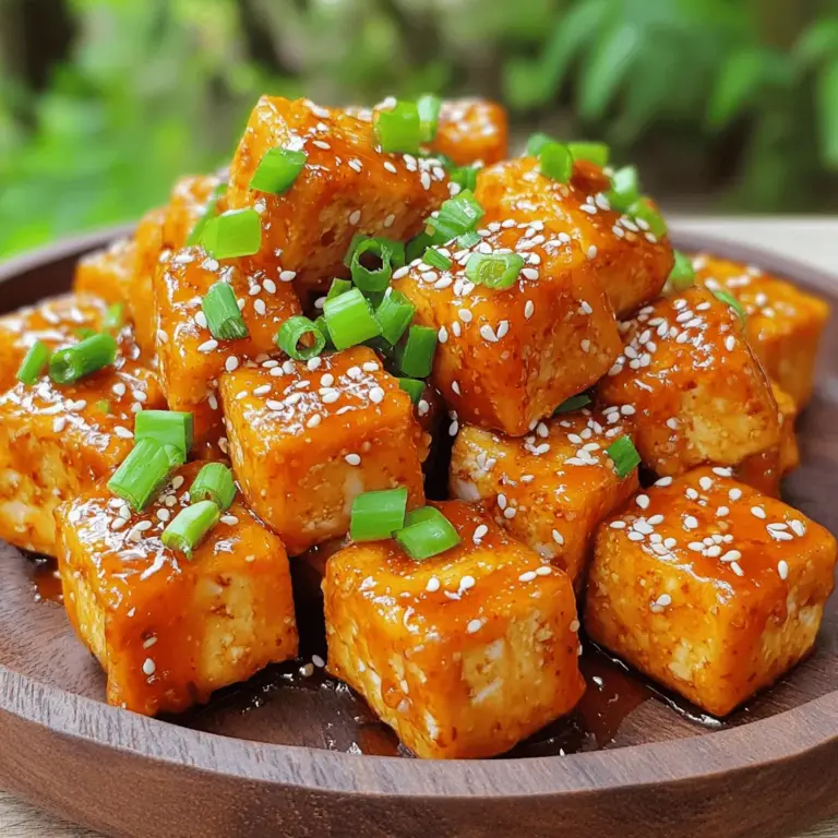 - 1 block (14 oz) firm tofu, drained and pressed - 3 tablespoons honey - 2 tablespoons Sriracha sauce - 1 tablespoon soy sauce - 1 tablespoon sesame oil - 1 tablespoon cornstarch - 2 tablespoons olive oil - 1 teaspoon garlic powder - 1 teaspoon ground ginger - Sesame seeds and green onions for garnish When I make Honey Sriracha Glazed Tofu Bites, I focus on fresh, quality ingredients. The star of this dish is firm tofu, which holds its shape and absorbs flavors well. You want the tofu drained and pressed to remove excess water. This ensures it crisps up nicely when cooked. The honey and Sriracha sauce create a perfect balance of sweet and spicy. Honey adds a rich taste, while Sriracha gives it a kick. Soy sauce adds depth, enhancing the overall flavor. For added crunch and texture, sesame oil is key. It brings a nutty flavor that pairs well with the glaze. Cornstarch helps create that delightful crispy outer layer when sautéed. Finally, garnishing with sesame seeds and green onions adds a nice touch. They give a pop of color and extra flavor to the dish. You can find the full recipe for these tasty bites in the article. Enjoy your cooking! First, you need to press the tofu. Place it on a plate and add a heavy object on top. Let it sit for about 30 minutes to drain excess water. Next, cut the tofu into bite-sized cubes. Aim for roughly 1-inch pieces. This size helps them cook evenly and soak up the glaze. Now, let’s make the sweet and spicy glaze. In a small bowl, whisk together the following ingredients: - 3 tablespoons honey - 2 tablespoons Sriracha sauce - 1 tablespoon soy sauce - 1 tablespoon sesame oil - 1 teaspoon garlic powder - 1 teaspoon ground ginger Mix until everything is well combined. The glaze should be smooth and tasty. Before cooking, coat the tofu cubes with cornstarch. Place the cornstarch in a bowl and toss the tofu gently until covered. This step makes the tofu crispy. In a large skillet, heat 2 tablespoons of olive oil over medium-high heat. Add the tofu cubes to the skillet and sauté for about 8 to 10 minutes. Turn them often until they are golden brown and crispy on all sides. Once the tofu is crispy, it’s time to add the glaze. Pour the honey Sriracha glaze over the tofu in the skillet. Stir to coat every piece of tofu evenly. Cook for an additional 2 to 3 minutes, or until the glaze thickens and sticks to the tofu. After cooking, remove the skillet from heat and let the tofu cool for a minute. Transfer the honey Sriracha glazed tofu bites to a serving plate. For a finishing touch, sprinkle sesame seeds and sliced green onions on top. This adds great flavor and looks beautiful, too. You can find the full recipe for these tasty bites above. To make sure your tofu is nice and crispy, you need to press it well. Start by draining the tofu. Wrap it in a clean kitchen towel and place a plate on top. Let it sit for about 30 minutes. This helps remove excess water. Use firm or extra-firm tofu for the best results. Softer tofu will not hold its shape well. Firm tofu gives you the perfect bite. For the glaze, you can adjust the Sriracha to match your taste. If you prefer it less spicy, start with one tablespoon. You can always add more later. Using low-sodium soy sauce is a smart choice. It makes the dish healthier without losing flavor. Balance is key in this glaze. Honey Sriracha glazed tofu bites pair wonderfully with rice or quinoa. They add a nice crunch when served warm. You can serve the tofu with a side of dipping sauce. A simple soy sauce or a spicy mayo works great. Enjoy your tasty dish! For more details, check the Full Recipe. {{image_2}} You can easily make this dish vegan. Instead of honey, use agave syrup or maple syrup. These substitutes give a sweet touch without using animal products. For those needing gluten-free options, swap soy sauce for tamari. Tamari has a similar taste and works well in this recipe. Want to change things up? Try adding lime juice. The lime adds a bright zing that pairs well with the glaze. You can also mix in spices like smoked paprika. This spice brings a nice smoky flavor and depth to the dish. If you prefer less oil, you can bake the tofu instead of frying it. Preheat your oven to 400°F (200°C) and bake the tofu for about 25 minutes. Flip halfway through for even cooking. Another healthy choice is air frying. Air fry the tofu for about 15 minutes for crispy bites without much oil. For the full recipe, check out the Honey Sriracha Glazed Tofu Bites section. To keep your tofu bites fresh, place them in an airtight container. This will prevent them from getting soggy. I recommend storing them in the fridge for up to three days. If you leave them longer, they might lose their great taste and texture. For the best taste when reheating, use a skillet. Heat a small amount of oil over medium heat. Add the tofu bites and cook until they are warm and crispy again. You can also use an air fryer. This method keeps them crunchy and delicious. Avoid using the microwave, as it can make them soft. Yes, you can freeze cooked tofu! To do this, make sure the tofu bites are completely cool. Place them in a freezer-safe bag or container. They can last in the freezer for up to three months. When you're ready to eat, thaw them in the fridge overnight. Reheat them in a skillet for the best results. This way, they'll be tasty and crispy, just like when you first made the honey Sriracha glazed tofu bites. For the full recipe, check out the earlier sections. Yes, you can. I recommend using firm or extra-firm tofu. These types hold their shape well during cooking. Silken tofu can work too, but it may not get crispy. For a softer texture, use soft tofu, but be gentle. Each type gives a unique mouthfeel and taste. The glaze has a good kick. Sriracha adds heat, but you can adjust it. If you want less spice, use less Sriracha. You can also add more honey to make it sweeter. Taste it while making the glaze to find your perfect balance. These tofu bites pair well with rice or quinoa. You can also serve them with a fresh salad. Veggies like steamed broccoli or snap peas make great sides too. For dipping, try a soy sauce or peanut sauce. Mixing flavors creates a fun dining experience. Absolutely! You can press and cut the tofu a day before. Store it in the fridge to keep it fresh. You can also make the glaze in advance. Just mix it and store in a jar. When you're ready, cook the tofu and add the glaze from the [Full Recipe]. In this article, we've explored how to make Honey Sriracha Glazed Tofu Bites. We discussed the main and garnishing ingredients, along with step-by-step instructions to create crispy tofu. You learned tips for perfecting your dish and various ways to adapt the recipe for different diets. Remember, you can customize the flavors to match your taste. Enjoy serving these tasty tofu bites with rice or your favorite sides. They are a great way to impress family and friends with a healthy and flavorful dish.