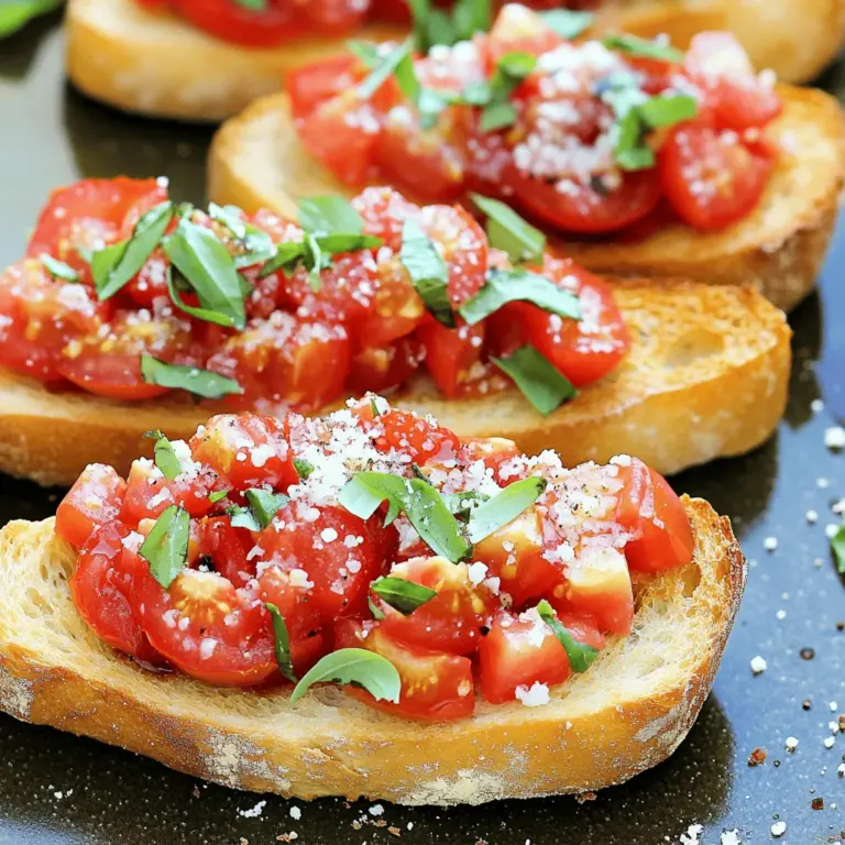 To make classic tomato basil bruschetta, you need simple, fresh ingredients. Here’s what you'll gather: - 1 French baguette or ciabatta, sliced into ½-inch thick pieces - 4 ripe tomatoes, diced - 1 cup fresh basil leaves, finely chopped - 3 cloves garlic, minced - 3 tablespoons extra-virgin olive oil - 1 tablespoon balsamic vinegar - Salt and pepper to taste These ingredients come together to create bright flavors. Fresh basil and ripe tomatoes are key. They add a burst of taste and color. For a little extra flair, consider these add-ons: - Grated Parmesan cheese for topping - A drizzle of balsamic glaze - Chopped olives for a salty kick These options let you customize your bruschetta. You can mix and match based on what you love. If you need substitutions, don’t worry! Here are some easy swaps: - Use whole wheat bread if you prefer a healthier option. - Swap out tomatoes for diced peaches for a sweet twist. - Try fresh oregano instead of basil for a different herb flavor. These changes keep the spirit of bruschetta alive while adding new tastes. Feel free to experiment as you create your own delicious version. To start, preheat your oven to 400°F (200°C). This step is key for getting that nice crunch. Next, take your French baguette or ciabatta and slice it into ½-inch thick pieces. Lay them flat on a baking sheet in a single layer. Now, grab 2 tablespoons of extra-virgin olive oil and brush one side of each slice. This oil will help the bread get golden and crisp. Bake the bread for about 10 minutes. Keep an eye on it! You want the edges to turn golden brown. While your bread toasts, it’s time to prepare the tomato mix. In a medium bowl, combine 4 diced ripe tomatoes, 3 minced garlic cloves, and 1 cup of finely chopped fresh basil leaves. Add 1 tablespoon of balsamic vinegar and the remaining tablespoon of olive oil. Mix everything well. Season with salt and pepper to taste. This mixture is fresh and bright, bringing the taste of summer to your plate. Once the bread is toasted, take it out of the oven and let it cool for a minute. Spoon the tomato mixture generously onto the toasted side of each slice. Do this right before serving. This helps keep the bread from getting soggy. If you want, you can sprinkle some grated Parmesan cheese on top for an extra flavor boost. Enjoy your Classic Tomato Basil Bruschetta! For the full recipe, check out the details above. Choose ripe, firm tomatoes for your bruschetta. Look for bright colors and smooth skin. Heirloom and Roma tomatoes work well. They have great flavor and texture. If possible, smell the tomatoes. They should smell sweet and earthy. This signals they are fresh and flavorful. If you have leftovers, store them in an airtight container. Keep the tomato mixture separate from the bread. This keeps the bread from getting soggy. You can store the tomato mix in the fridge for up to two days. To enjoy the bread again, toast it quickly. This brings back its crispiness. To prevent soggy bruschetta, add the tomato mix just before serving. Spoon it onto the bread right before you eat. This keeps the bread crunchy. You can also try toasting the bread a little longer. A good crunch holds up better against the juicy tomatoes. For even more texture, consider using a thicker slice of bread. For the full recipe, check out the Classic Tomato Basil Bruschetta recipe above! {{image_2}} You can change up the bread for bruschetta. While a French baguette is popular, ciabatta works great too. You might also try sourdough for a tangy taste. If you want something softer, use focaccia. Each type of bread brings a unique texture and flavor to your bruschetta. Adding more flavors can make your bruschetta special. You can top it with cheese. Grated Parmesan adds a salty touch. Fresh mozzarella gives it a creamy feel. You can also add sliced roasted peppers for a sweet twist. For a spicy kick, try sliced jalapeños or red pepper flakes. Each option can make your bruschetta pop with flavor. If you want a vegan bruschetta, skip the cheese. You can still enjoy great taste with fresh veggies. Try adding olives or capers for a salty bite. For gluten-free options, use gluten-free bread. Many brands offer tasty choices. This way, everyone can enjoy classic tomato basil bruschetta. Check out the Full Recipe for more tips on making this dish. To keep your bruschetta fresh, store the bread and tomato mix apart. Place the toasted bread in an airtight container. This keeps it crispy longer. For the tomato mix, use a bowl with a lid. This helps maintain its flavor and moisture. You can store both in the fridge for up to two days. If you want to save the tomato mix for later, freezing is a great option. First, cool the mix to room temperature. Then, transfer it to a freezer bag. Flatten the bag before sealing to save space. Label the bag with the date. You can freeze it for up to three months. When ready to use, thaw it in the fridge overnight. To reheat your toasted bread, use an oven or toaster oven. Preheat the oven to 350°F (175°C). Place the bread on a baking sheet for about five minutes. This will help it regain its crunch. Avoid using the microwave, as it can make the bread soggy. Enjoy your bruschetta fresh and crispy with the full recipe. For bruschetta, I recommend using a French baguette or ciabatta. These breads have a crispy outside and a soft inside. This texture helps hold the toppings well. You want bread that can support the juicy tomato mix without getting soggy. Think of it like a sturdy boat that carries all that flavor. Yes, you can prep some parts ahead of time. You can make the tomato mixture early in the day or even the night before. Just store it in the fridge. But, I advise making the toasted bread fresh before serving. This keeps the bread crisp and tasty. You can assemble right before you eat to ensure the best flavor. One mistake is using wet or overripe tomatoes. They can make the bread soggy fast. Always choose firm, ripe tomatoes for the best taste. Another common mistake is not toasting the bread enough. You want it nice and crunchy. Lastly, don’t add the topping too early. Wait until just before serving to keep everything fresh. Follow the Full Recipe for a guide that helps you avoid these pitfalls. You learned about classic tomato basil bruschetta, its ingredients, and how to make it. We covered steps for preparing the bread and making the tomato mix. I shared tips for keeping it fresh, choosing the right tomatoes, and avoiding soggy bites. Plus, I gave variations for different diets. With these insights, you can whip up this dish with ease. Enjoy creating your bruschetta masterpiece!