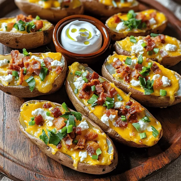 - 4 large russet potatoes - 1 cup shredded sharp cheddar cheese - 1/2 cup crumbled feta cheese - 1/2 cup cooked bacon bits (or crispy chickpeas for vegetarians) - 1/4 cup sour cream - 2 green onions, sliced - 1 tablespoon olive oil - 1 teaspoon garlic powder - 1 teaspoon paprika - Salt and pepper to taste - Fresh parsley for garnish To make loaded potato skins, you need simple, fresh ingredients. Start with russet potatoes. They have a nice texture for holding fillings. Next, gather sharp cheddar and feta cheese. These add rich, creamy flavors. For added crunch, use cooked bacon bits. If you prefer a vegetarian option, try crispy chickpeas. They give a nice bite and work well with the other flavors. Sour cream adds a cool touch, while green onions give a fresh pop. Don’t forget the olive oil, garlic powder, and paprika. These seasonings enhance every bite. Lastly, use salt and pepper to taste. Fresh parsley is perfect for garnishing your tasty snack. This combination of ingredients makes loaded potato skins savory and satisfying. You will want to share, but they are so good, you might keep them all for yourself! Check out the Full Recipe for more details. - Preheat your oven to 400°F (200°C). - Wash the potatoes well and dry them. - Use a fork to poke holes in each potato. - Rub the potatoes with olive oil, salt, and pepper. - Place them directly on the oven rack and bake for 45-50 minutes. - Check if they are tender by piercing with a fork. - Let the potatoes cool for a few minutes. - Cut each potato in half lengthwise. - Scoop out some flesh, leaving enough to hold the skin. - In a bowl, mix the scooped potato flesh with cheese and bacon bits. - Add garlic powder and paprika, then stir everything well. - Fill each potato skin with the cheesy mixture. - Place the filled skins on a baking sheet. - Bake them again for 10-15 minutes until the cheese melts. - Remove from the oven and top with sour cream and green onions. - Garnish with fresh parsley for a nice touch. These steps create a delicious snack. Enjoy every bite of your loaded potato skins! - Ensuring potatoes are perfectly baked: Start with large russet potatoes. Wash them well and dry them. Prick each potato with a fork. This lets steam escape while baking. Bake them at 400°F (200°C) for 45-50 minutes. They should be tender when pierced. - Tips for a crispy skin: For crispy skin, rub the potatoes with olive oil. Sprinkle with salt and pepper before baking. After scooping out the flesh, bake the skins again. This extra baking gives them a nice crunch. - Suggested ingredient additions: You can mix in different cheeses. Try gouda or pepper jack for a twist. Add jalapeños for some heat. You can also top them with diced tomatoes or avocado. - Seasoning tips for enhanced flavor: Use garlic powder and paprika to boost taste. Feel free to add herbs like thyme or rosemary. A squeeze of lime juice can brighten the dish. Experiment with different spices to find your favorite mix. {{image_2}} You can easily make loaded potato skins vegetarian. Instead of using bacon bits, try crispy chickpeas. They give a nice crunch and flavor. You can also add toppings like black beans, corn, or diced peppers. These options add color and taste. Fresh herbs like cilantro or basil also brighten the dish. Cheese is key in loaded potato skins. You can mix it up with different types. Try pepper jack for a spicy kick. Or use mozzarella for a milder taste. Adding spicy jalapeños or hot sauce gives a nice heat. If you love extra flavor, consider adding smoked paprika or onion powder. Each choice enhances the taste and makes your snack unique. To store your loaded potato skins, let them cool first. Place them in an airtight container. This keeps them fresh and safe. They last in the fridge for about 3 to 4 days. If you want to keep them longer, consider freezing. When you are ready to eat your leftovers, reheating is key. Preheat your oven to 350°F (175°C). Place the skins on a baking sheet. Bake them for about 10 to 15 minutes. This warms them up without making them soggy. You can also use the microwave if you are in a hurry. Just warm them for about 1 to 2 minutes. However, the oven gives a better texture and taste. Enjoy your tasty snack again! Can I make loaded potato skins in advance? Yes, you can prepare the potato skins ahead of time. Bake the potatoes and scoop out the flesh. Store the skins in the fridge. Fill them just before baking. How can I freeze loaded potato skins? To freeze, fill the potato skins and place them on a tray. Freeze until solid, then pack them in a freezer bag. They can last for up to three months. What sides pair well with loaded potato skins? You can serve them with a crisp salad, fresh veggies, or a zesty dip. These sides balance the rich flavors of the skins. How to prevent soggy skins? To keep the skins crispy, make sure to bake them long enough. Avoid overloading them with filling. Also, baking them again after filling helps. Are there gluten-free options for loaded potato skins? Yes! Most ingredients for loaded potato skins are gluten-free. Just ensure any added toppings, like sauces, are gluten-free. Full Recipe: Cheesy Loaded Potato Skins with a Twist 🥔 You now have a great recipe for cheesy loaded potato skins. Remember the key steps: bake, fill, and serve. Don’t forget to try out different cheese and toppings for fun flavors. Store leftovers well to enjoy later. If you have queries, check the FAQs for quick answers. Enjoy your cooking and share this recipe with friends and family!