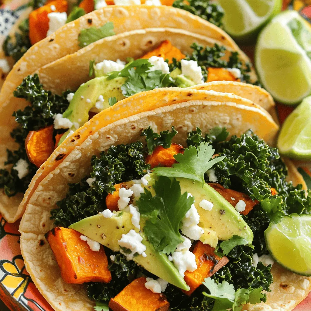 To make delicious roasted sweet potato kale tacos, you need some key ingredients. Let’s break them down. - Sweet Potatoes: Use 2 medium sweet potatoes. Peel and cube them. - Olive Oil and Spices: You will need 1 tablespoon of olive oil, 1 teaspoon of smoked paprika, 1 teaspoon of garlic powder, and salt and pepper to taste. - Kale and Additional Toppings: For the greens, grab 4 cups of kale. Remove the stems and chop it. To finish, use 8 small corn tortillas, 1 avocado (sliced), and ¼ cup of crumbled feta cheese (optional). Add fresh cilantro for garnish. These ingredients create a balance of sweet, savory, and fresh flavors. The sweet potatoes offer a creamy texture, while the kale adds a nice crunch. You can customize the toppings to your taste, making these tacos your own. For the full recipe, check out the details above. First, preheat your oven to 425°F (220°C). This will help the sweet potatoes cook evenly. Next, peel and cube two medium sweet potatoes. In a large bowl, toss the cubes with one tablespoon of olive oil. Add one teaspoon of smoked paprika, one teaspoon of garlic powder, and salt and pepper to taste. Mix until all the sweet potatoes are coated. Now, spread the sweet potatoes in a single layer on a baking sheet lined with parchment paper. Bake for 25-30 minutes. Stir them halfway through for even cooking. The sweet potatoes should be tender and caramelized when done. While the sweet potatoes roast, heat a skillet over medium heat. Add four cups of chopped kale, making sure to remove the stems first. Sauté for about 3-4 minutes until the kale wilts. Drizzle with one tablespoon of lemon juice, then season with salt and pepper. Remove the skillet from the heat once the kale is tender. To warm the tortillas, heat eight small corn tortillas in a dry pan or microwave until they are soft. Now comes the fun part! Place a generous spoonful of roasted sweet potatoes onto each tortilla. Follow this with a handful of the sautéed kale. Top it off with sliced avocado and some crumbled feta cheese if you want. Finally, add fresh cilantro for garnish. For the full recipe, check out the complete guide. Enjoy your delicious tacos! To make your roasted sweet potato kale tacos pop, use spices wisely. Here are some great ideas: - Smoked paprika adds a warm, smoky flavor. - Cumin brings a nice earthiness. - Chili powder can add some heat. - Fresh herbs like cilantro or parsley enhance freshness. Mix and match these spices based on your taste. You can also add lime juice for a zesty twist. Serving tacos is an art! Here are some fun ways to make them look great: - Serve on a bright platter to catch the eye. - Add lime wedges for a splash of color and flavor. - A sprinkle of extra cilantro on top adds a fresh look. - Consider stacking tacos or arranging them in a line. This makes them easy to grab and enjoy! These tacos can fit many diets. Here are some easy swaps: - For vegan, skip the feta cheese or use a vegan alternative. - To make gluten-free, choose corn tortillas. - If you need nut-free options, feel free to omit any nuts. You can customize the recipe to meet your needs and still enjoy great taste. For the full recipe, check the earlier section. {{image_2}} You can mix up the roasted sweet potato and kale tacos with other veggies. Try adding black beans for protein and fiber. Bell peppers bring a sweet crunch. Roasted corn adds a smoky flavor. You could also use zucchini or mushrooms for a hearty touch. These options will keep your tacos fresh and exciting. Pair your tacos with tasty sauces and salsas. A simple avocado crema adds creaminess. Just blend avocado, lime juice, and a pinch of salt. If you prefer heat, a spicy salsa verde works well. You can also buy store-bought options for quick meals. Experiment with different flavors to find your favorite! Don't forget the toppings! Fresh cilantro is a must for brightness. Sliced radishes add a crisp bite. You can also sprinkle on crumbled feta cheese for extra creaminess. A squeeze of lime juice enhances all the flavors. These garnishes will take your tacos to the next level! For the full recipe, check out the Roasted Sweet Potato Kale Tacos. To keep your roasted sweet potato kale tacos fresh, store them in an airtight container. Place the tacos in the fridge right after cooling. They should last for about 3-4 days. If you only have leftover filling, it can also be stored separately. Sweet potatoes and kale store well together, so don’t worry if they mix. When you're ready to eat those tasty leftovers, reheat them in a skillet over medium heat. This method keeps the tacos crispy. If you have a microwave, you can use it too. Just cover the tacos with a damp paper towel to keep them moist. Heat for 30 seconds, then check if they are warm enough. Meal prepping these tacos is easy and smart. You can roast the sweet potatoes and sauté the kale ahead of time. Store them separately in the fridge. When you’re ready to eat, just warm the filling and tortillas. This way, you can enjoy fresh tacos in just a few minutes. You can find the Full Recipe to help with the meal prep process. Roasted Sweet Potato Kale Tacos are a tasty and healthy dish. They feature roasted sweet potatoes, sautéed kale, and fresh toppings. Each taco bursts with flavor and color. You will love how the sweet and smoky tastes blend together. The creamy avocado and tangy feta add more depth. These tacos are not only delicious but also easy to make. Yes, you can use different tortillas for your tacos. Flour tortillas are a great choice for a softer bite. Whole wheat tortillas offer a nutty flavor and more fiber. You can also try lettuce wraps for a low-carb option. Just make sure to warm them up before assembling your tacos. Warming makes them easier to fold and enhances the taste. Roasted sweet potatoes can last about 3 to 5 days in the fridge. Store them in an airtight container to keep them fresh. Check for any signs of spoilage before using them. If they smell off or look discolored, it’s best to throw them away. To reheat, simply warm them in the oven or microwave. Enjoy them in salads or as a side dish too! In this article, we explored how to make delicious roasted sweet potato kale tacos. We covered the essential ingredients like sweet potatoes, olive oil, kale, and various toppings. You learned step-by-step instructions for preparing, cooking, and assembling your tacos. Plus, you gained tips for enhancing flavor, presenting your dish, and making dietary adjustments. These tacos are easy, tasty, and adaptable for many diets. Enjoy your cooking adventure with these flavors!