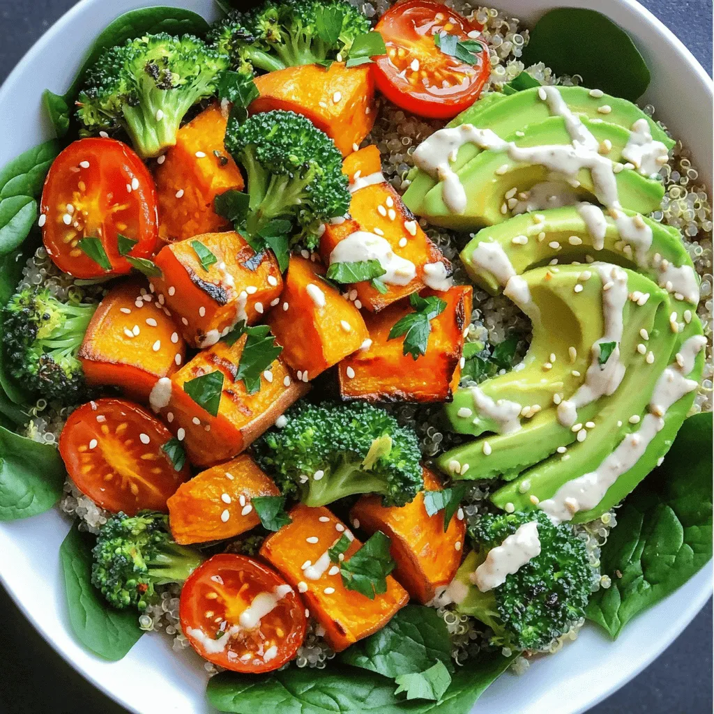 - 1 cup quinoa - 2 cups vegetable broth - 1 cup chickpeas, cooked (or canned, drained and rinsed) - 1 medium sweet potato, peeled and cubed - 1 cup broccoli florets - 1 cup cherry tomatoes, halved - 1 avocado, sliced - 2 cups baby spinach - 1 tablespoon olive oil - 1 teaspoon smoked paprika - 1 teaspoon garlic powder - Salt and pepper, to taste - Tahini dressing (for serving) When you prepare this Vegan Buddha Bowl, you'll love how colorful and tasty it is. Each ingredient adds a unique flavor and texture. Let's dive deeper into why these ingredients shine. Quinoa serves as a great base. It’s rich in protein and fiber. You can use vegetable broth for cooking it. This adds more flavor than water. Chickpeas are a must. They give protein and a nice bite. Sweet potatoes add sweetness and creaminess. Roasting them brings out their best flavor. Broccoli and cherry tomatoes add crunch and freshness. The bright colors make your bowl pop! Avocado adds creaminess and healthy fats. Baby spinach gives a boost of nutrients. Olive oil and spices like smoked paprika and garlic powder make everything delicious. They bring warmth and depth. Don’t forget the tahini dressing! It ties all the flavors together. - Sesame seeds - Fresh parsley - Additional protein options For extra crunch and flavor, consider adding sesame seeds. Fresh parsley brings brightness. If you want more protein, add tofu or tempeh. These toppings make your bowl even better! - Calories and macronutrients - Health benefits of plant-based ingredients This Vegan Buddha Bowl is packed with nutrients. It is low in calories but high in protein and fiber. Each ingredient offers health benefits. Quinoa helps with muscle repair. Chickpeas support heart health. Sweet potatoes provide vitamins A and C. Eating a variety of colors means you get different nutrients. This bowl is not only good for your body but also for your taste buds! For the full recipe, check out the vibrant nourish Buddha bowl section. 1. Preheat the oven: Set your oven to 400°F (200°C). This helps to roast our veggies perfectly. 2. Cooking the quinoa: In a medium pot, mix 1 cup of rinsed quinoa with 2 cups of vegetable broth. Bring it to a boil. Once it boils, lower the heat and cover it. Cook for about 15 minutes until it's fluffy. Remove from heat and let it sit for 5 minutes. 3. Seasoning and roasting sweet potatoes: Peel and cube 1 medium sweet potato. Toss it in a bowl with 1 tablespoon of olive oil, 1 teaspoon of smoked paprika, 1 teaspoon of garlic powder, salt, and pepper. Spread the sweet potato on a baking sheet. 1. Baking sweet potatoes and broccoli: Place the sweet potatoes in the preheated oven. Bake them for about 25-30 minutes. Flip them halfway to ensure even cooking. In the last 10 minutes, add 1 cup of broccoli florets to the baking sheet. Drizzle with a bit of olive oil and season with salt and pepper. 2. Assembling the Buddha bowl: Start with a base of quinoa. Top it with fresh baby spinach, cooked chickpeas, roasted sweet potatoes, and broccoli. Add halved cherry tomatoes and slices of avocado on top. - Tips for adding extra flavors: Drizzle some tahini dressing over your bowl for creaminess. You can add lemon juice or hot sauce for a punch. Fresh herbs like parsley or basil add brightness. - Recommended serving size: This recipe serves about 2 people. Each bowl can be a filling meal packed with nutrients. To create a colorful Buddha bowl, use a variety of vegetables. Choose bright colors like orange sweet potatoes, green broccoli, and red cherry tomatoes. This not only makes your meal pretty but also packs in nutrients. Mix crunchy and creamy elements for the best texture. Roasted sweet potatoes add creaminess, while chickpeas give a nice bite. Add avocado for a rich, creamy taste that balances the crunch of fresh spinach. To boost protein in your bowl, consider adding tofu or tempeh. Both are excellent choices. They soak up flavors well and make your meal more filling. Incorporate superfoods for extra health benefits. Seeds like chia or hemp are great options. They add healthy fats and protein. You can also try adding spirulina or nutritional yeast for a nutrient boost. Preparing ingredients in advance saves time. Cook quinoa and roast sweet potatoes early in the week. Store these in airtight containers in the fridge. Assemble bowls just before eating. This keeps everything fresh. You can layer ingredients, but keep dressings separate until ready to serve. This way, your bowl stays crisp and delicious. For the full recipe, check the Vibrant Nourish Buddha Bowl section. {{image_2}} You can easily change your Vegan Buddha Bowl to meet your needs. If you want a gluten-free option, use quinoa, which is naturally gluten-free. You can also swap out chickpeas for lentils or any other beans. For low-carb substitutes, try using cauliflower rice instead of quinoa. It adds texture and keeps the bowl light and fresh. Want a twist? Go for a Mediterranean Buddha Bowl. Use roasted red peppers, olives, and feta cheese made from plants. Drizzle olive oil and lemon juice on top for added flavor. For an Asian-inspired bowl, add edamame, shredded carrots, and sesame seeds. You can dress it with soy sauce or a ginger dressing to make it pop. Using seasonal ingredients makes your dish fresh and vibrant. In spring, add asparagus and snap peas. In fall, swap in roasted beets or Brussels sprouts. Each season brings unique flavors that you can use to keep your Buddha Bowl exciting. You’ll enjoy the taste of fresh produce while eating healthy. To keep your Vegan Buddha Bowl fresh, store it right. Here are some tips: - Refrigeration tips: Place leftovers in an airtight container. This helps keep moisture in and prevents strong smells. Consume within three to four days for best taste. - Freezing options: You can freeze individual components like quinoa and sweet potatoes. Store them in freezer bags, removing as much air as possible. Use within three months for the best flavor. How long do ingredients last? Here’s the breakdown: - Quinoa: Cooked quinoa lasts about five days in the fridge. If frozen, it stays good for three months. - Chickpeas: Cooked chickpeas last about four to five days. If canned, they are good until the expiration date. - Sweet potatoes: Roasted sweet potatoes keep for about three to four days. If you freeze them, they last up to six months. - Broccoli and spinach: These last about three to five days in the fridge. If you see yellowing or wilting, they are past their prime. What are the best methods for reheating quinoa and vegetables? - Quinoa: Reheat in a pan over low heat. Add a splash of water to keep it moist. Stir until warm. - Vegetables: Use the oven or a skillet. Heat at low to medium until warmed through. This helps keep their texture and flavor. Keeping textures intact is key. Avoid the microwave if you can. It can make veggies mushy. Enjoy your Vegan Buddha Bowl fresh or reheated! For detailed cooking instructions, check the Full Recipe. A Buddha bowl is a colorful dish filled with healthy foods. It usually has a mix of grains, veggies, protein, and a sauce. You can create your own bowl with what you love! The idea is to make it look beautiful and tasty. It is like a meal in a bowl that’s good for you. To make a Vegan Buddha bowl, follow these essential steps: 1. Start with a grain base like quinoa. Cook it in vegetable broth for extra flavor. 2. Add protein, like chickpeas. You can use cooked or canned. 3. Choose your veggies. Roasted sweet potatoes, fresh spinach, and broccoli work well. 4. Layer everything in a bowl. Add your grains, protein, and veggies in a colorful way. 5. Finish with a tasty sauce, like tahini dressing. This adds creaminess and flavor. You can find the full recipe for more detailed steps. Yes, you can make Buddha bowls ahead of time! Here are some tips: - Cook your grains and protein in advance. Store them in the fridge. - Chop and roast your veggies on a meal prep day. - Assemble the bowls, but keep the sauce separate. This keeps everything fresh and tasty. - Store the bowls in airtight containers to keep them good for about three days. Meal prepping makes it easy to enjoy healthy meals all week! In this blog post, I shared how to create a delicious Buddha bowl. We covered key ingredients like quinoa, chickpeas, and sweet potatoes. I provided step-by-step instructions for preparation and cooking, along with tips for balancing flavors. You learned about nutritional highlights and meal prep strategies. Buddha bowls are nutritious, easy to customize, and fun to make. I hope you feel ready to try your own version. Enjoy the process and experiment with flavors!
